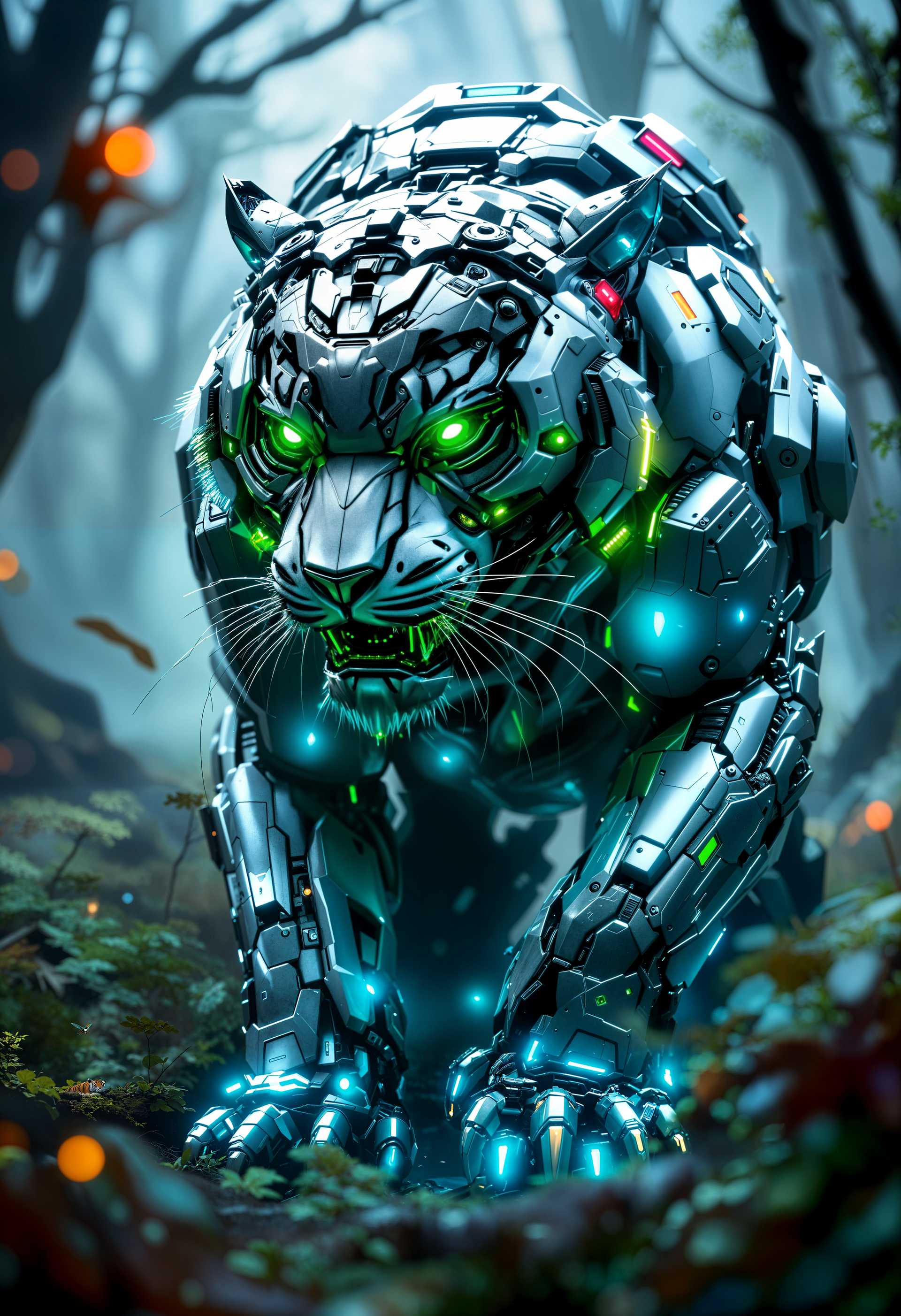 AI-generated image: A highly detailed portrait of a mecha Tiger, rendered in a **futuristic style** reminiscent of **cyb