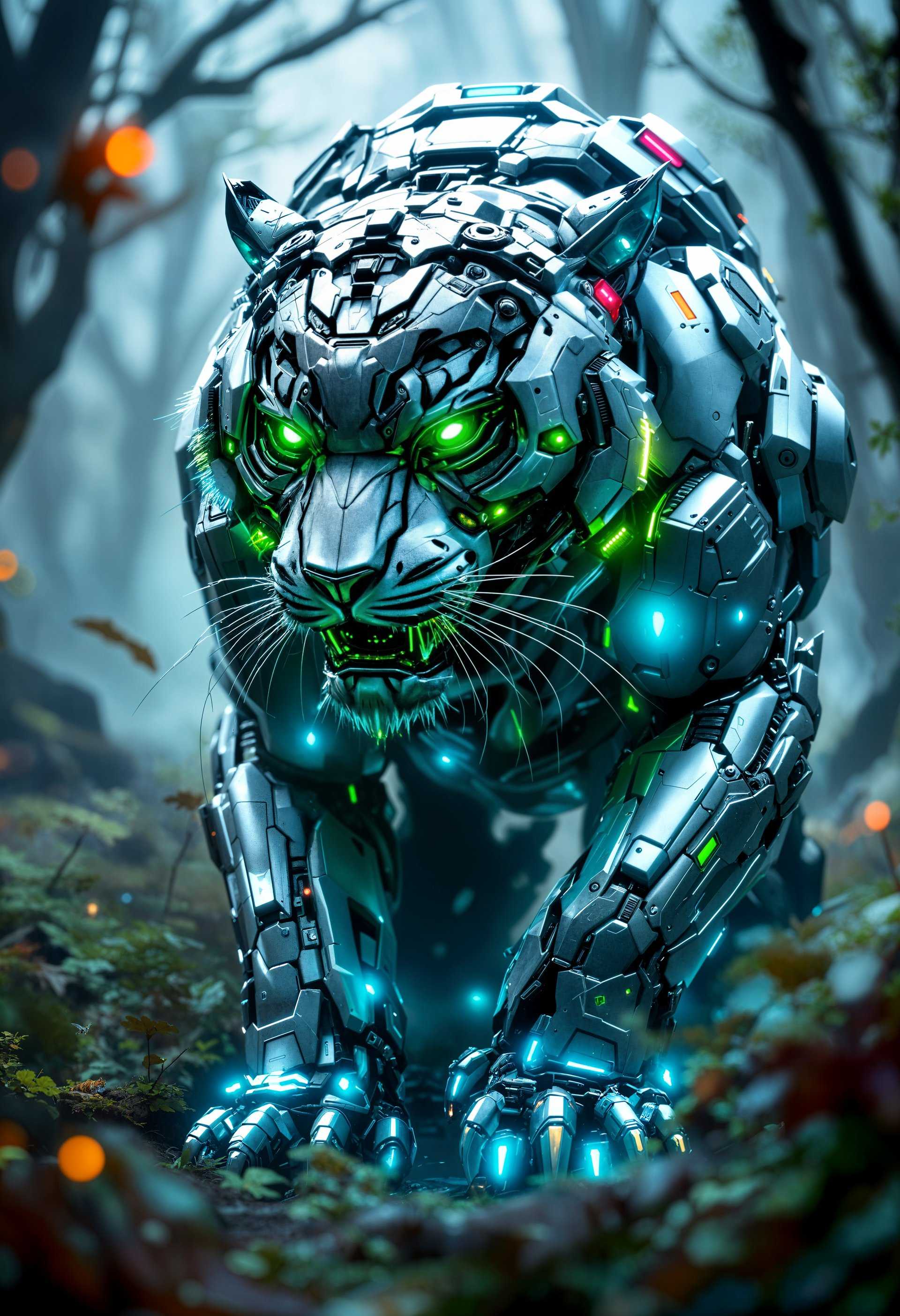 A highly detailed portrait of a mecha Tiger, rendered in a **futuristic style** reminiscent of **cyberpunk aesthetics**. The tiger's mechanical body gleams with **metallic silver and neon blue accents**, showcasing **intricate machinery** beneath a semi-transparent, **reflective surface**. Its eyes burn with **vibrant green LED light**, piercing through the **dense, misty environment** of a **futuristic wild** - an overgrown, post-apocalyptic landscape where nature has reclaimed the ruins of civilization.

- **Visual Details**: The mecha tiger's fur is replaced by **interlocking metal plates**, with **hydraulic muscles** visible under transparent armor. **Rust spots** and **wear patterns** add to the realism of this war machine turned into a guardian of the new wilderness. Neon lights from distant city ruins cast **soft, colorful glows** on the tiger, enhancing its otherworldly presence.

- **Composition**: The camera angle is **low**, looking up at the majestic beast, emphasizing its **size and power**. It stands atop a **crumbling skyscraper**, with **vines and moss** covering the structure, framing the tiger against a **hazy, smoggy sky**. The scene is **tightly framed** to focus on the tiger's face and upper body, with just enough background to establish the setting.

- **Mood and Atmosphere**: The atmosphere is **eerie yet majestic**, with **fog and mist** swirling around, creating a **mysterious and slightly ominous mood**. The time of day is **dusk**, with the last rays of sunlight mixing with artificial light from the remnants of human civilization, creating an **ethereal glow**.

- **Technical Aspects**: Use **soft focus** on the background to keep attention on the mecha tiger, with **high contrast** and **vibrant color saturation** to make the neon elements pop. Apply **bokeh effects** to lights in the background to enhance the depth of field. The image should appear as if **shot with a high-resolution camera**, capturing every mechanical detail with **HDR-like clarity**.

- **Cohesion**: The scene blends **nature's reclamation** with **human technology**, creating a seamless fusion where the mecha tiger feels both out of place and perfectly adapted to its environment, a guardian of this new, wild world.