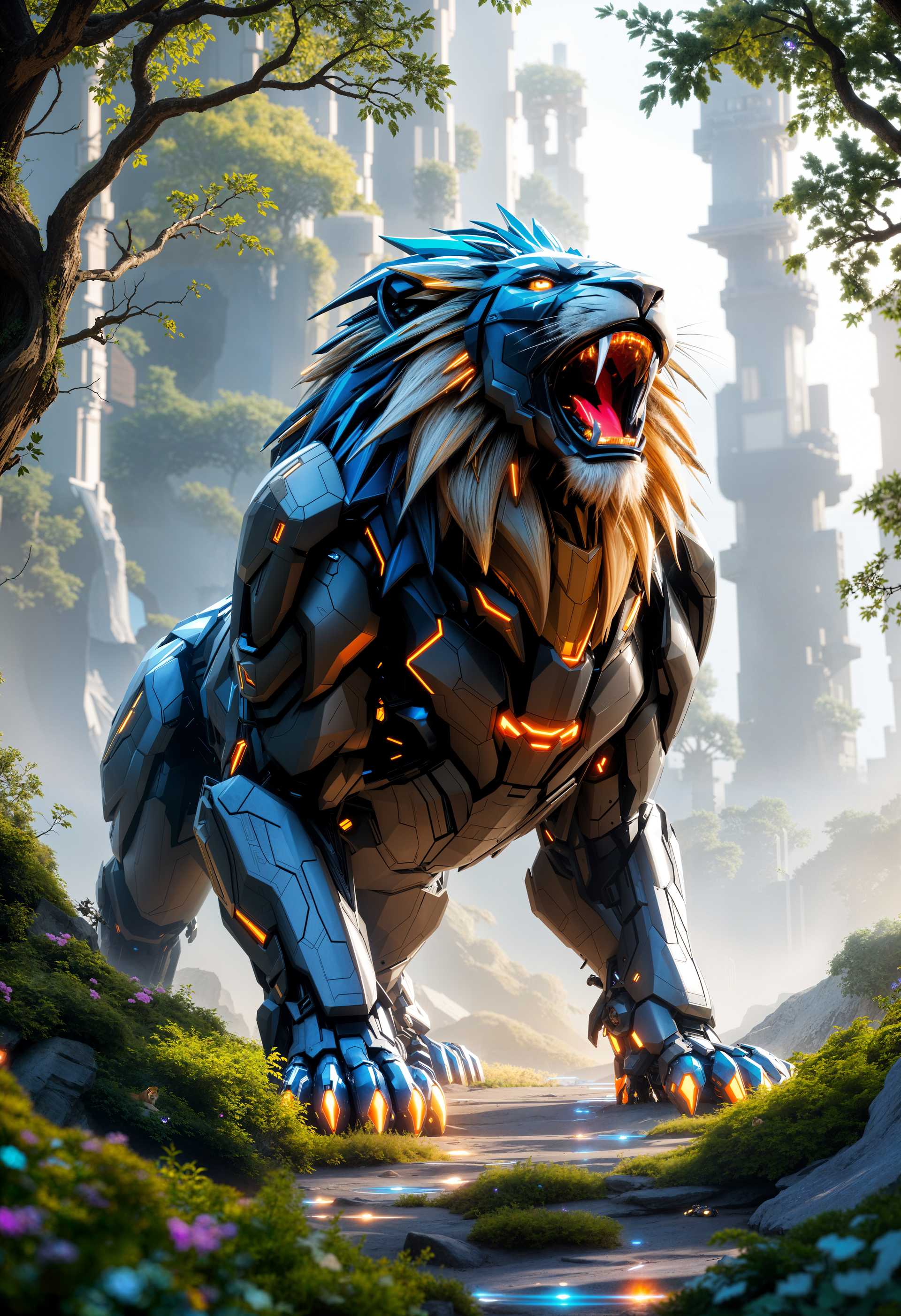 AI-generated image: **Subject:** A mecha Lion, standing majestically in a futuristic wild landscape, roaring with intens