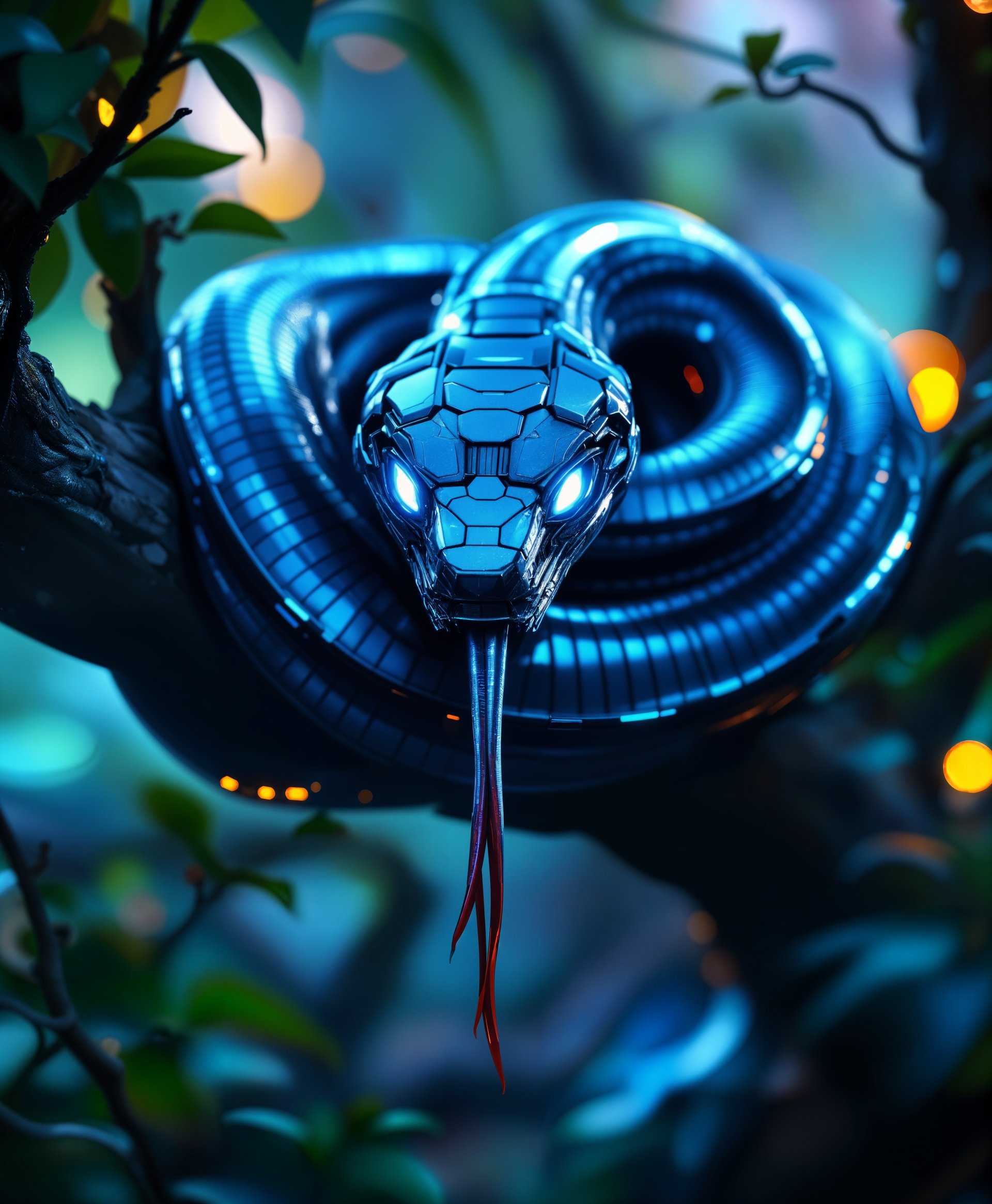 **Visual Concept:** A highly detailed portrait of a futuristic mecha snake, designed with sleek, metallic scales that reflect the ambient light in a captivating manner. The mecha snake's eyes glow with an intense, electric blue, suggesting a high-tech intelligence and awareness. 

**Style:** Cyberpunk with influences from biomechanical art; think H.R. Giger's surreal and organic machine aesthetics fused with the neon-drenched, gritty urbanity of Blade Runner.

**Composition:** 
- The mecha snake is coiled on a branch of a bioengineered, neon-lit tree, its body wrapping around the branch, creating a dynamic S-curve. 
- The camera angle is low, looking up at the snake to emphasize its imposing presence against the backdrop of a futuristic wild landscape.
- The framing is tight, focusing on the snake's head and upper body, with the surrounding environment visible in the background but not distracting from the main subject.

**Mood and Atmosphere:** 
- The scene is set at twilight, with the sky painted in shades of deep purple and electric blue, signifying the transition from day to night in this futuristic setting.
- A light mist hangs in the air, diffusing the neon lights and creating a mystical, otherworldly atmosphere.
- The air is charged with a static electricity, visible as small sparks jumping between the mecha snake's scales, enhancing the feeling of a high-tech, electrified environment.

**Technical Aspects:** 
- Utilize chiaroscuro lighting to highlight the intricate details of the mecha snake's scales, giving depth and texture to the metalwork.
- Depth of field is shallow, with the background slightly blurred to keep the focus on the snake while hinting at the complexity of the environment.
- Use of lens flare from the neon lights to add to the cyberpunk aesthetic and provide a visual texture to the scene.

**Cohesion:** All elements, from the mecha snake's design to the lighting, composition, and atmosphere, work in harmony to create a believable, immersive scene within a futuristic, bioengineered wilderness. The image should convey a sense of awe, blending the organic with the mechanical in a seamless, futuristic ecosystem.