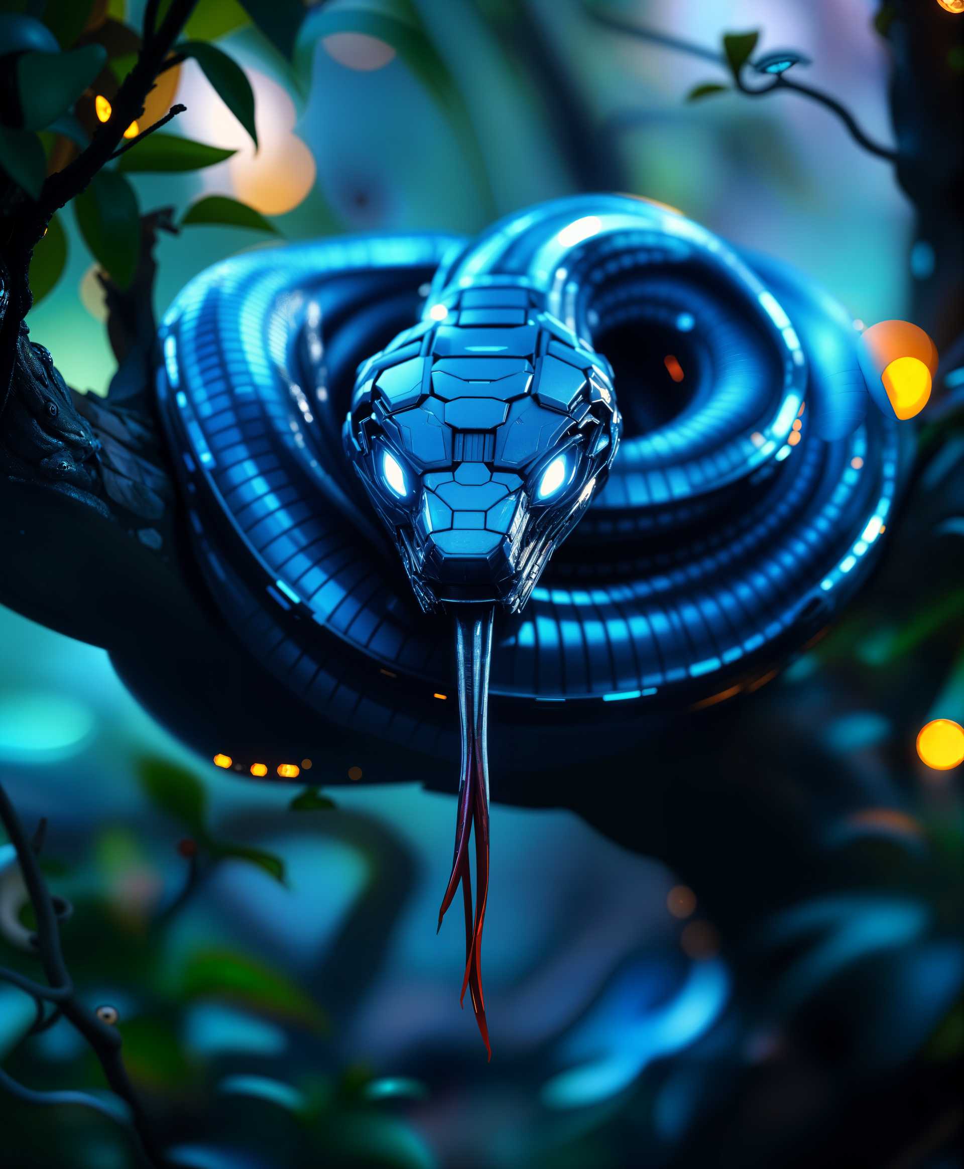 AI-generated image: **Visual Concept:** A highly detailed portrait of a futuristic mecha snake, designed with sleek, met