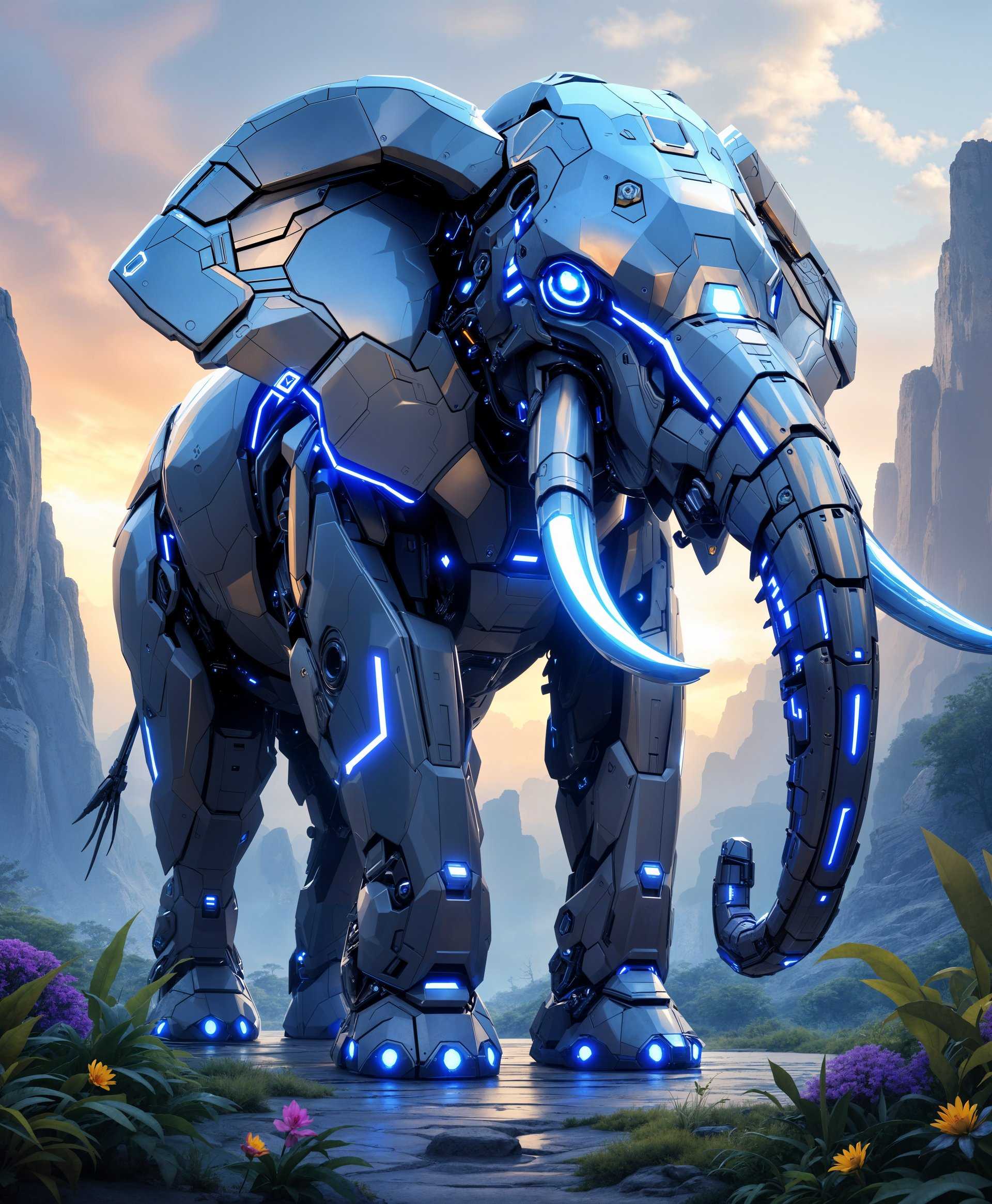 Generate a highly detailed digital painting of a **mecha Elephant** standing majestically in a **futuristic wild** landscape:

- **Visual Details:** The mecha Elephant's body should be composed of advanced, sleek metallic plates with intricate mechanical joints and glowing blue energy lines tracing its form. Its tusks are replaced by elongated, retractable laser cannons, and its eyes are piercing, LED lights that convey intelligence and power. The hide should show a blend of natural elephant skin texture transitioning into polished metal.

- **Colors:** Use a palette of **metallic silver, gunmetal gray, with accents of electric blue** for the energy lines. The surrounding environment should feature vibrant greens and blues, with hints of neon light from futuristic flora.

- **Lighting:** Capture the scene during a **golden hour** where the setting sun casts long shadows and highlights the reflective surfaces of the mecha Elephant, creating an ethereal glow around it.

- **Style:** Emulate a **hyper-realistic** art style with a touch of **cyberpunk aesthetic**, reminiscent of Syd Mead's detailed futuristic designs.

- **Composition:** The mecha Elephant should dominate the center of the frame, standing on a slight elevation, looking towards the viewer. The camera angle is slightly low, emphasizing its size and presence. Surround it with **futuristic vegetation**, partially obscuring the lower half of the frame, creating a sense of depth and scale.

- **Mood and Atmosphere:** Convey a sense of **serenity and awe** with the wild, yet advanced setting. The atmosphere should feel like a **dystopian future** where nature has adapted to coexist with technology, with the mecha Elephant as a guardian of this new world.

- **Technical Aspects:** Utilize **depth of field** to blur the background slightly, focusing on the mecha Elephant. Use **soft shadows** to add dimension and **HDR lighting** to bring out the details in both light and dark areas, ensuring a cohesive, believable scene.