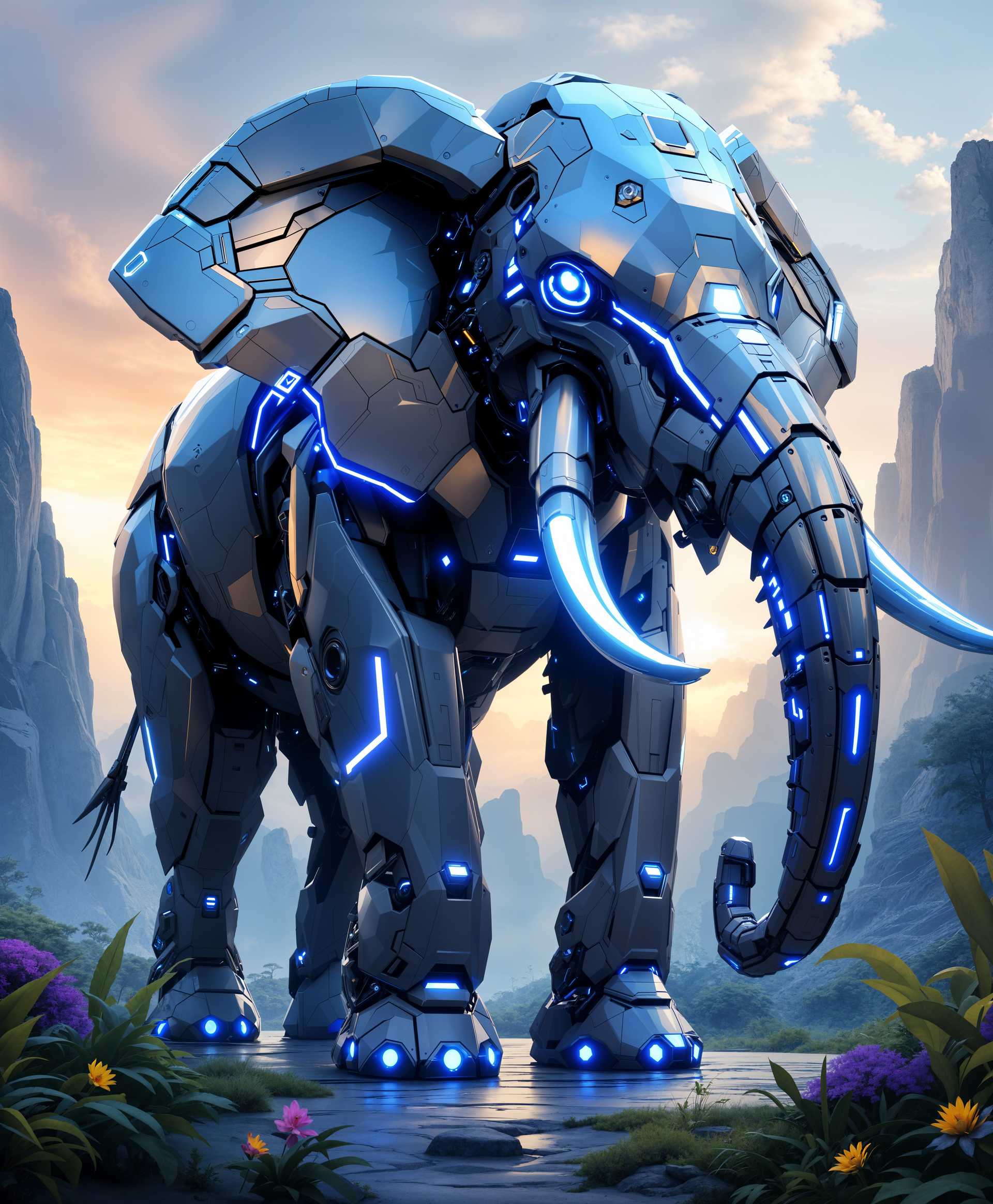 AI-generated image: Generate a highly detailed digital painting of a **mecha Elephant** standing majestically in a **fut