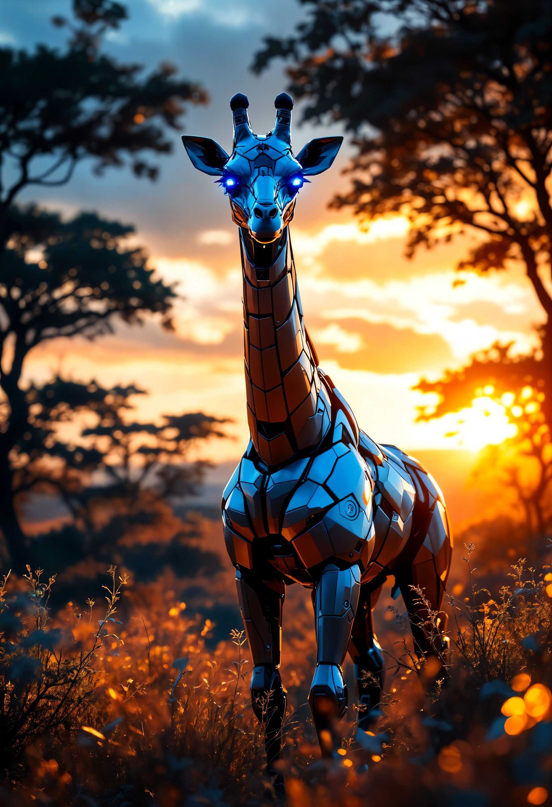 masterpiece, best quality, highres, sharp image, more detail, masterpiece, best quality, highres, sharp image, more detail, **Prompt for AI Image Generation:**

Craft an ultra-high resolution, intricately detailed portrait of a **Mecha Giraffe**, seamlessly integrated into a **futuristic wild** environment. 

- **Subject**: The Mecha Giraffe should exude an air of sophistication and power, with its metallic body intricately painted in hues of **metallic blues, silvers, and soft oranges** to mimic the natural camouflage patterns of a giraffe. Its eyes should be illuminated with **vivid blue LED lights** that pierce through the foliage.

- **Environment**: Surround the Mecha Giraffe with an **expansive savanna** transformed by time and technology. The landscape should be dotted with **futuristic flora** - towering trees with glowing leaves, metallic grasses, and holographic vines. 

- **Lighting**: Capture the scene at **golden hour**, with the sun setting behind the Mecha Giraffe, casting long, dramatic shadows and highlighting the reflective surfaces of its body.

- **Artistic Style**: Employ **hyperrealism** to showcase the texture of the metal, the light's reflection, and the depth of the surrounding environment. Use **soft focus** in the background to create depth and highlight the subject.

- **Composition**: Position the Mecha Giraffe in a three-quarters view, its head turned slightly to the side, engaging with the viewer. Frame the shot with **negative space** on one side, allowing the subject to dominate the composition.

- **Mood and Atmosphere**: The scene should convey a **sense of wonder and tranquility**, juxtaposing the mechanical with the natural, creating an atmosphere of **serene technological advancement**.

- **Technical Aspects**: Utilize **shallow depth of field** to isolate the Mecha Giraffe, with the background slightly blurred. Apply **bokeh** effects where appropriate to enhance the futuristic feel. Use **ray tracing** for realistic lighting and reflections.

This prompt aims to generate an image where the Mecha Giraffe stands as a sentinel of a new era, harmoniously coexisting with the evolved wild, capturing the essence of a world where nature and technology have become one.