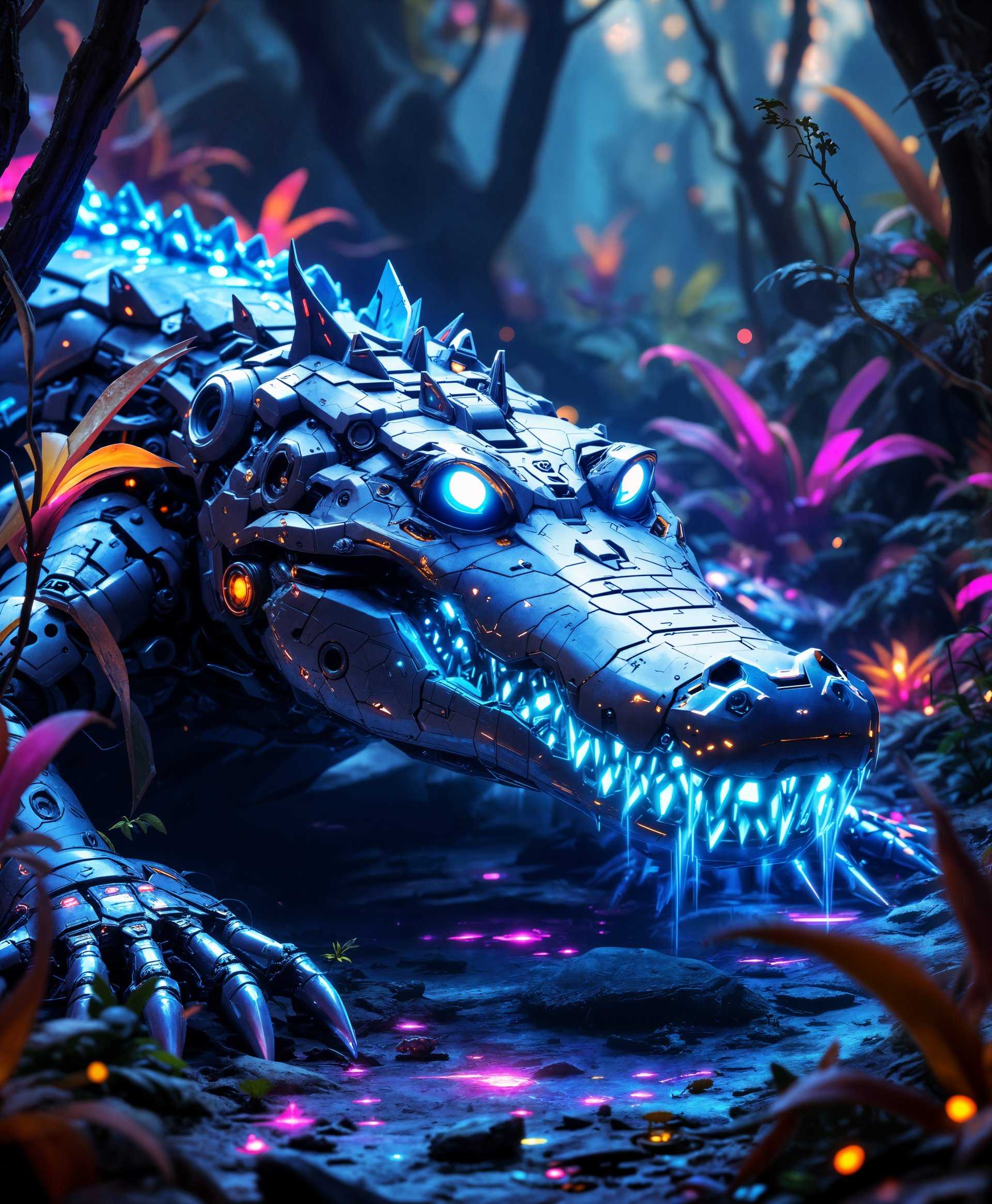 masterpiece, best quality, highres, sharp image, more detail, masterpiece, best quality, highres, sharp image, more detail, **Image Prompt:**

Create a highly detailed, photorealistic portrait of a mecha Crocodile in a futuristic wilderness:

- **Visual Details:** 
  - The mecha Crocodile should have a sleek, metallic body with visible mechanical gears, pistons, and hydraulic systems. Its eyes should be glowing with a piercing, blue LED light. The skin texture should mimic the rough, scaly hide of a real crocodile but with integrated futuristic patterns and energy lines.
  - The environment is overgrown with neon-lit flora and fauna, showcasing bioluminescent plants and animals. The ground is covered with a mix of futuristic debris and organic matter, creating a post-apocalyptic yet vibrant ecosystem.

- **Style:** 
  - The image should capture the essence of cyberpunk aesthetics, with high contrast lighting, saturated colors, and a gritty, industrial feel reminiscent of Syd Mead's designs.

- **Composition:**
  - The mecha Crocodile should dominate the foreground, its head turned slightly to engage the viewer, with its body angled to reveal its mechanical parts. The background should be a dense, futuristic jungle, with the mecha Crocodile emerging from or observing this environment. The camera angle is low, looking up at the mecha Crocodile to emphasize its imposing presence.

- **Mood and Atmosphere:** 
  - The mood is both awe-inspiring and slightly ominous, with a sense of isolation and exploration in a world where technology and nature have merged. The time is dusk, with the setting sun casting long shadows and highlighting the neon glow of the environment.

- **Technical Aspects:** 
  - Utilize techniques like depth of field to blur the background, focusing sharply on the mecha Crocodile. Use rim lighting to outline the subject against the darker, more mysterious backdrop. Incorporate lens flares to add to the futuristic feel.

- **Cohesion:** 
  - The scene should blend the mechanical with the organic seamlessly, creating a world where the mecha Crocodile is both a product and a part of its environment, suggesting a long-standing coexistence between technology and nature.