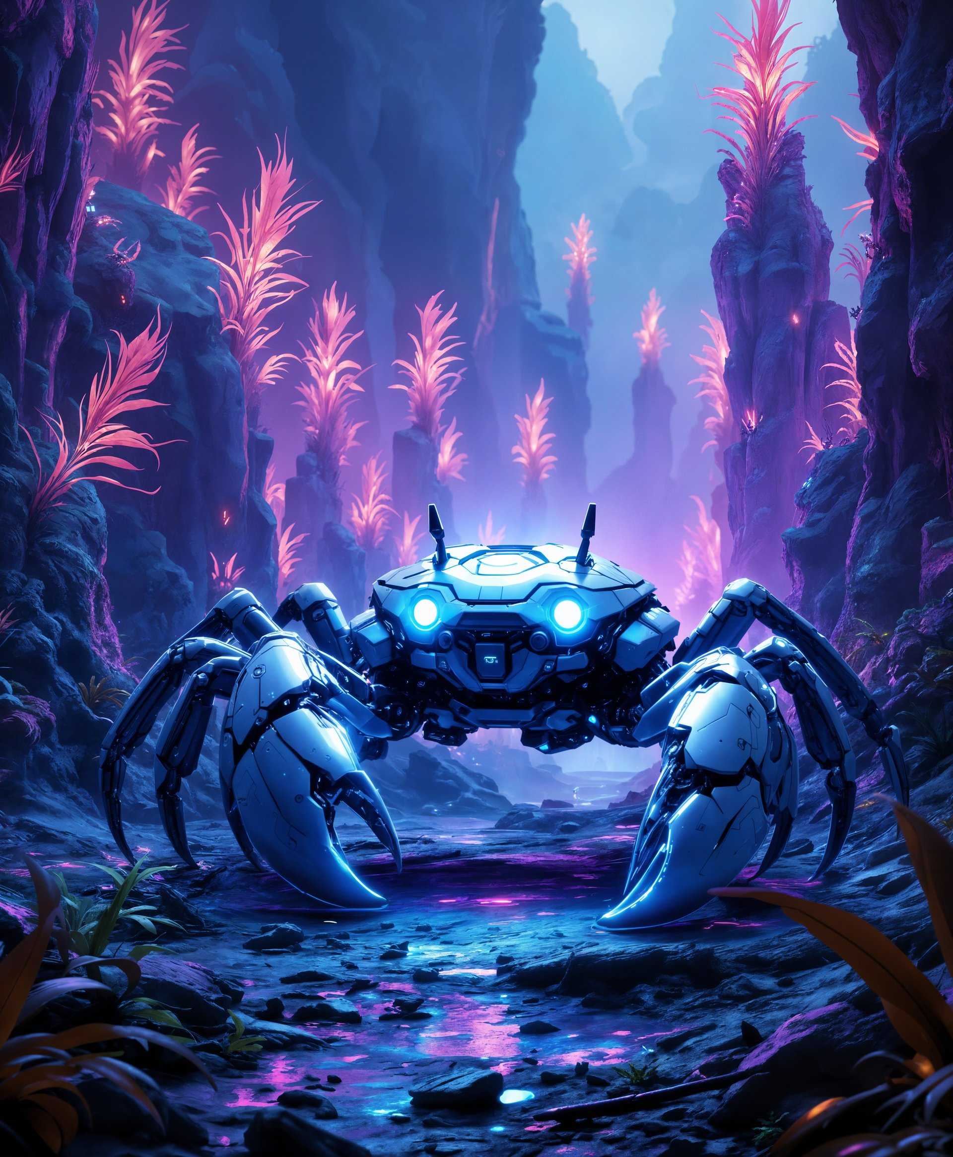 masterpiece, best quality, highres, sharp image, more detail, masterpiece, best quality, highres, sharp image, more detail, A highly detailed portrait of a **mecha Crab** in a **futuristic wild** setting:

- **Subject**: The mecha Crab, designed with intricate mechanical parts, hydraulic systems, and a sleek, metallic exoskeleton that mimics the organic curves and textures of a real crab. Its eyes glow with a soft, neon blue light, suggesting advanced AI capabilities. The body is adorned with patterns and symbols that could be interpreted as advanced technology or tribal markings from a futuristic culture.

- **Environment**: Surrounding the mecha Crab is a wild, untamed landscape with towering, bioluminescent flora that casts an eerie, neon glow over the scene. The ground is covered in a mix of futuristic rubble, metal debris, and overgrown with alien plant life, creating a juxtaposition of nature and technology.

- **Artistic Style**: Inspired by **cyberpunk** aesthetics, with elements of **hyperrealism** to capture the texture and detail of both the mecha and the environment. Think of the visual style seen in the works of artists like Simon Stålenhag, with a touch of the grittiness found in Syd Mead's futuristic landscapes.

- **Lighting**: Utilize **dramatic lighting** with harsh contrasts between light and shadow to highlight the mechanical details of the crab and the glowing elements of the environment. The light source could be from the setting sun, but augmented by the bioluminescent flora.

- **Composition**: The mecha Crab is positioned in a way that suggests it's emerging from or observing the wild. Use a **low-angle shot** to make the crab appear majestic and imposing against the backdrop of the alien forest. The framing should be tight enough to focus on the crab but wide enough to include the surrounding environment, creating a sense of depth and scale.

- **Mood and Atmosphere**: The scene should evoke a sense of **wonder**, **isolation**, and **technological advancement**. The atmosphere is heavy with humidity, with mist or fog rolling in, adding to the mysterious, almost otherworldly feel of the setting.

- **Technical Aspects**: Employ **high dynamic range** (HDR) imaging to capture the vast range of light and dark, ensuring the details in both the highlights and shadows are visible. Use **depth of field** to keep the mecha Crab in sharp focus while the background slightly blurs, emphasizing the subject.

This prompt aims to create a visually compelling image where the mechanical and the natural coexist in a harmonious yet alien environment, evoking a sense of awe and curiosity about the future