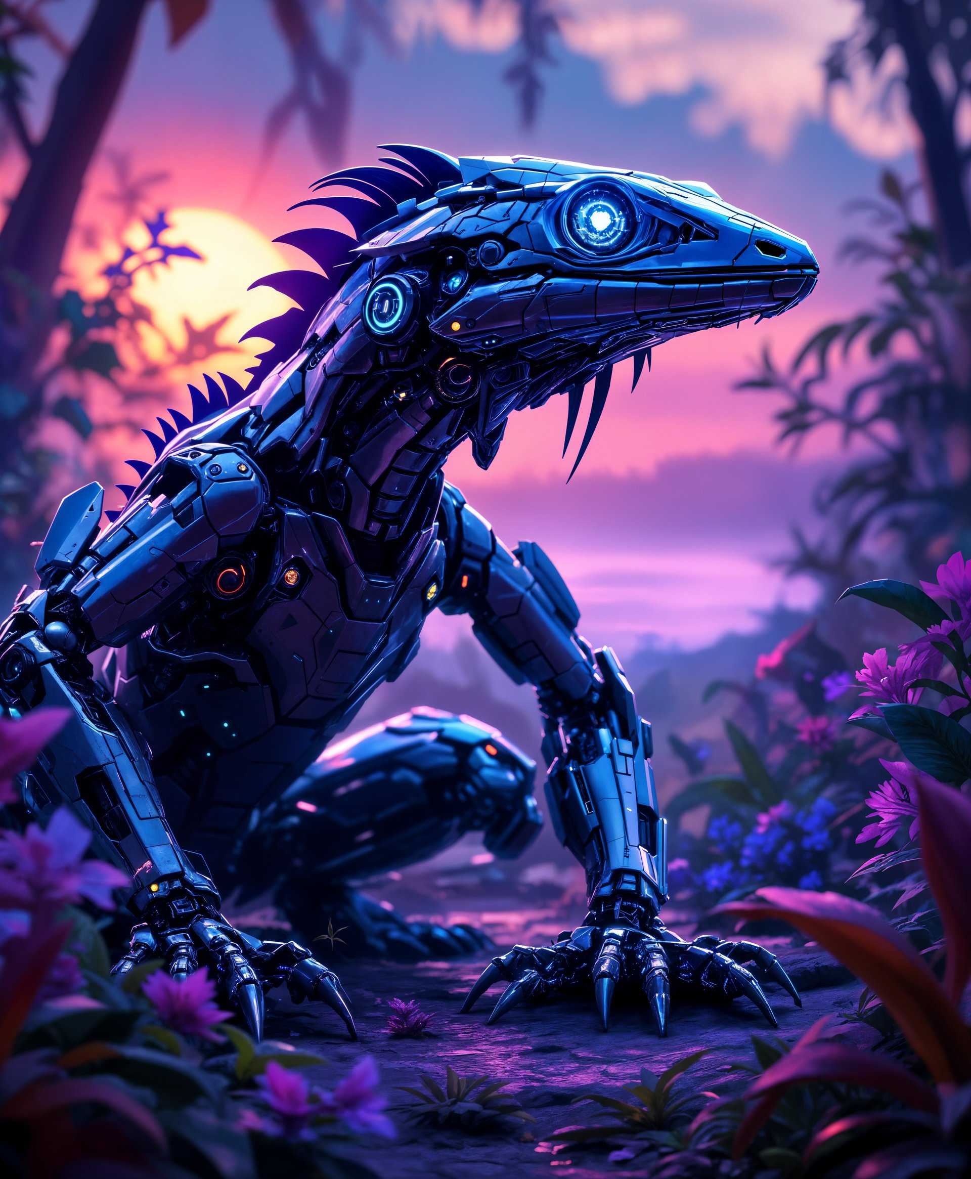 masterpiece, best quality, highres, sharp image, more detail, masterpiece, best quality, highres, sharp image, more detail, Create a hyper-realistic digital painting of a **Mecha Lizard** in the **futuristic wild**. The scene should evoke an **atmospheric twilight**, with the sun setting behind a **cybernetic jungle** filled with **neon-colored flora**. The **Mecha Lizard**:

- **Visual Details**: Its metallic scales glisten with a **chrome finish**, reflecting the **neon light** from the surroundings. Its eyes should have **intricate patterns** that glow with an **electric blue**, suggesting advanced AI within. The **mechanical limbs** are **articulated** and **hydraulic**, with **pneumatic tubes** and **hydraulic pistons** visible through transparent sections. 

- **Style**: The image should combine **cyberpunk aesthetics** with **photorealism**, capturing the **gritty, urban feel** of futuristic technology amidst nature. 

- **Composition**: The Mecha Lizard should be **posed dynamically** as if it's **stalking** through the undergrowth, with **vines and tendrils** wrapping around its body, integrating it into the environment. The camera angle should be **low**, looking up at the Mecha Lizard, emphasizing its **imposing size** and the **lush, neon-lit jungle** surrounding it.

- **Mood and Atmosphere**: The scene should convey a **sense of solitude** in a **forgotten, post-apocalyptic world**, where nature has reclaimed technology. Use **dramatic lighting** with **deep shadows** to enhance the **mysterious** and **eerie** ambiance of this **otherworldly wilderness**.

- **Technical Aspects**: Utilize **bokeh** to blur the background, focusing on the Mecha Lizard, and apply **ray tracing** for realistic reflections on its metallic body. Employ **depth of field** to give a **cinematic quality** to the composition, with **soft focus** on the distant parts of the jungle.

- **Cohesion**: The **futuristic technology** should blend seamlessly with the **wilderness**, creating a believable ecosystem where **mechanical creatures** thrive alongside **cybernetic plants**.