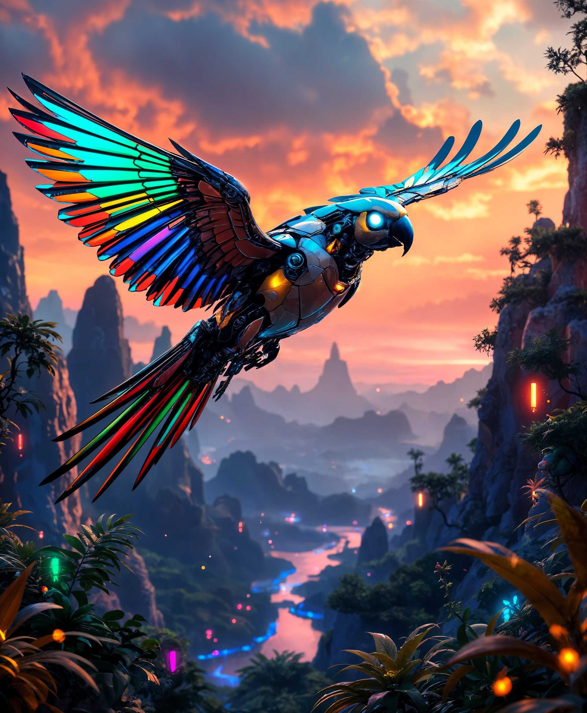 masterpiece, best quality, highres, sharp image, more detail, masterpiece, best quality, highres, sharp image, more detail, A highly detailed, photorealistic portrait of a **mecha African parrot** in flight, soaring through a **futuristic wild landscape**. The parrot's mechanical body is adorned with sleek, metallic feathers shimmering in **iridescent hues of green, blue, and red**, reflecting the light of an **orange-hued sunset**. The background features **futuristic flora and fauna** with glowing neon accents, emphasizing a **cyberpunk aesthetic**. 

**Visual Details:**
- The parrot's eyes glow with a **soft blue light**, piercing through the twilight.
- Its wings showcase intricate **mechanical joints and gears**, yet maintain the natural curves of an African parrot's wingspan.
- The landscape below is a mix of **lush, overgrown vegetation with integrated technology** like glowing vines, metallic trees, and holographic leaves.

**Style:**
- The image should evoke a blend of **photorealism with a touch of cyberpunk**, capturing the essence of nature intertwined with advanced technology.

**Composition:**
- The parrot is centered in the frame, slightly off-center to the left, giving a sense of dynamic movement.
- The camera angle is from below, looking up to capture the bird's majestic flight against the vast, futuristic wilderness.

**Mood and Atmosphere:**
- The scene conveys a **sense of wonder and exploration** in a world where nature and technology coexist harmoniously.
- The lighting is **dramatic**, with the setting sun casting long shadows and highlighting the reflective surfaces of the mecha elements.

**Technical Aspects:**
- Use **high dynamic range (HDR)** to capture the contrast between the bright, metallic parts of the parrot and the darker, natural environment.
- Implement **depth of field** to focus on the parrot while allowing the background to blur slightly, creating depth in the scene.

**Cohesion:**
- The image should seamlessly blend the organic beauty of an African parrot with the sleek, futuristic design of its mechanical enhancements, creating a scene that feels both real and otherworldly.