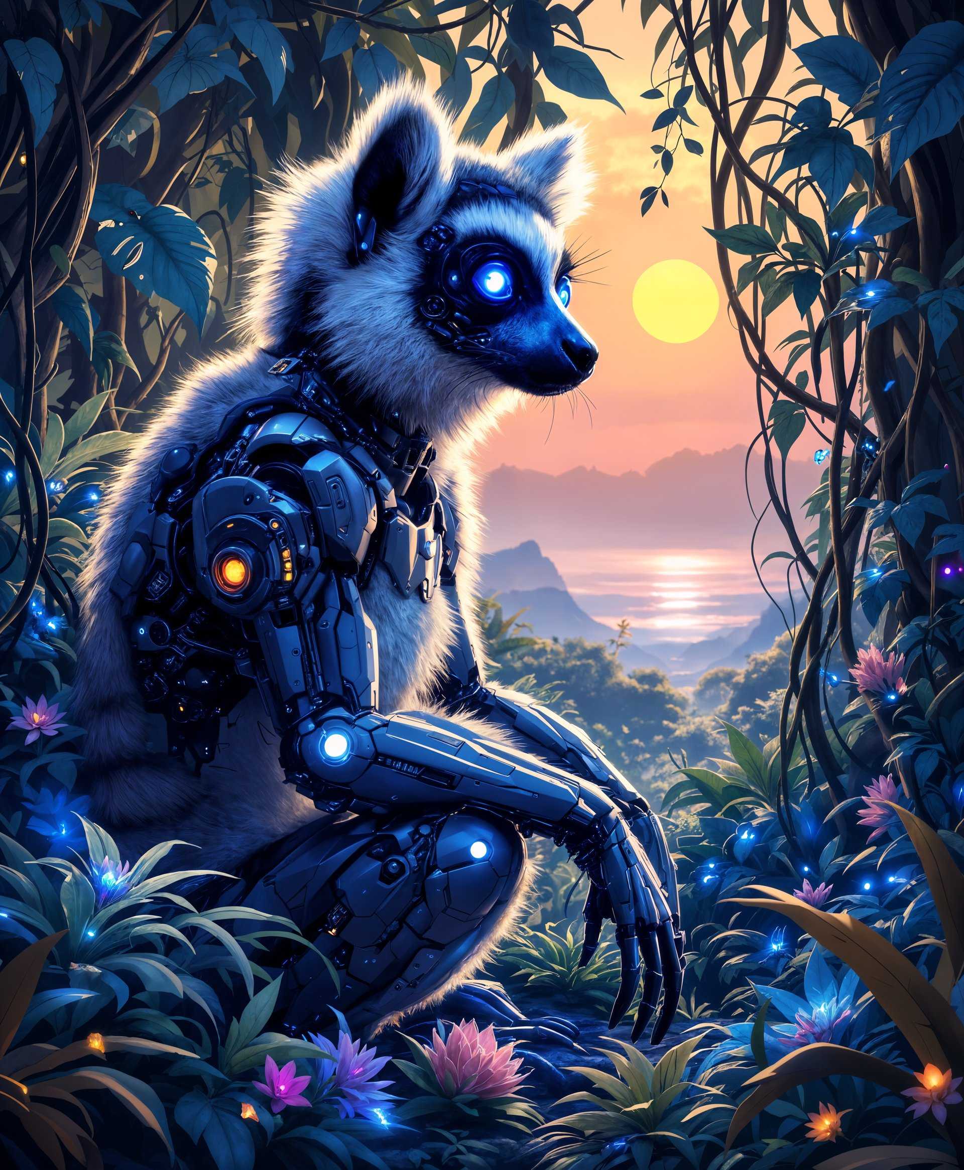 masterpiece, best quality, highres, sharp image, more detail, masterpiece, best quality, highres, sharp image, more detail, A highly detailed portrait of a **Mecha Lemur** in a **futuristic wild** setting:

- **Subject**: A sleek, metallic lemur with intricate mechanical parts, blending seamlessly with its organic features. Its eyes are glowing with a soft blue light, giving a sense of life and intelligence.

- **Environment**: Surrounding the lemur is a lush, alien-like jungle with bioluminescent flora casting an otherworldly glow. Vines and plants are intertwined with technological elements like circuits and panels, creating a harmonious fusion of nature and technology.

- **Lighting**: The scene is illuminated by a setting sun, filtered through the dense canopy, casting a warm golden light that contrasts with the cool, neon hues of the technology.

- **Artistic Style**: Inspired by the clean lines and minimalism of Japanese anime, combined with the hyper-realistic detail of cyberpunk art. Think of the work by artists like **Masamune Shirow** or **Yoshitaka Amano**.

- **Composition**: The mecha lemur is positioned in the center, its gaze directed slightly off-camera, creating a sense of curiosity or alertness. The camera angle is at eye level with the lemur, giving a sense of intimacy and connection.

- **Mood and Atmosphere**: The atmosphere is serene yet mysterious, with the wild sounds of the future forest in the background, punctuated by the soft hum of the lemur's mechanical parts. The time of day is twilight, enhancing the mood with a mix of natural and artificial light.

- **Technical Aspects**: Use techniques like **bokeh** to blur the background, focusing on the lemur with sharp details. Employ **selective focus** to highlight the mechanical and organic fusion. Consider **high dynamic range imaging (HDR)** for the lighting to capture the full spectrum of light and shadow.

- **Cohesion**: The scene should feel like a snapshot from a future where technology has evolved to coexist with nature, creating a new ecosystem where creatures like this mecha lemur thrive.