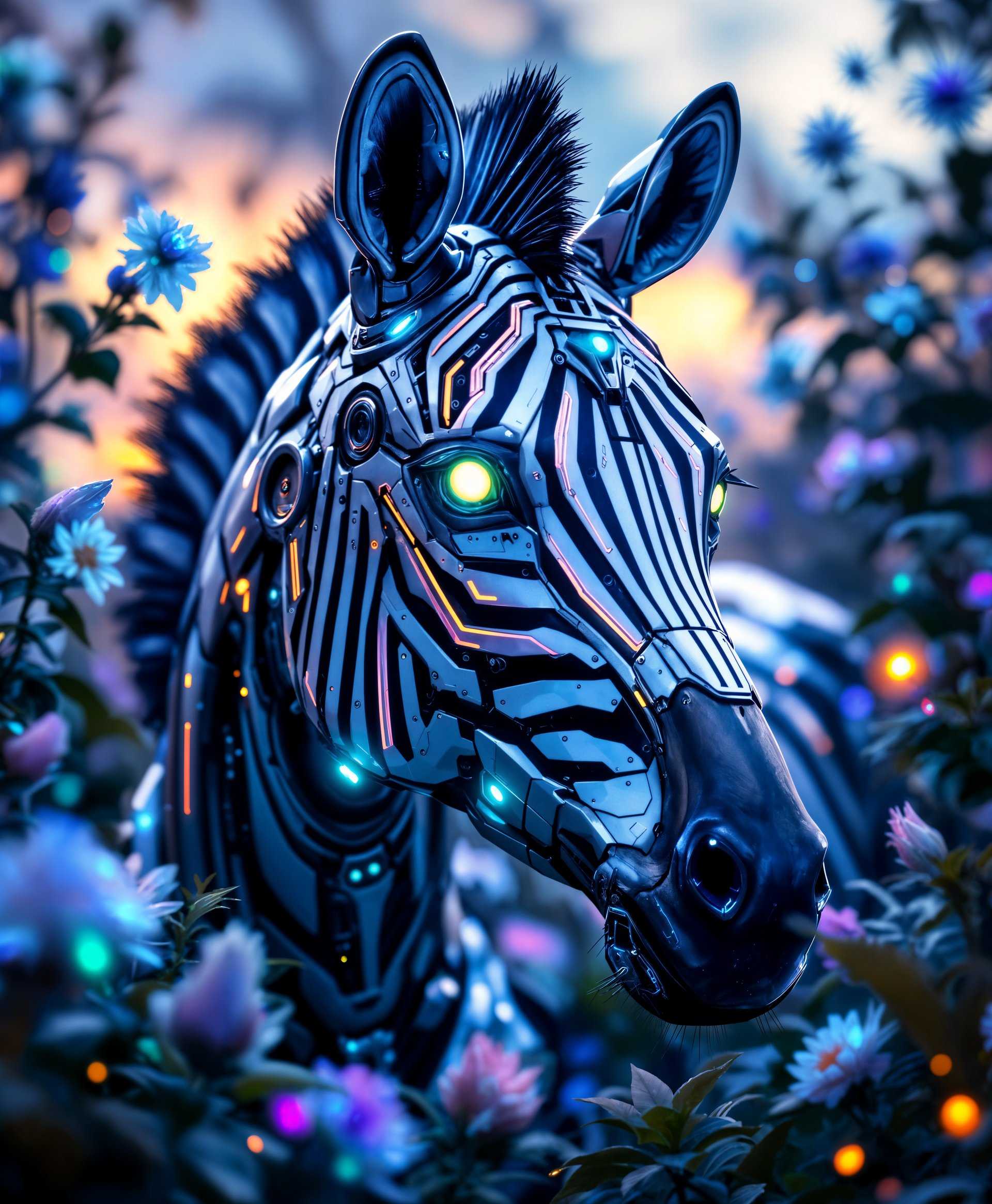 masterpiece, best quality, highres, sharp image, more detail, masterpiece, best quality, highres, sharp image, more detail, A highly detailed portrait of a **Mecha Zebra** set in the **futuristic wild**. The mecha zebra is crafted with:

- **Visual Details**: 
  - Gleaming **metallic body** with intricate **mechanical textures**; 
  - **Neon blue** and **electric green** highlights for contrast; 
  - **Glowing eyes** and **circuitry lines** subtly integrated into the fur pattern.

- **Style**: 
  - **Cyberpunk** art style, reminiscent of **Yoshitaka Amano**'s detailed and ethereal work, combined with **HR Giger**'s biomechanical aesthetics.

- **Composition**: 
  - The mecha zebra is **centered** with a slight **three-quarter view** to showcase its advanced design; 
  - **Soft focus** on the background to emphasize the subject; 
  - **Framed by futuristic, overgrown vegetation** with **holographic flora**.

- **Mood and Atmosphere**: 
  - **Dusk setting** with **neon lights** reflecting off the metallic surface; 
  - **Misty, neon-lit fog** creates an otherworldly, **mysterious ambiance**; 
  - **A hint of rain** to enhance the reflective surfaces.

- **Technical Aspects**: 
  - **High dynamic range (HDR)** to capture the stark contrast between light and dark; 
  - **Bokeh effect** in the background to isolate the subject; 
  - **Focus stacking** for sharp detail from the snout to the tail; 
  - **Lens flare** to simulate the effect of looking through advanced optics.

- **Cohesion**: 
  - The scene blends **futuristic elements** with **nature**, creating a harmonious balance between technology and wildlife, evoking a sense of **adventure and exploration** in an evolved, post-apocalyptic world.