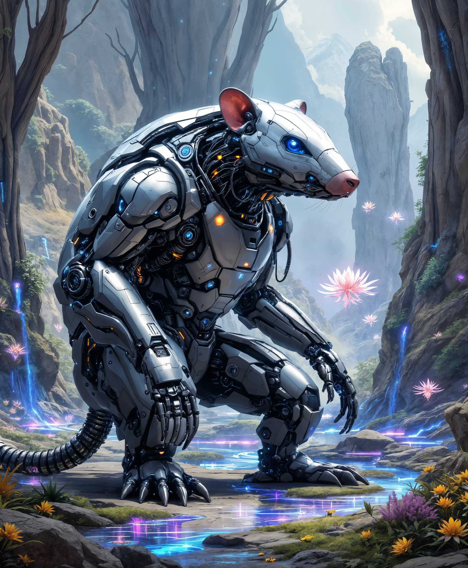 masterpiece, best quality, highres, sharp image, more detail, masterpiece, best quality, highres, sharp image, more detail, ```plaintext
A highly detailed portrait of a **Mecha Wombat** in a **futuristic wilderness**:

- **Subject**: An anthropomorphic wombat transformed into a sleek, metallic mecha with intricate mechanical details, featuring advanced technology, glowing circuitry, and dynamic, articulated limbs. The mecha design should blend organic and mechanical elements, showcasing the natural form of a wombat with futuristic enhancements.

- **Setting**: The scene unfolds in a **futuristic wild**, where nature has evolved alongside technology. The background showcases a landscape with towering bio-engineered trees, streams of iridescent water, and floating holographic plants, creating a surreal, post-apocalyptic yet vibrant ecosystem.

- **Visual Details**: 
  - **Texture**: The mecha's surface has a mix of brushed metal, reflective panels, and organic textures where the wombat's fur would be, now replaced with a fine metallic mesh.
  - **Colors**: Predominantly metallic greys, silvers, with accents of neon blue and green for the circuitry, contrasting with the lush greens, vibrant purples, and glowing whites of the environment.
  - **Lighting**: Dusk lighting, with the setting sun casting long shadows and highlighting the reflective surfaces of the mecha. Bioluminescent plants and insects provide additional light sources, creating an otherworldly glow.

- **Style**: 
  - The image should adopt a **cyberpunk** aesthetic, capturing the essence of high-tech meets low-life, with elements of **biopunk** to integrate the organic with the synthetic.
  - Use **hyper-realistic rendering** techniques, akin to those seen in contemporary CGI and video game art, to ensure the mecha and its environment are both believable and awe-inspiring.

- **Composition**: 
  - **Camera Angle**: A low angle shot looking up at the mecha Wombat, emphasizing its imposing presence and the grandeur of the futuristic wilderness.
  - **Framing**: Frame the mecha slightly off-center with natural elements like vines or holographic flora framing the edges of the image, creating a sense of depth and interaction with the environment.

- **Mood and Atmosphere**: 
  - The mood is one of awe, wonder, and slight trepidation, capturing the balance between the serene beauty of nature and the intimidating presence of advanced technology.
  - The atmosphere is humid, with a gentle mist swirling around the scene, adding to the sense of mystery and the unknown.

- **Technical Aspects**: 
  - Utilize **depth of field** to focus