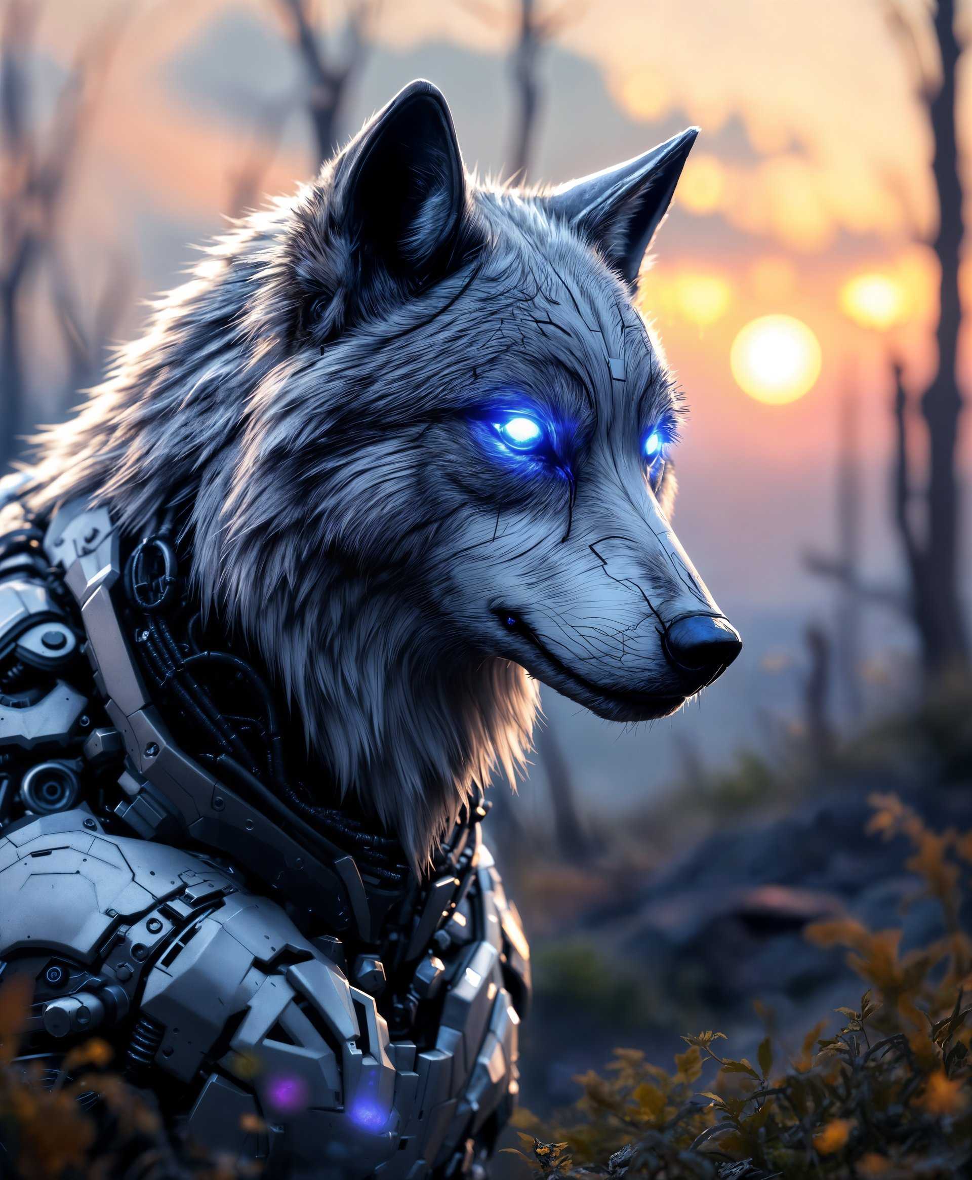 masterpiece, best quality, highres, sharp image, more detail, masterpiece, best quality, highres, sharp image, more detail, Capture a **hyper-realistic** portrait of a **mecha Wolf**, its sleek, **metallic fur** shimmering under the **hazy light of a post-apocalyptic sunset**. The wolf's **cybernetic eyes** gleam with an inner blue light, reflecting the **flickering neon signs** of distant ruined cities. Its **intricate mechanical structure** showcases **precision-engineered joints** and **hydraulic muscles**, all rendered in **high detail** with **dynamic range lighting** to highlight the **texture of metal and synthetic fibers**. The **background** should depict a **futuristic wilderness** - overgrown with **bioluminescent plants**, **rusting remnants of technology**, and **a sky tinted with the hues of pollution**. Use a **shallow depth of field** to focus on the wolf, with **soft bokeh** in the background to suggest the vastness of this new wild. The **composition** should place the wolf in a **three-quarter view**, with its head turned slightly towards the camera, capturing the **fierce intelligence** in its gaze. Employ **vaporwave aesthetics** for the overall **mood and atmosphere**, blending **nostalgic elements** with **cyberpunk** influences, to create a **cohesive** and **believable scene** of a world where nature and technology have merged.