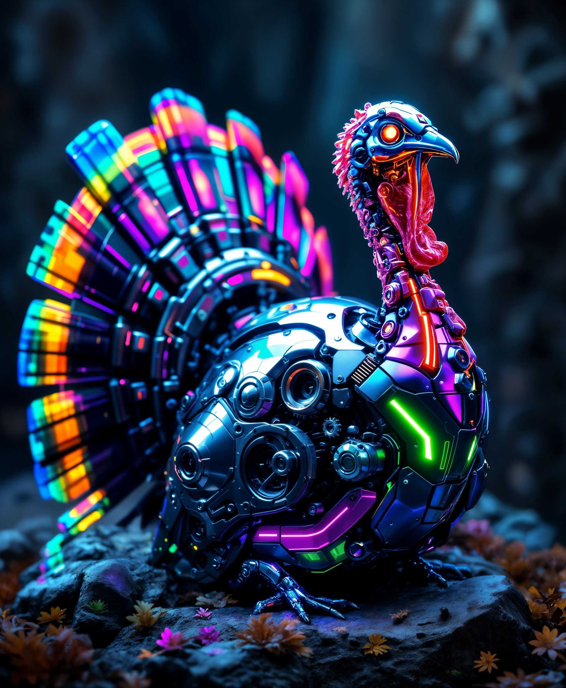 masterpiece, best quality, highres, sharp image, more detail, masterpiece, best quality, highres, sharp image, more detail, A **hyper-realistic, intricately detailed portrait** of a **mecha Turkey**:

- **Visual Details**: 
  - **Textures**: The Turkey's mechanical body is covered in a mix of sleek, reflective metal surfaces with visible gears, pistons, and hydraulic systems. Its feathers are replaced by iridescent, metallic plumes that shimmer with a spectrum of colors.
  - **Colors**: Predominantly metallic with hints of vibrant neon accents, focusing on cool blues, electric purples, and deep greens. The eyes of the Turkey glow with a warm, intense orange light.
  - **Lighting**: The scene is illuminated by a soft, ambient light from above, casting dramatic shadows that highlight the mechanical intricacies, with subtle lens flares to enhance the futuristic feel.

- **Style**: 
  - The image adopts a **cyberpunk** aesthetic, reminiscent of Syd Mead's futuristic landscapes, with an emphasis on mechanical complexity and a touch of noir.

- **Composition**: 
  - **Subject Positioning**: The Turkey is positioned centrally, its head turned slightly to the side, looking into the distance with an air of nobility. 
  - **Camera Angle**: A low-angle shot that emphasizes the grandeur and imposing presence of the mecha Turkey, making it appear larger than life.
  - **Framing**: The image is framed to include elements of the futuristic wild, with mechanical trees and holographic plants subtly in the background, creating a sense of depth and environment.

- **Mood and Atmosphere**: 
  - The scene exudes an atmosphere of **mysterious technology**, with a touch of **wilderness** now transformed by technology. The time of day is dusk, with the last rays of sunlight filtering through the artificial canopy, casting long shadows and enhancing the futuristic setting.

- **Technical Aspects**: 
  - **Depth of Field**: A shallow depth of field focuses sharply on the Turkey, blurring the background slightly to draw attention to its mechanical beauty.
  - **Dynamic Range**: High dynamic range to capture both the bright metallic surfaces and the darker, shadowed areas, creating a rich, detailed image.

This portrait encapsulates a **futuristic, high-tech reinterpretation** of nature, where the majestic Turkey has evolved into a symbol of the blend between organic life and advanced technology, standing tall in a world where wilderness and machinery coexist.