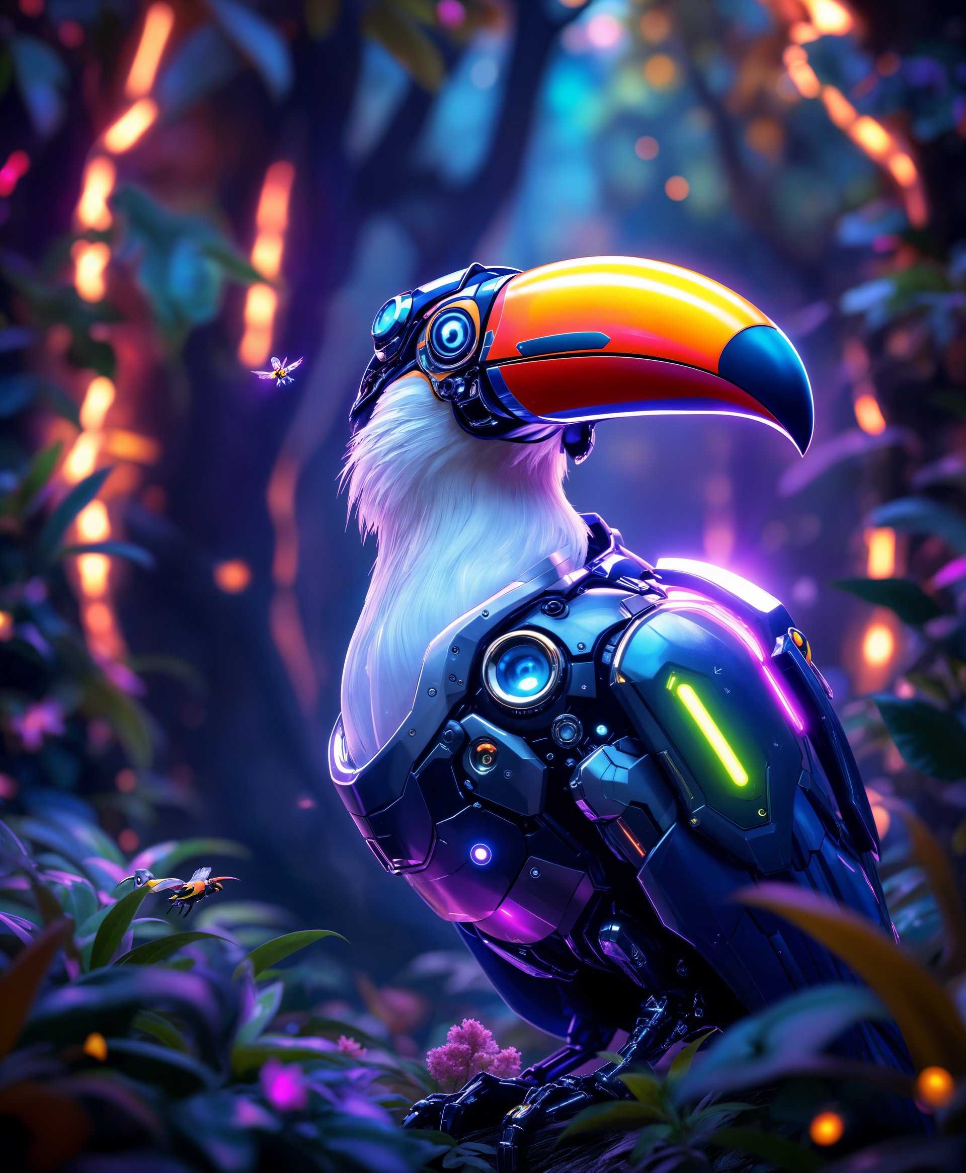 masterpiece, best quality, highres, sharp image, more detail, masterpiece, best quality, highres, sharp image, more detail, A highly detailed portrait of a **Mecha Toucan** set in the **futuristic wild**, showcasing:

- **Subject**: The Toucan's vibrant feathers are replaced with sleek, metallic armor, its beak transformed into a sophisticated, gleaming mechanical apparatus. Its eyes glow with an inner blue light, suggesting advanced AI capabilities.

- **Environment**: Surrounded by lush, neon-lit foliage, the flora emits a soft, otherworldly glow. The wild here is not just a place but an ecosystem teeming with life, where technology and nature have melded into a symbiotic relationship.

- **Visual Details**: 
  - The texture of the Toucan's metallic feathers reflects the environment, with a slight iridescence capturing the neon lights.
  - The background features towering trees with bioluminescent leaves, creating a canopy that filters the light into a mosaic of colors.
  - Small, mechanical insects buzz around, their wings translucent and made of a crystalline material.

- **Style**: Photorealistic with a hint of cyberpunk, reminiscent of Syd Mead's futuristic designs, capturing the essence of a world where technology has evolved in harmony with nature.

- **Composition**: 
  - The Toucan is centered, slightly turned to one side, giving a sense of alertness and curiosity.
  - The camera angle is at eye level with the Toucan, making the viewer feel part of this futuristic ecosystem.
  - The framing includes a shallow depth of field, focusing on the Toucan while the background blurs into a tapestry of lights and shadows.

- **Mood and Atmosphere**: 
  - The scene is bathed in a twilight glow, with the sun setting behind the dense foliage, casting long, dynamic shadows that interplay with the neon lights.
  - The air feels charged with energy, a mix of tranquility and the constant hum of technology.

- **Technical Aspects**: 
  - Utilize techniques like **bokeh** for the background lights, **ray tracing** for realistic light reflection and refraction on the Toucan's metallic surface, and **HDR** to capture the wide dynamic range of the scene's lighting.