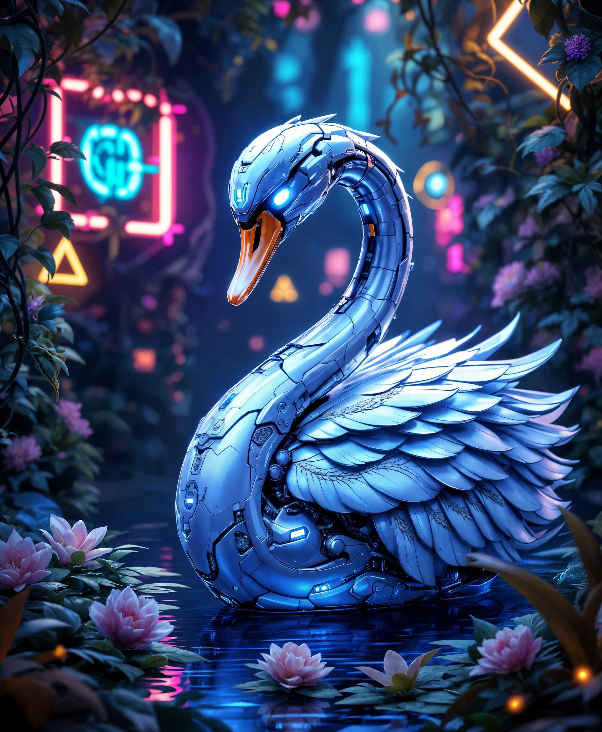 masterpiece, best quality, highres, sharp image, more detail, masterpiece, best quality, highres, sharp image, more detail, **Highly Detailed Portrait of a Mecha Swan in the Futuristic Wild**

- **Visual Details:**
  - The mecha swan boasts an intricate design with metallic feathers that catch the light, shimmering with iridescent hues of blue and silver. Its eyes are glowing with a soft LED light, creating a mesmerizing effect. The mechanical parts are adorned with intricate engravings that mimic natural feather patterns.
  - The background features lush, overgrown vegetation with vines and flowers intertwined with futuristic elements like holographic projections and neon signs, creating a blend of nature and technology.

- **Style:**
  - The portrait should be rendered in a style reminiscent of cyberpunk art, with a focus on high contrast, neon lighting, and detailed textures. Think of artists like Simon Stålenhag or Syd Mead for inspiration.

- **Composition:**
  - The mecha swan is the focal point, positioned centrally, with its head turned slightly to the side, giving a sense of curiosity. The camera angle is slightly below eye level to emphasize the grandeur of the mecha. 
  - The foreground includes scattered mechanical parts, blending into the organic environment, suggesting a world where nature has reclaimed technology.

- **Mood and Atmosphere:**
  - The scene is set during twilight, with the setting sun casting long, dramatic shadows and highlighting the metallic surfaces with a warm glow. The atmosphere is one of wonder, with the mecha swan appearing both majestic and alien amidst the reclaimed wilderness.

- **Technical Aspects:**
  - Use depth of field to blur the background slightly, focusing on the mecha swan. Employ chiaroscuro lighting to enhance the contrast between light and shadow, making the details pop. Utilize techniques like lens flare and bokeh for a realistic photography feel.

- **Cohesion:**
  - Ensure the integration of technology with nature feels seamless, creating a world where the mecha swan is not just an intruder but a part of this futuristic ecosystem. The overall image should evoke a sense of both awe and nostalgia for a world where technology and nature coexist harmoniously.