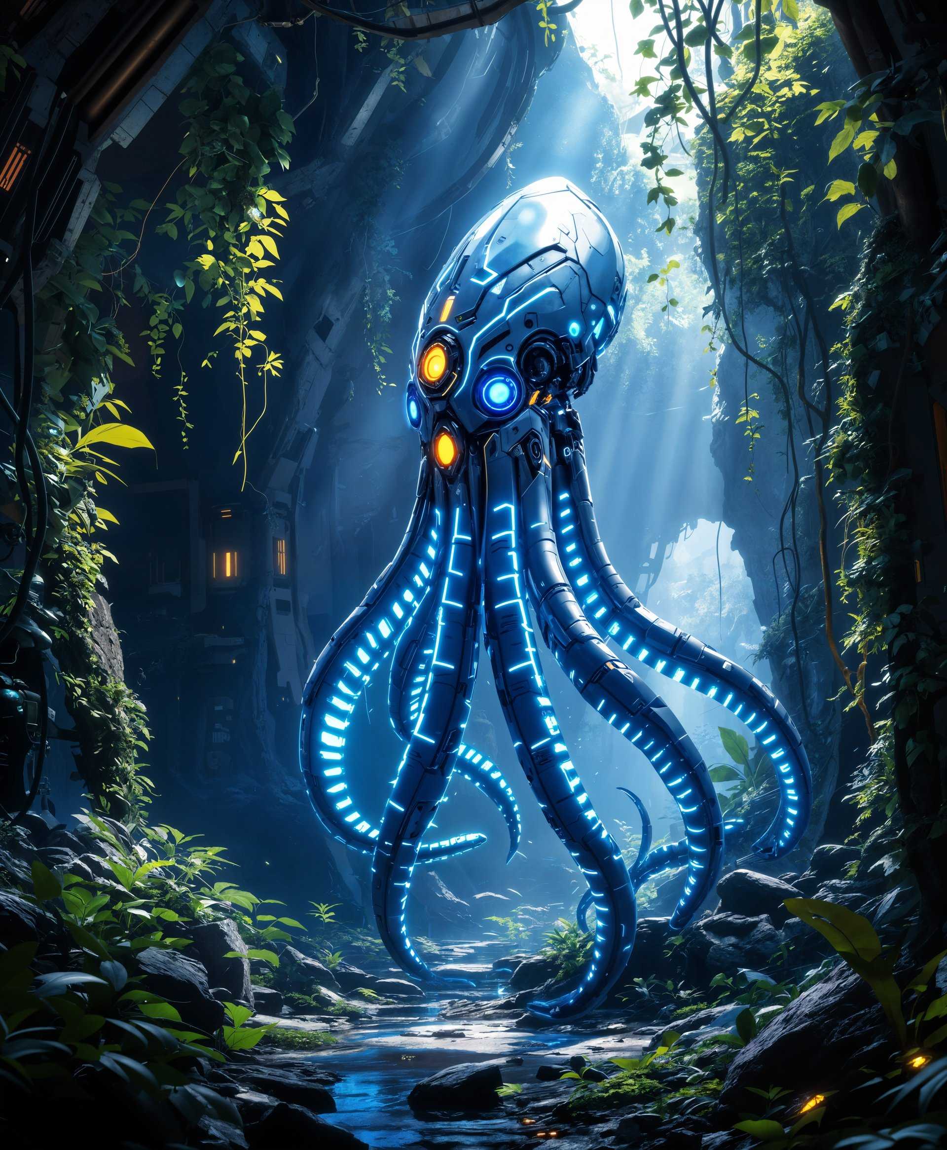 masterpiece, best quality, highres, sharp image, more detail, masterpiece, best quality, highres, sharp image, more detail, Here is a highly detailed, photorealistic portrait of a mecha Squid set in the futuristic wild:

**Visual Elements:**
- The mecha Squid boasts a sleek, metallic body with intricate mechanical details, showcasing a blend of organic and mechanical engineering. Its tentacles are segmented, covered in glowing neon blue lines that highlight their movement and flexibility, giving off a cybernetic glow in the twilight.
- The environment is lush with overgrown vegetation, now intertwined with advanced technology. Vines and plants grow around and through futuristic structures and metallic debris, creating a harmonious blend of nature and machine.
- Lighting is soft and diffused, with rays of light breaking through the dense canopy, casting dynamic shadows and highlights on the mecha Squid's body, emphasizing its texture and detail.

**Style:**
- Photorealistic with influences from cyberpunk aesthetics, capturing the essence of a future where technology has integrated with the natural world.
- The image should reflect the precision and detail found in the works of Syd Mead or concept art from films like "Blade Runner 2049."

**Composition:**
- The mecha Squid is the central focus, positioned dynamically as if it's emerging from the foliage or perched on a piece of advanced machinery. 
- The camera angle is low, looking up at the mecha Squid, emphasizing its grandeur and the towering environment around it.

**Mood and Atmosphere:**
- The scene exudes an eerie tranquility, with the quiet hum of machinery blending with the sounds of the wild. The atmosphere is dense, filled with mist and the soft glow of neon lights from the mecha Squid and surrounding technology, suggesting a world where technology has not only survived but thrived in nature.
- The time is twilight, just before night, where the contrast between the darkness of the forest and the luminous elements of the mecha Squid is most pronounced.

**Technical Aspects:**
- High dynamic range (HDR) to capture the full spectrum of light and shadow, emphasizing the glow and texture of the mecha Squid.
- Depth of field should be shallow, with the focus on the mecha Squid, while the background elements like the vegetation and distant machinery are slightly blurred, creating a sense of depth and focus.

**Cohesion:**
- Every element, from the mecha Squid's design to the integration of technology with nature, tells a story of coexistence and evolution. The scene should feel like a snapshot of a living, breathing ecosystem where both organic and mechanical life forms have adapted to each other's presence.
