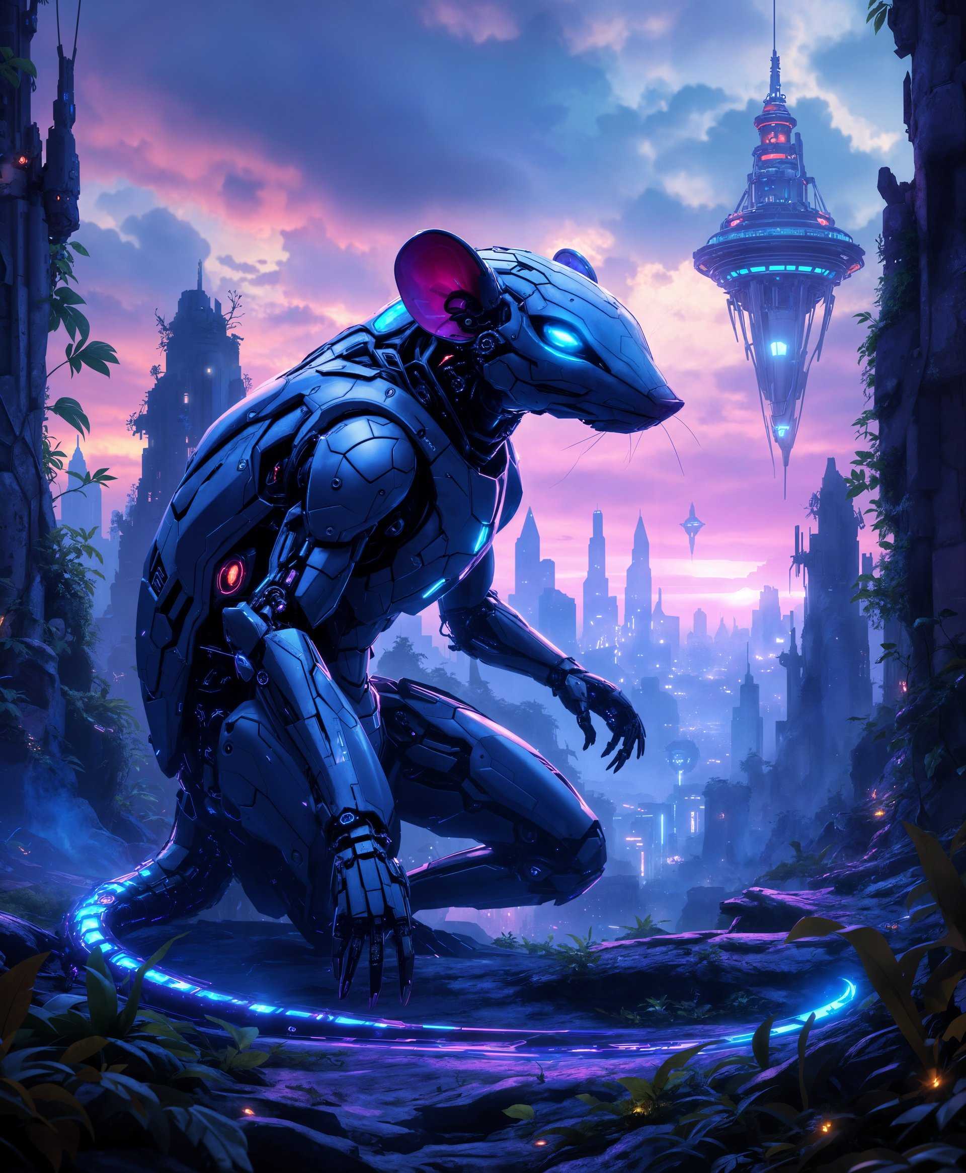 masterpiece, best quality, highres, sharp image, more detail, masterpiece, best quality, highres, sharp image, more detail, ```plaintext
Create an ultra-high resolution portrait of a mecha Shrew in a futuristic wild environment:

- **Subject**: The mecha Shrew is a fusion of sleek, metallic armor with organic shrew features. Its eyes glow with an eerie blue light, and its body is covered in advanced, armor-like plating that mimics the sleekness of a shrew's fur but with a metallic sheen. The mecha components include hydraulic limbs, advanced sensors, and a tail that ends in a functional, glowing blade.

- **Environment**: The shrew is set amidst a landscape of neon-lit, overgrown ruins. Alien plants with bioluminescent leaves and vines intertwine with dilapidated skyscrapers. The sky is a mix of twilight hues with futuristic floating cities in the distance, creating a surreal, otherworldly atmosphere.

- **Lighting**: Utilize dramatic chiaroscuro lighting; the scene is illuminated by the soft glow of the bioluminescent flora and the harsh, artificial lights from the mecha Shrew's own systems. Shadows are deep and contrast sharply with the bright highlights.

- **Style**: Inspired by cyberpunk aesthetics, the image should have a glossy, high-tech appearance with elements of organic decay. Think of a blend between Tsutomu Nihei's intricate machinery and the naturalistic detail of Studio Ghibli's landscapes.

- **Composition**: Position the mecha Shrew in the center, with its body slightly turned to showcase its mechanical complexity. The camera angle should be low, looking up at the subject, emphasizing its dominance and the grandeur of the environment. Frame the shrew so that it appears to be emerging from the foliage, with tendrils and vines wrapping around its limbs.

- **Mood and Atmosphere**: The scene should evoke a sense of wonder, mystery, and the unknown. The juxtaposition of technology and nature creates an atmosphere of both awe and melancholy, capturing the essence of a world where technology has transformed even the smallest creatures.

- **Technical Aspects**: Employ depth of field to focus on the mecha Shrew while allowing the background to blur slightly, enhancing the sense of depth. Use HDRI techniques for realistic lighting and reflections on the mecha's surfaces. The image should be rendered with ray tracing for accurate light interaction with the environment.
```
