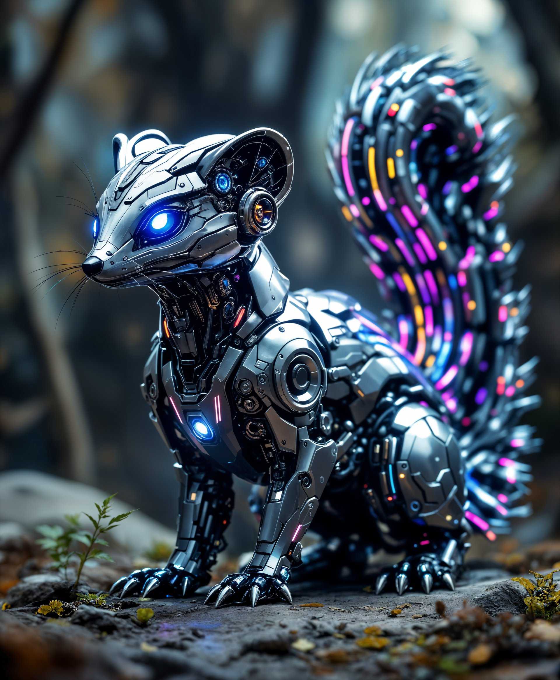 masterpiece, best quality, highres, sharp image, more detail, masterpiece, best quality, highres, sharp image, more detail, ```plaintext
Create a highly detailed portrait of a **mecha Skunk** in a **futuristic wild** setting:

- **Visual Details:**
  - The mecha Skunk has a sleek, metallic body with intricate **mechanical components** visible, showcasing gears, pistons, and hydraulic systems. 
  - Its fur is replaced with **nano-fiber armor** that shifts colors in iridescent hues, predominantly in **chrome and vibrant neon**.
  - Eyes glow with a **piercing blue light**, scanning the environment. 
  - The tail is elongated, segmented, and ends in a **cannon-like device** with exhaust vents.

- **Style:**
  - Inspired by **cyberpunk art** with elements of **biomechanical design** by H.R. Giger, blending organic and machine aesthetics seamlessly.
  - Use **high contrast** lighting to emphasize the metallic sheen and intricate details.

- **Composition:**
  - The mecha Skunk is positioned **in the center** of the frame, slightly turned to the side, showcasing its profile.
  - Camera angle is **low**, looking up at the Skunk to give a sense of its imposing presence.
  - The background features **futuristic wilderness**: overgrown ruins, glowing flora, and holographic projections.

- **Mood and Atmosphere:**
  - The scene is set at **dusk**, with the last light of day reflecting off the mecha Skunk's body, creating **highlights and deep shadows**.
  - An **electric storm** is brewing in the distance, adding to the **futuristic, dystopian ambiance**.

- **Technical Aspects:**
  - **Bokeh effect** in the background to focus on the subject.
  - **High dynamic range** to capture the full spectrum of light and shadow.
  - **Shallow depth of field** to blur out the background slightly, emphasizing the mecha Skunk.

- **Cohesion:**
  - The elements of cyberpunk, biomechanics, and the natural environment blend to form a believable, futuristic scene where technology and nature coexist in a balanced, yet eerie harmony.
```