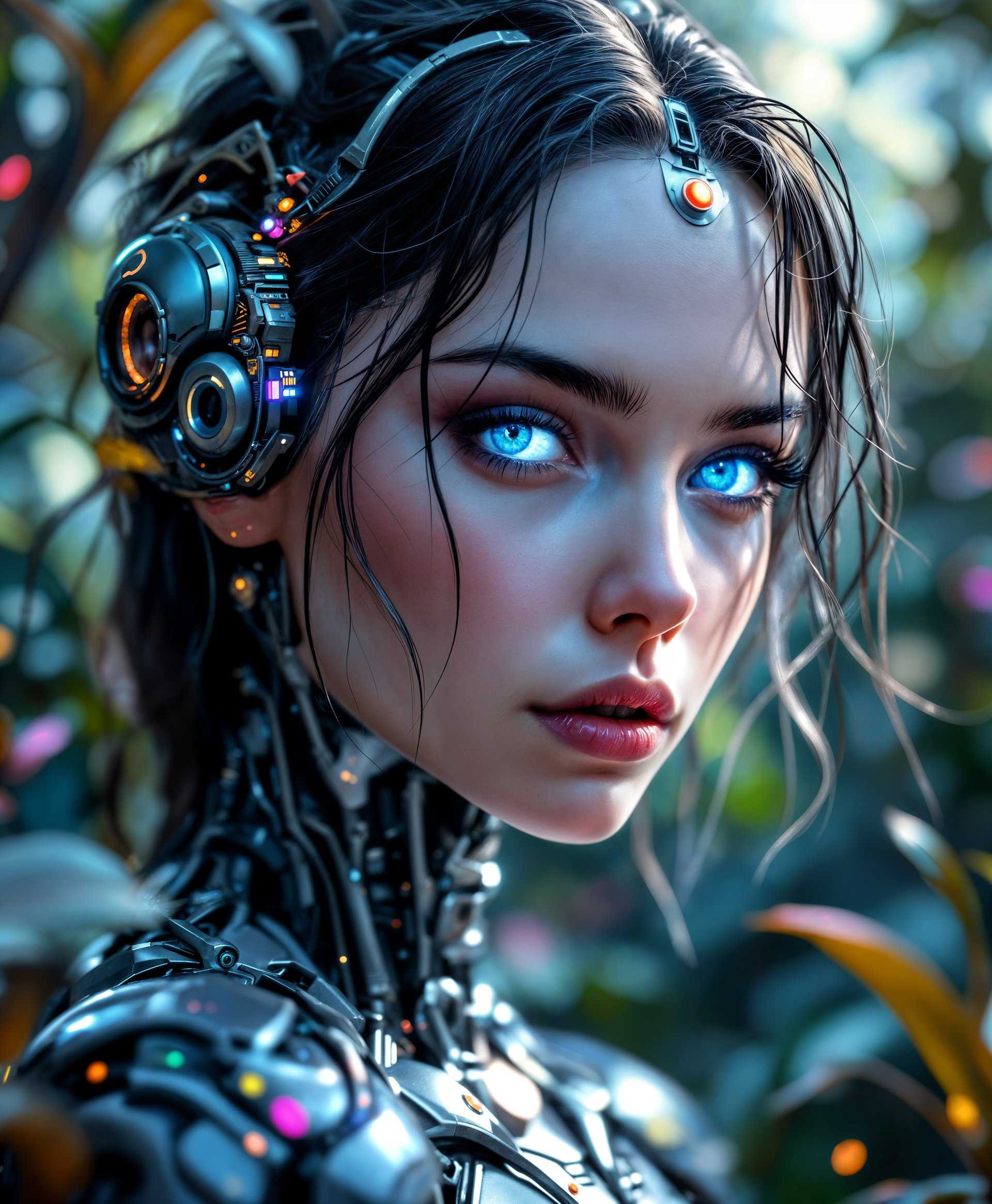 masterpiece, best quality, highres, sharp image, more detail, masterpiece, best quality, highres, sharp image, more detail, A highly detailed **portrait** of a **mecha-human female** set in a **futuristic wilderness**. 

**Visual Details:**
- **Subject:** The female figure is a blend of organic and mechanical elements, with intricate biomechanical enhancements visible on her face and body. Her eyes are a striking LED blue, glowing softly, and her hair is a cascade of metallic fibers with highlights that shimmer like oil in the sun.
- **Texture:** Her skin has a metallic sheen with subtle hints of circuitry beneath, while organic parts retain a human-like texture. The vegetation around her is lush but with a futuristic twist, featuring neon colors and bioluminescent leaves.
- **Lighting:** Soft, diffused light filters through the canopy, casting dappled shadows and highlighting her mechanical parts with reflective glows.

**Style:**
- **Artistic Influence:** Inspired by the **cyberpunk** aesthetic, with elements of **hyper-realism** to capture the detailed textures and lighting effects. 
- **Art Movement:** Reflects the detailed and surreal elements of **Surrealism** but with a futuristic twist.

**Composition:**
- **Framing:** A close-up shot focusing on her face, with the wilderness subtly framing her, creating a contrast between the wild and the mechanical.
- **Camera Angle:** A slightly low angle to emphasize her power and the imposing nature of her mecha-human form.

**Mood and Atmosphere:**
- **Time of Day:** Late afternoon, with the golden hour light filtering through the alien forest, creating a serene yet otherworldly atmosphere.
- **Ambiance:** The environment exudes an air of mystery and wonder, with the sounds of unseen futuristic wildlife and the gentle hum of her mechanical parts.

**Technical Aspects:**
- **Depth of Field:** Shallow depth of field to focus on the subject while the background remains slightly blurred, enhancing the sense of depth and immersion.
- **Color Palette:** A mix of muted earth tones with pops of neon green, blue, and pink to signify the blend of nature and technology.

**Cohesion:**
- The scene combines the natural beauty of an untouched wilderness with the advanced technology of a mecha-human, creating a visual narrative of coexistence between nature and technology. The portrait captures her serene yet powerful gaze, symbolizing harmony in a world where the line between organic and mechanical blurs.