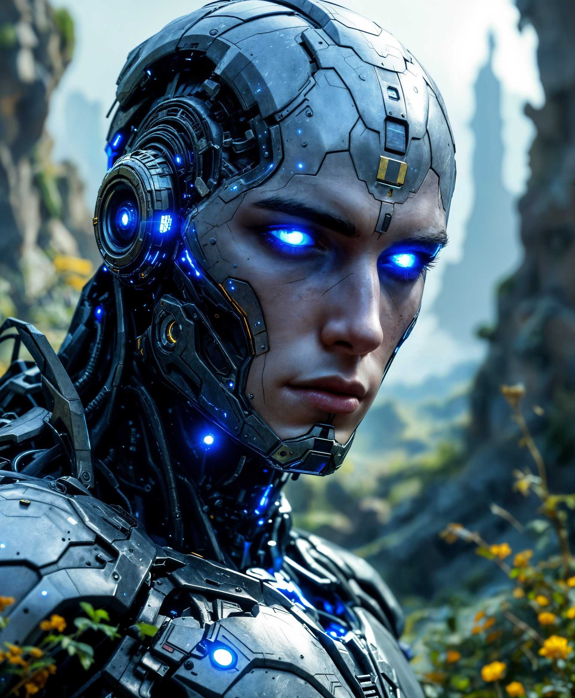 masterpiece, best quality, highres, sharp image, more detail, masterpiece, best quality, highres, sharp image, more detail, A highly detailed portrait of a **mecha-human male** in the **futuristic wild**: 

- **Visual Details**: The mecha-human's metallic skin has an intricate texture, with visible circuits and gears beneath translucent plating, shimmering in hues of gunmetal gray, deep cobalt, and electric blue. His eyes are a vivid cybernetic glow, reflecting the surrounding environment. 

- **Style**: Capture this in the style of **cyberpunk art**, with a nod to the detailed, dystopian aesthetics of artists like Tsutomu Nihei or Syd Mead. 

- **Composition**: The mecha-human is positioned slightly off-center, facing the viewer with a contemplative gaze. The camera angle is at eye level, emphasizing his imposing presence. The background is a sprawling, overgrown futuristic landscape, with the remnants of old tech and nature intertwined, creating a sense of post-apocalyptic beauty.

- **Mood and Atmosphere**: The scene is bathed in the soft, eerie glow of a setting sun, casting long shadows and highlighting the contrasts between organic and synthetic elements. There's a sense of solitude and reflection, with the air filled with the subtle hum of machinery and the distant calls of wildlife adapted to this new world.

- **Technical Aspects**: Utilize **depth of field** to focus on the mecha-human, with the background slightly blurred to emphasize the subject. Employ **chiaroscuro** lighting to enhance the dramatic effect, with the light source creating stark contrasts and highlighting the textures of both the mecha-human and the environment.

- **Cohesion**: The scene should evoke a feeling of a world where nature has reclaimed technology, yet where technology still persists in a new, symbiotic form. The mecha-human's expression and pose should reflect this blend of human and machine, standing as a testament to adaptation and survival in a post-apocalyptic setting.