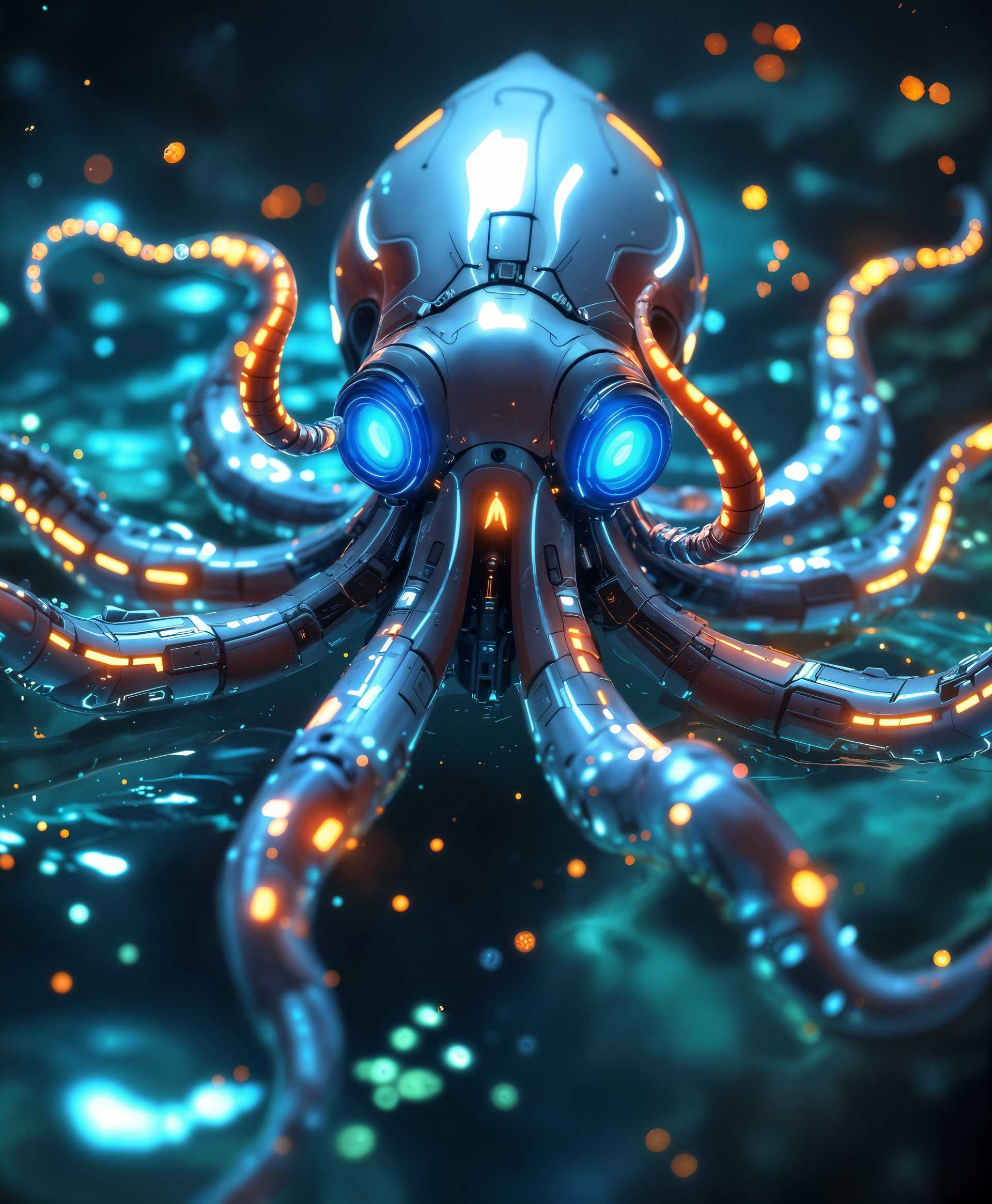 masterpiece, best quality, highres, sharp image, more detail, masterpiece, best quality, highres, sharp image, more detail, Highly detailed portrait of a **Mecha Squid** in a futuristic underwater scene:

- **Visual Details**: 
  - The mecha squid's body is composed of sleek, metallic surfaces with intricate engravings, glowing neon lines running along its mechanical tentacles, and vibrant, pulsating lights illuminating its eyes. 
  - The water surrounding it shimmers with bioluminescent plankton and micro-organisms, casting a soft, ethereal glow on the mecha squid's form.

- **Style**: 
  - Rendered in a blend of cyberpunk and hyper-realistic art, capturing the essence of a futuristic dystopia with a touch of surrealism.

- **Composition**: 
  - The mecha squid is centered, its tentacles spread out gracefully to create a sense of movement. 
  - The camera is positioned at eye level with the squid, slightly below to capture the full grandeur of the machine, with the tentacles extending towards the viewer.

- **Mood and Atmosphere**: 
  - The scene exudes an eerie yet majestic atmosphere, with the deep sea's darkness contrasting the vibrant lights from the mecha squid. 
  - The water's clarity allows for visibility, but with an atmospheric haze, suggesting depth and mystery.

- **Technical Aspects**: 
  - Employ techniques like chiaroscuro to enhance the contrast between light and shadow, emphasizing the squid's mechanical structure. 
  - Use motion blur on the tentacles to convey movement through the water.

- **Cohesion**: 
  - The futuristic sea environment seamlessly integrates with the mecha squid, creating a believable, immersive world where technology and nature coexist in a harmonious, yet unsettling balance.