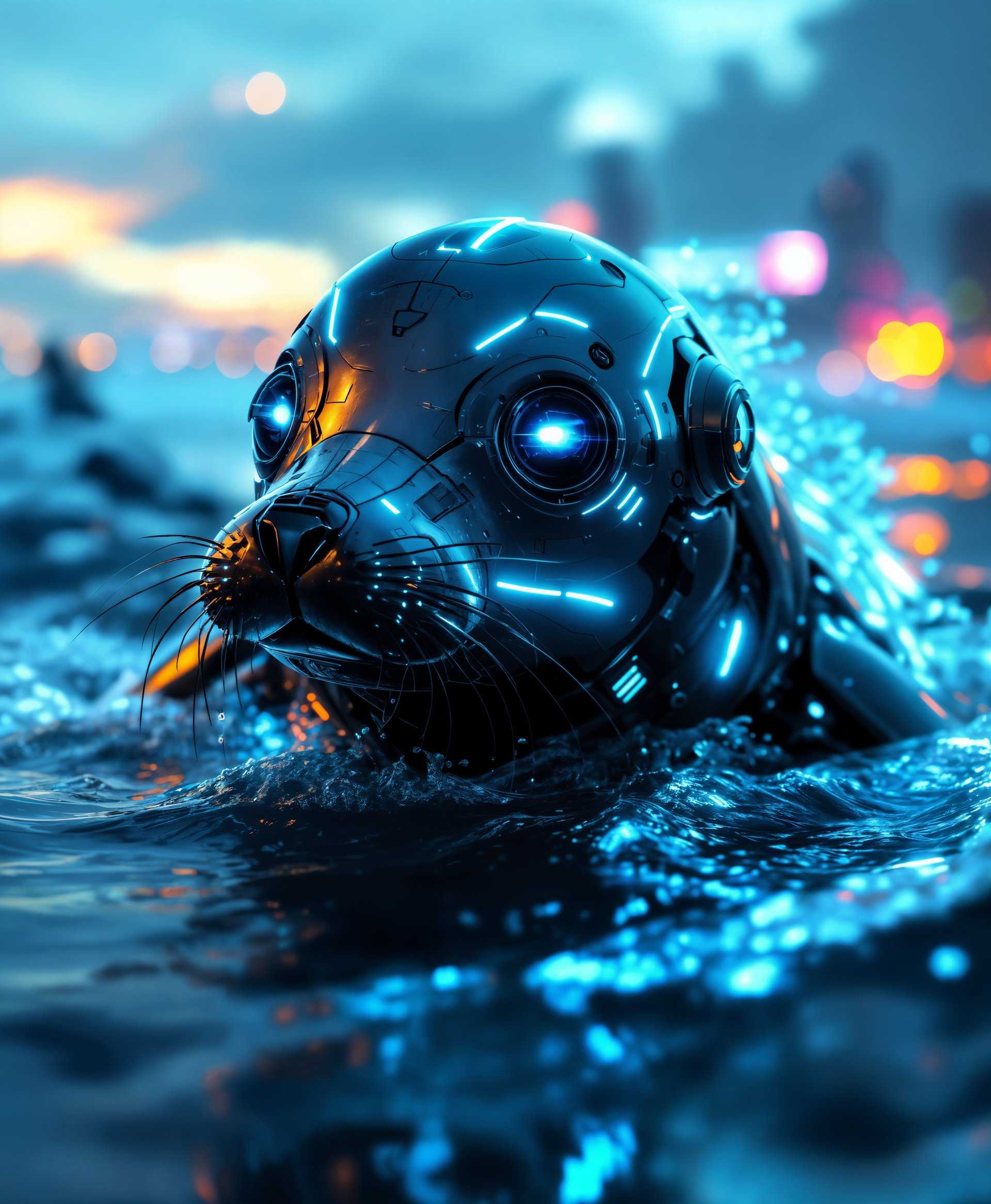 masterpiece, best quality, highres, sharp image, more detail, masterpiece, best quality, highres, sharp image, more detail, **Image Description:** A highly detailed portrait of a mecha Seal, emerging from the waves of a futuristic sea.

**Visual Details:**
- The mecha Seal is constructed from sleek, reflective metal with an array of glowing blue energy lines tracing its mechanical form, emphasizing its advanced technology and power. 
- Its eyes are illuminated with a soft, azure light, providing a striking contrast against the dark, metallic body.
- The surface of the water reflects the vibrant colors of the sky and the neon lights of distant floating cities, creating a mesmerizing pattern of light and shadow on the mecha's hull.
- The texture of the sea is dynamic, with waves that appear almost frozen in motion, showcasing the cutting-edge technology used in this futuristic environment.

**Style:**
- The style is a blend of cyberpunk and steampunk, with a touch of surrealism to highlight the juxtaposition of natural elements with advanced technology.
- The lighting is reminiscent of film noir, with high contrast and dramatic shadows that accentuate the mecha's silhouette against the futuristic backdrop.

**Composition:**
- The mecha Seal is positioned centrally, with its head slightly tilted upwards, as if it's gazing at something in the sky or distant horizon.
- The camera angle is low, capturing the grandeur of the mecha Seal and the surrounding sea from a slightly upward perspective, giving it a heroic stance.
- The frame is tight around the mecha, with the water and reflections providing a natural framing element, guiding the viewer's eye towards the subject.

**Mood and Atmosphere:**
- The atmosphere is one of awe and contemplation, with the calm, reflective sea and the distant, neon-lit cities creating a serene yet mysterious environment.
- The time of day is dusk, with the setting sun casting long, shimmering reflections across the water, adding to the ethereal quality of the scene.

**Technical Aspects:**
- The image should employ depth of field to keep the mecha Seal in sharp focus while the background remains slightly blurred, enhancing the subject's prominence.
- Use of HDR (High Dynamic Range) to capture the vast range of lighting from the dark, metallic body to the bright, neon reflections in the water.
- The scene should be rendered with photorealistic detail, showcasing the intricate design of the mecha and the realistic interplay of light and water.

**Cohesion:**
- All elements should come together to create a unified scene that feels both technologically advanced and intimately connected to the natural world, with the mecha Seal as the focal point that bridges these two realms.
