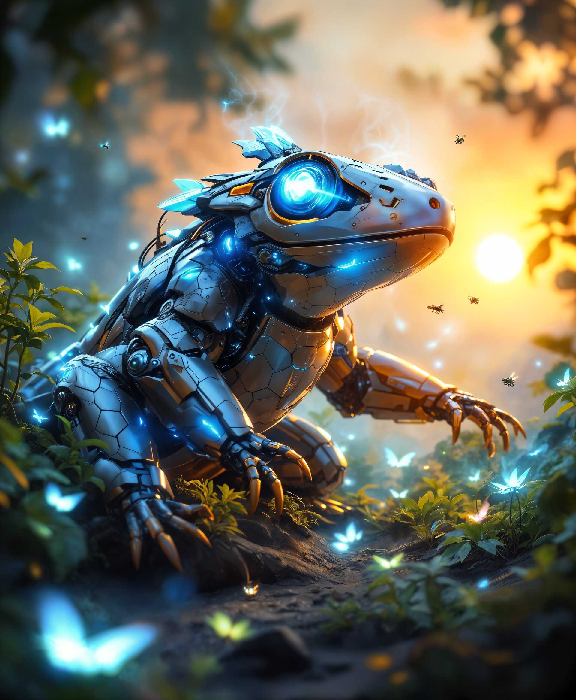 masterpiece, best quality, highres, sharp image, more detail, masterpiece, best quality, highres, sharp image, more detail, A highly detailed digital painting of a **Mecha Salamander** in a **futuristic wild** environment:

- **Subject**: The mecha salamander is a fusion of sleek, metallic components with organic, amphibian-like features. Its body is covered in iridescent, scale-like armor plates, reflecting the light in a prismatic array. The eyes are glowing with a soft, neon-blue light, and steam or vapor is gently escaping from the joints, hinting at the internal mechanisms.

- **Environment**: Surrounding the mecha salamander is a wilderness transformed by advanced technology. The flora consists of luminous, bio-engineered plants with glowing leaves and petals that emit a soft, ethereal light. The fauna includes small robotic insects buzzing around, their wings shimmering like holographic projections. The ground is a mix of soil and synthetic materials, with the occasional holographic display flickering in the underbrush.

- **Lighting**: The scene is bathed in the golden hour light, with the sun setting over a distant horizon of sleek, towering skyscrapers. The light casts long, dramatic shadows, enhancing the contrast between the natural and the artificial elements.

- **Mood and Atmosphere**: The atmosphere is one of serene yet unsettling juxtaposition; a peaceful wilderness with hints of a high-tech society lurking just beyond. The air feels charged with electricity, and there's a quiet hum of technology all around.

- **Composition**: The mecha salamander is the focal point, positioned slightly off-center in a three-quarters view, looking towards the viewer with an expression of curiosity. The camera angle is at ground level, giving a sense of intimacy with the creature. The foreground includes some of the futuristic flora framing the subject, while the background reveals the edge of the urban jungle, blending seamlessly with the wild.

- **Style**: The artwork combines elements of cyberpunk aesthetics with naturalistic painting techniques. The style is reminiscent of artists like **Katsuya Terada** or **Yoji Shinkawa**, with an emphasis on detailed, mechanical structures, and a touch of surrealism in the blending of technology with nature.

- **Technical Aspects**: Employ techniques like depth of field to blur the background slightly, enhancing the focus on the mecha salamander. Use high dynamic range (HDR) lighting to capture the contrast between the bright, glowing elements and the darker, shadowed areas. The image should have a sharp focus on the subject with a shallow depth of field, creating a dreamlike quality.

- **Cohesion**: Ensure that all elements from the futuristic