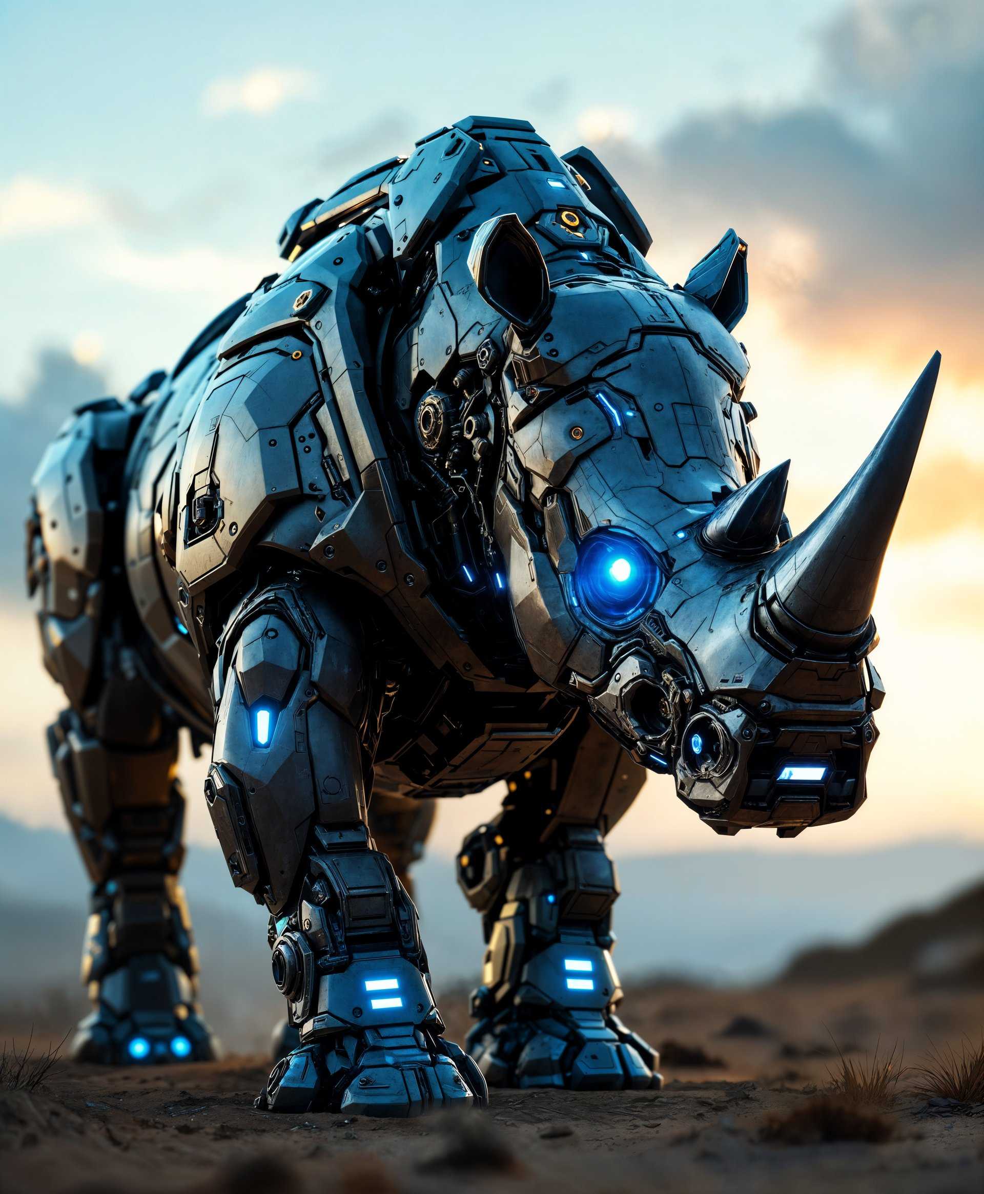 masterpiece, best quality, highres, sharp image, more detail, masterpiece, best quality, highres, sharp image, more detail, **Subject:** A mecha rhinoceros with highly detailed metallic plating, hydraulic limbs, and glowing blue circuits that mimic the natural patterns of a rhinoceros's skin.

**Visual Details:** 
- **Textures:** The mecha's body should have a mix of matte and glossy metallic finishes, with visible rivets, gears, and intricate engravings that suggest advanced technology.
- **Colors:** Predominantly gunmetal gray with accents of blue LED lights. The eyes glow a vibrant electric blue, and the plating has subtle iridescent hues reflecting the environment.
- **Lighting:** Harsh, directional lighting from the setting sun to highlight the contours and details of the mecha, casting dramatic shadows.

**Artistic Style:** Inspired by the cyberpunk genre, with elements reminiscent of Syd Mead's futuristic designs, combined with the intricate detailing of H.R. Giger's biomechanical art.

**Composition:** 
- **Framing:** A wide-angle shot to capture the full scale of the mecha within its environment, with the mecha slightly off-center for dynamic balance.
- **Camera Angle:** Low angle to emphasize the imposing size and power of the mecha rhinoceros, looking up at it from the ground level.

**Mood and Atmosphere:** 
- **Setting:** In a post-apocalyptic wilderness, where nature is reclaiming what was once man-made. Overgrown with vines, moss, and small trees that have begun to integrate with the technology.
- **Ambiance:** An atmosphere of both awe and melancholy, with the mecha as a sentinel of a bygone era, now part of the new wild.

**Technical Aspects:** 
- **Depth of Field:** A shallow depth of field focusing on the mecha, with the background slightly blurred to enhance the subject's prominence.
- **Lens Flare:** Subtle lens flares from the setting sun to add to the futuristic and cinematic feel.

**Cohesion:** The scene should convey a seamless integration of futuristic technology with the natural reclamation of the environment, creating a visual narrative of time, technology, and nature's resilience.