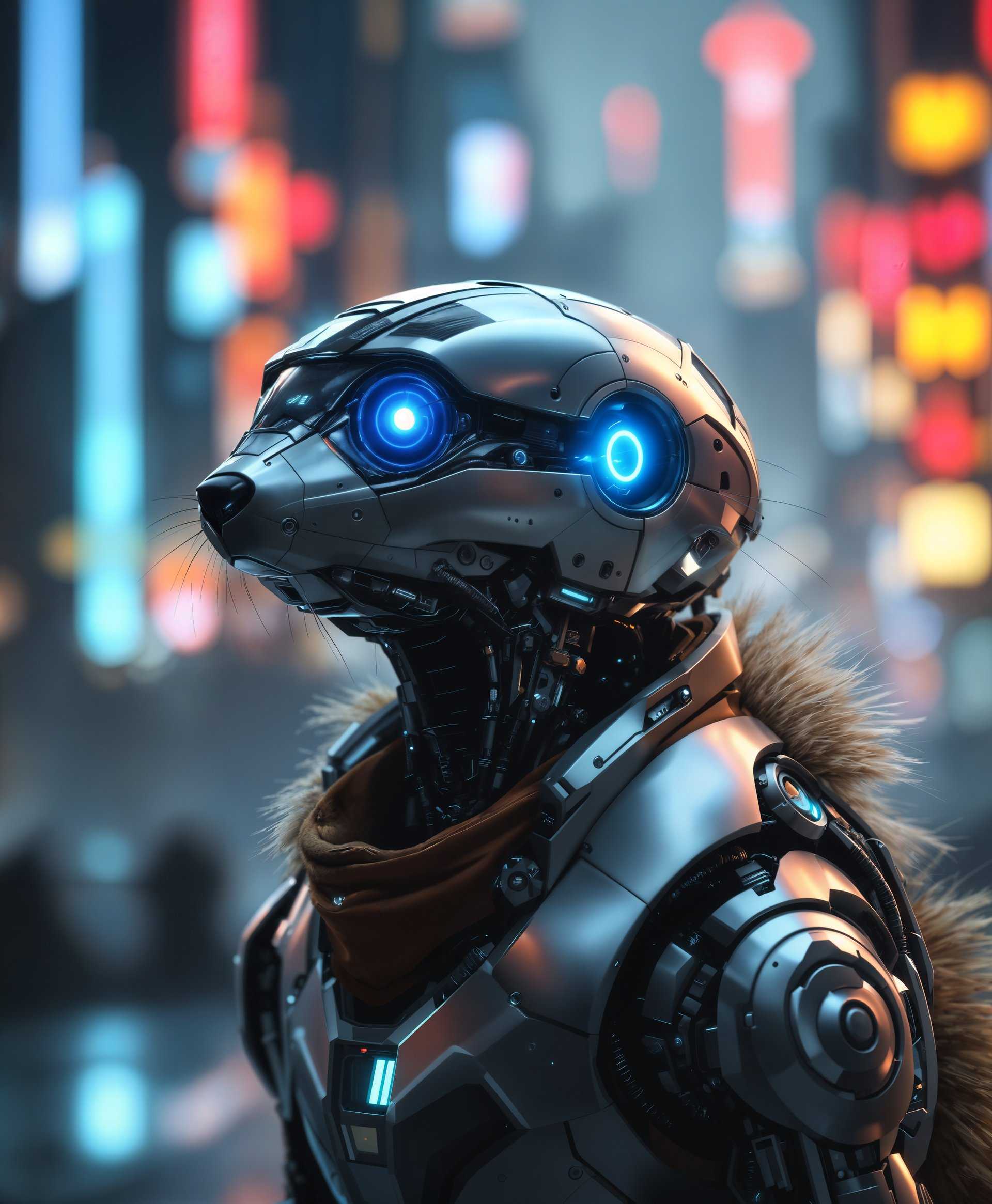 masterpiece, best quality, highres, sharp image, more detail, masterpiece, best quality, highres, sharp image, more detail, **Subject:** A highly detailed portrait of a mecha Prairie Dog

**Visual Details:**
- The mecha Prairie Dog is constructed from a sleek combination of brushed steel and carbon fiber, with intricate mechanical joints and pistons visible beneath a partially transparent outer shell.
- Its eyes are glowing with a soft blue LED light, reflecting off the metallic surfaces.
- The fur on its back is represented by fine, metallic whiskers that mimic the texture of real fur, with subtle iridescence.

**Style:**
- Cyberpunk with a touch of Art Deco, emphasizing streamlined forms and geometric patterns.
- The portrait should evoke a sense of both the mechanical and the organic, blending futuristic technology with the natural world.

**Composition:**
- The mecha Prairie Dog is the focal point, positioned in the center of the frame, with its head turned slightly to the side, looking off into the distance.
- The background is filled with the blurred outlines of futuristic, towering structures and neon signs, suggesting a sprawling cityscape or advanced wildlife preserve.

**Mood and Atmosphere:**
- The scene conveys a serene yet eerie atmosphere, with the mecha Prairie Dog standing amidst the quiet of a futuristic wild, where technology has merged with nature.
- The lighting is low-key, with the primary light source coming from the mecha's own glowing parts and the ambient neon lights of the distant city.

**Technical Aspects:**
- Utilize a shallow depth of field to focus on the mecha Prairie Dog, with the background slightly out of focus to enhance the sense of depth.
- Employ a macro lens effect to capture the intricate details of the mechanical components and the simulated fur texture.
- Use a high dynamic range (HDR) to balance the bright LED lights with the darker surroundings, enhancing the contrast and detail in shadows.

**Cohesion:**
- The entire scene should blend the natural behavior of a Prairie Dog with futuristic technology, creating a believable, harmonious existence in this new wild environment.