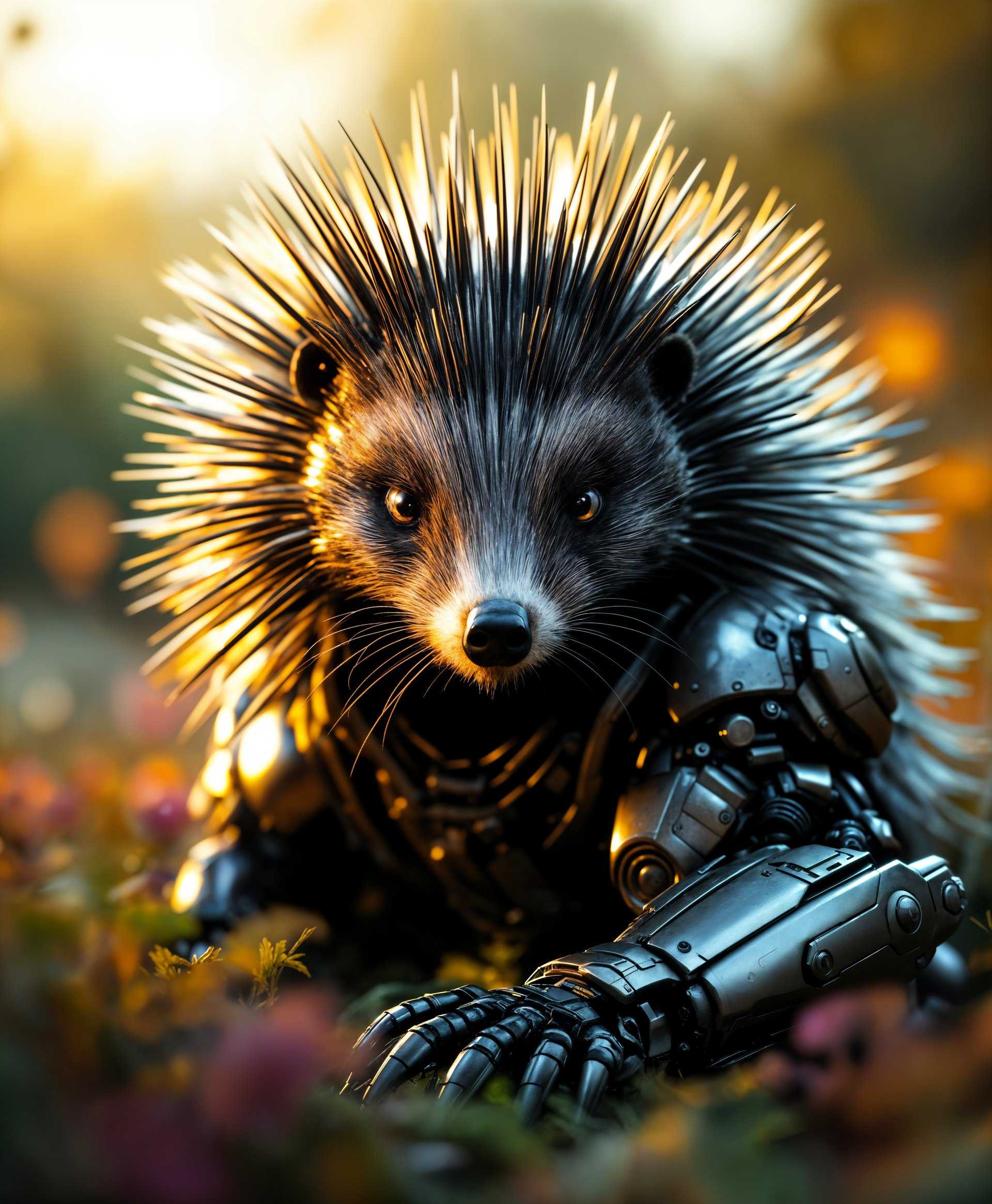 masterpiece, best quality, highres, sharp image, more detail, masterpiece, best quality, highres, sharp image, more detail, A highly detailed **portrait** of a **mecha porcupine**, its sleek, metallic spines shimmering under the **soft, golden light** of a **futuristic wilderness** at **sunset**. The **texture** of its armor is **intricate**, with **hydraulic mechanisms** subtly visible, blending **industrial design** with **natural elements**. The **composition** focuses on the porcupine, slightly off-center, its gaze directed towards the viewer, with **blurred foliage** in the background to enhance depth. The **mood** is **serene yet powerful**, with the **atmosphere** filled with a sense of **calm technology** integrated into **nature**. The **lighting** highlights the **metallic sheen** and the **vibrant colors** of the surrounding flora, using **soft focus** and **shallow depth of field** to create a **cinematic** feel. The **art style** combines **cyberpunk** aesthetics with **realism**, capturing the **intricate details** of the mecha design against the **futuristic backdrop**.