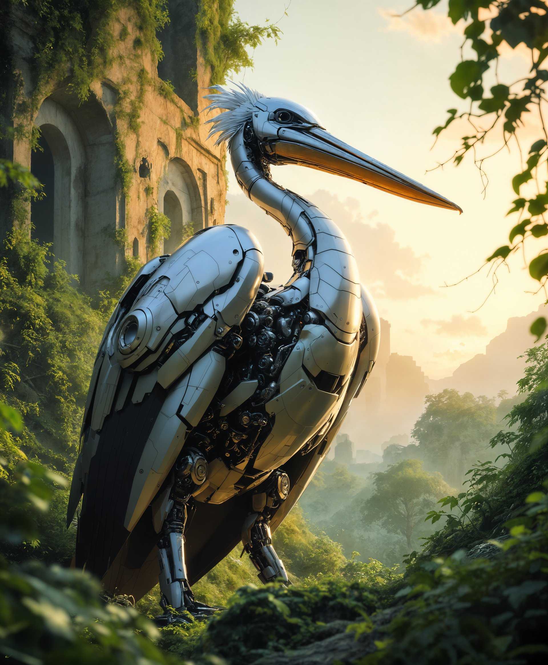 masterpiece, best quality, highres, sharp image, more detail, masterpiece, best quality, highres, sharp image, more detail, **Prompt:** A highly detailed portrait of a **mecha Pelican** standing majestically in the **futuristic wild**. The mecha should be crafted with **chrome and steel**, its metallic feathers glinting under the **golden hour light**. The **background** features a **lush, overgrown** landscape with **futuristic ruins** partially covered by **vines and moss**, evoking a sense of **post-apocalyptic nature reclaiming technology**. The **camera angle** is low, looking up to emphasize the **imposing stature** of the mecha, with **soft, natural light** filtering through the foliage to create **moody shadows** and **highlights**. The **artistic style** blends **hyper-realism** with **cyberpunk aesthetics**, showcasing **intricate mechanical details** like gears, pistons, and wiring within the Pelican's structure. The **mood** is serene yet powerful, with a **clear sky** hinting at a **sunset** that bathes the scene in **warm, orange hues**, enhancing the **atmospheric depth** and **visual contrast**.