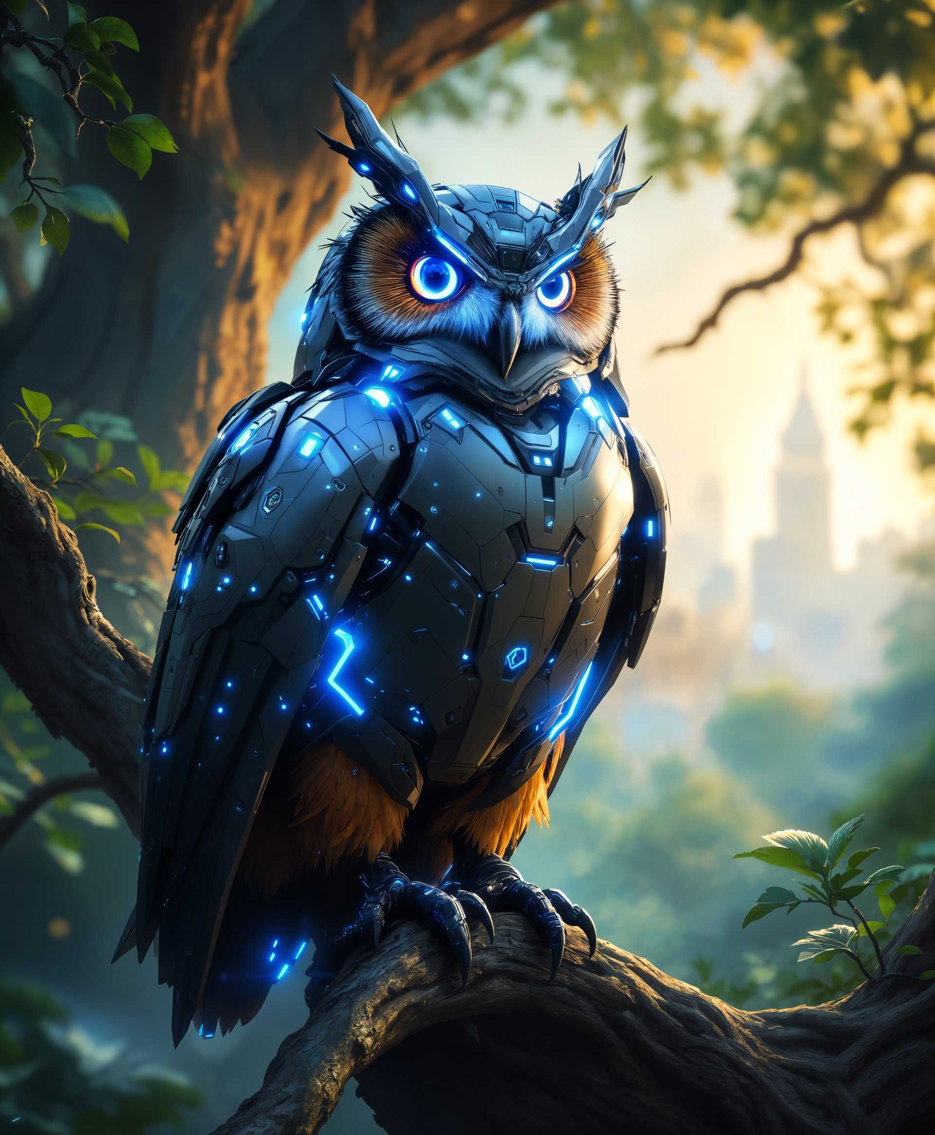 masterpiece, best quality, highres, sharp image, more detail, masterpiece, best quality, highres, sharp image, more detail, Create an ultra-realistic, highly detailed portrait of a **Mecha Owl** set in a **futuristic wild environment**:

- **Subject**: A sleek, metallic owl with intricate mechanical components, including glowing blue circuitry, polished steel feathers, and advanced sensory arrays. Its eyes should be vibrant, LED-like, capturing the essence of artificial intelligence.

- **Environment**: The owl perches on an ancient, gnarled tree, whose roots are entwined with futuristic technology. The background showcases a blend of untouched nature with advanced, neon-lit structures hinting at a distant, cyberpunk cityscape.

- **Lighting**: Utilize soft, ambient light with subtle rays filtering through the canopy, illuminating the owl's mechanical features. Add lens flares to emphasize the reflective surfaces of the owl's body.

- **Artistic Style**: Mimic the precision and detail of **hyper-realistic digital painting** combined with elements of **cyberpunk aesthetics**, reminiscent of Syd Mead's futuristic designs.

- **Composition**: Frame the owl in a **medium close-up**, showcasing its detailed mechanical structure while still providing context of the surrounding futuristic wild. Use a **low angle** to enhance the owl's imposing presence.

- **Mood and Atmosphere**: The scene should evoke a sense of **mystery, awe, and the fusion of technology with nature**. The time of day is **dusk**, with a gradient sky transitioning from deep blues to purples, punctuated by the glow of neon lights.

- **Technical Aspects**: Use **depth of field** to blur the distant cityscape, keeping the focus on the owl. Employ **bokeh effects** for the lights in the background, and consider **motion blur** for any moving parts of the owl, suggesting its readiness for action.

- **Cohesion**: Ensure the blend of mechanical and organic elements feels natural, creating a harmonious yet eerie juxtaposition that defines the scene's unique atmosphere.