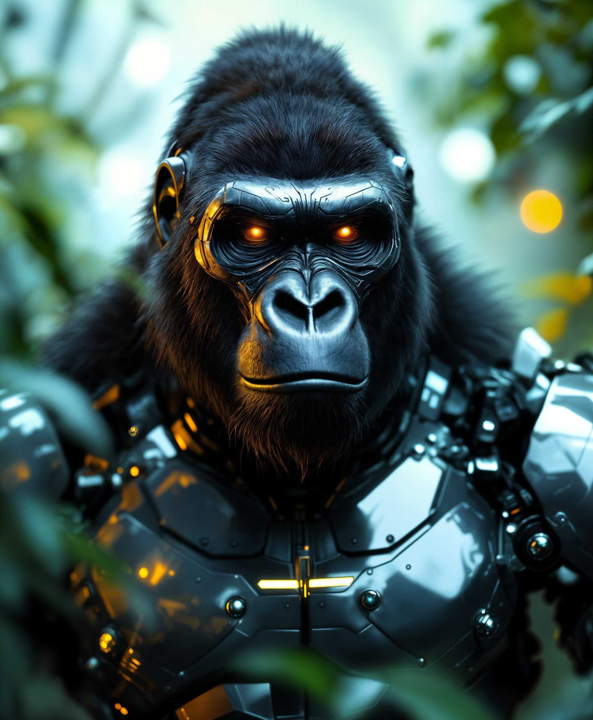 masterpiece, best quality, highres, sharp image, more detail, masterpiece, best quality, highres, sharp image, more detail, **Subject:** A highly detailed portrait of a mecha Gorilla, standing amidst the futuristic wild.

**Visual Details:**
- The mecha Gorilla features sleek, metallic plating with intricate patterns etched into the metal, reflecting the ambient light with a soft glow.
- Its eyes are piercing, with a holographic visor displaying data streams and targeting systems.
- The body is muscular, with hydraulic pistons visible at the joints, simulating muscle movement with fluid precision.
- The fur is replaced by fine, scale-like armor plates that transition into a smooth, high-gloss finish.

**Style:**
- Inspired by cyberpunk aesthetics, with elements of industrial design mixed with organic shapes to mimic the natural form of a gorilla.
- The art style should have a photorealistic quality, with a nod to concept art from sci-fi films like "Blade Runner" or "Ghost in the Shell".

**Composition:**
- The mecha Gorilla is the focal point, positioned slightly off-center to allow for an engaging view of its surroundings.
- The camera angle is low, looking up at the Gorilla to emphasize its imposing size and strength.
- The framing includes a dynamic, diagonal line leading from the lower left to the upper right, guiding the viewer's eye through the scene.

**Mood and Atmosphere:**
- The setting is dusk, with the sun setting behind the Gorilla, casting long shadows and creating a dramatic backlight.
- The atmosphere is filled with mist, giving an ethereal quality to the light, diffusing it through the wild, futuristic landscape.
- The mood is one of awe and respect, with the Gorilla standing as a guardian of this untamed, technologically advanced wilderness.

**Technical Aspects:**
- Use of depth of field to blur the background, focusing on the mecha Gorilla.
- High dynamic range (HDR) to capture the contrast between the bright, metallic surfaces and the darker, natural elements.
- Ambient occlusion to add depth and realism to the Gorilla's mechanical parts, enhancing the three-dimensionality of the scene.

**Cohesion:**
- The futuristic wild is a blend of overgrown, lush vegetation intertwined with advanced technology, creating a harmonious fusion of nature and machine.
- The colors should be rich and saturated, with neon accents highlighting the Gorilla's mechanical enhancements, tying the scene together in a visually coherent narrative.