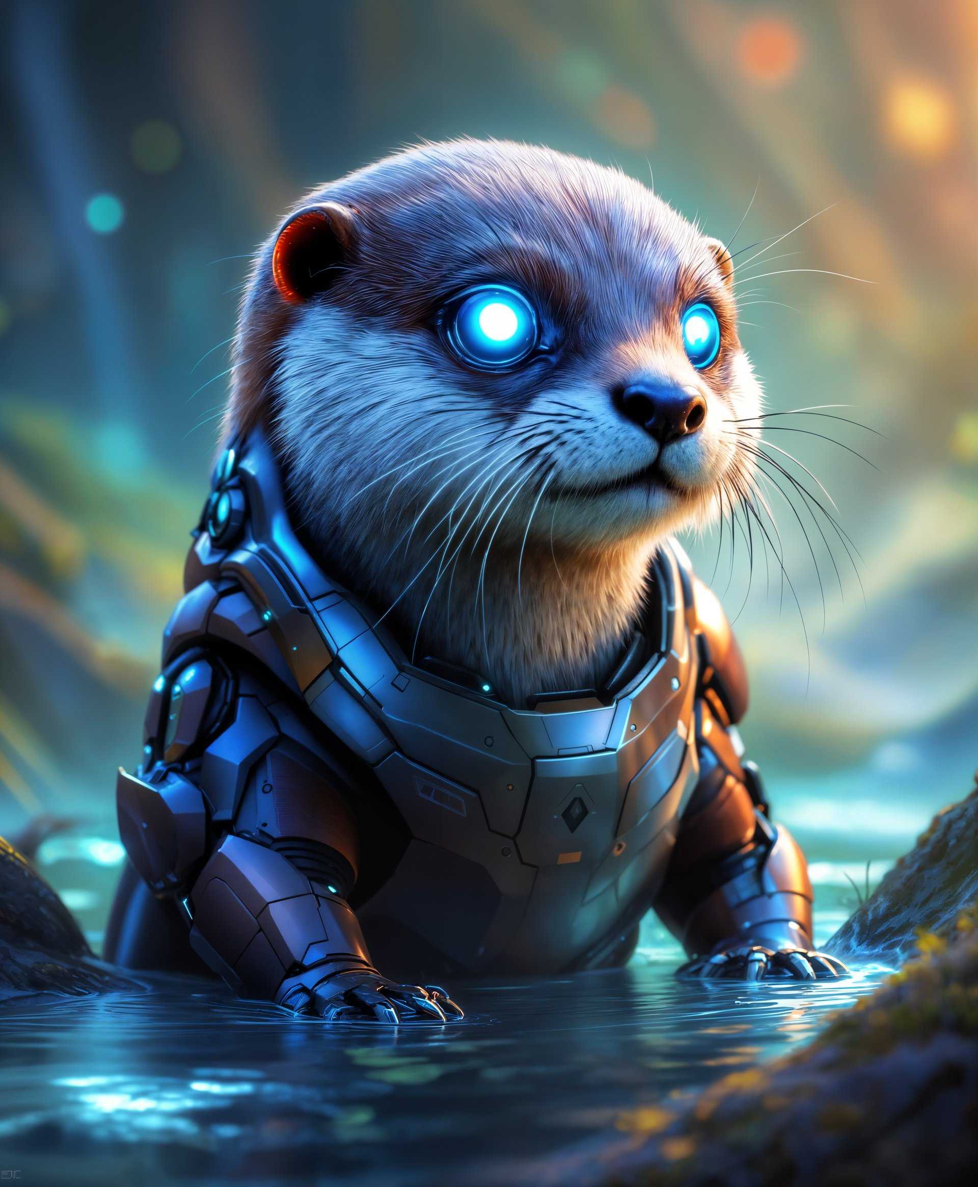 masterpiece, best quality, highres, sharp image, more detail, masterpiece, best quality, highres, sharp image, more detail, Create a highly detailed digital painting of a mecha Otter in the **futuristic wild**. The Otter should be anthropomorphic, with sleek, metallic armor that reflects the **neon hues** of the environment. Its eyes should glow with an **intense blue light**, giving it a **cybernetic feel**. The **fur** around its face and joints should be **metallic** with a **brushed finish**, showing subtle **wear and tear** from its adventures.

**Visual Details:**
- **Texture:** The mecha parts should have a **high-tech, smooth finish** with **detailed engravings** reminiscent of advanced circuitry. The fur should appear **soft yet metallic**, with **shimmering, iridescent highlights**.
- **Colors:** Use a palette of **cool blues, electric purples, and neon greens** to create a futuristic, otherworldly feel. The background should have **vibrant splashes** of these colors contrasting with the **natural, muted colors** of the wild landscape.

**Style:** 
- The image should evoke the **cyberpunk aesthetic**, with elements of **steampunk** in the mechanical design for a unique blend of **past and future**.

**Composition:**
- Frame the Otter in a **dynamic pose** against a **lush, overgrown forest** with **futuristic structures** peeking through the foliage. The camera angle should be **slightly low** to emphasize the Otter's **imposing presence** and the **vastness of the landscape** behind it.

**Mood and Atmosphere:**
- Capture a **dusk or twilight** setting where the **light fades**, enhancing the **mystical and surreal** atmosphere. The **air should have a slight mist**, diffusing light and giving depth to the scene.

**Technical Aspects:**
- Use **depth of field** to focus sharply on the Otter while allowing the background to blur slightly, enhancing the **sense of depth**. Employ **HDR techniques** to capture the **vivid contrast** between the dark, natural environment and the glowing, neon elements.

**Cohesion:**
- Ensure that the **futuristic elements** blend seamlessly with the **natural wilderness**, creating a **plausible, immersive world** where technology and nature coexist in harmony.