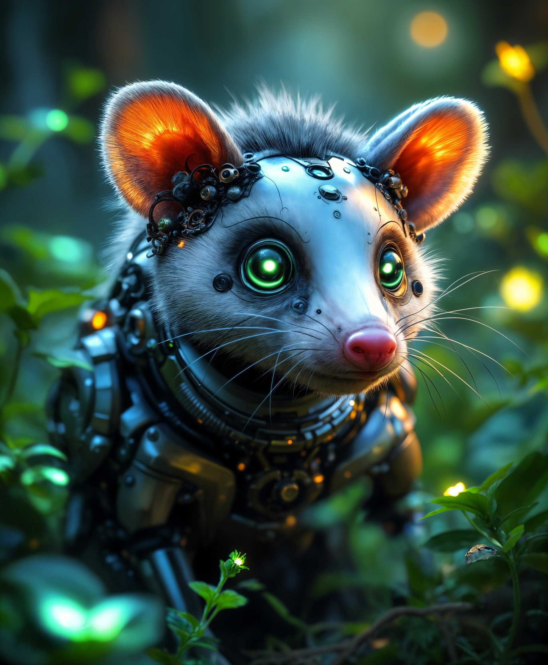 masterpiece, best quality, highres, sharp image, more detail, masterpiece, best quality, highres, sharp image, more detail, A hyper-realistic portrait of a **Mecha Opossum** set against a **futuristic wilderness**:

- **Visual Details**: The opossum's metallic body is adorned with intricate mechanical parts, featuring gears, pistons, and exposed circuitry. Its fur is a mix of sleek, synthetic fibers and matte metal plates with a gradient from gunmetal gray to iridescent blue. The eyes glow with a soft, neon green light, reflecting the advanced technology within. The background is a lush, overgrown jungle with bioluminescent plants casting eerie, soft glows.

- **Style**: Inspired by **cyberpunk** aesthetics, the image captures a blend of high-tech and nature, reminiscent of Syd Mead's futuristic designs, with a touch of surrealism from H.R. Giger's biomechanical art.

- **Composition**: The mecha opossum is the focal point, positioned centrally in a **portrait** shot, with its head slightly turned to look directly at the camera. The camera angle is slightly low, emphasizing the opossum's imposing presence. The framing includes elements of the futuristic wilderness, with branches and leaves framing the subject.

- **Mood and Atmosphere**: The scene evokes a **dystopian yet enchanting** mood, with the time of day set at twilight, where the artificial lights of the mecha opossum contrast with the natural bioluminescence. The atmosphere is dense with humidity and a slight mist, enhancing the eerie, otherworldly feel.

- **Technical Aspects**: The image should be rendered with **high dynamic range (HDR)** to capture the contrast between the dark metal and glowing lights. Utilize **bokeh** to create a shallow depth of field, focusing on the opossum while the background blurs into a tapestry of colors and lights.

- **Cohesion**: The integration of the mecha opossum into the futuristic wild creates a harmonious blend of technology and nature, where the machine has become part of the ecosystem, adapting and thriving in this new world.