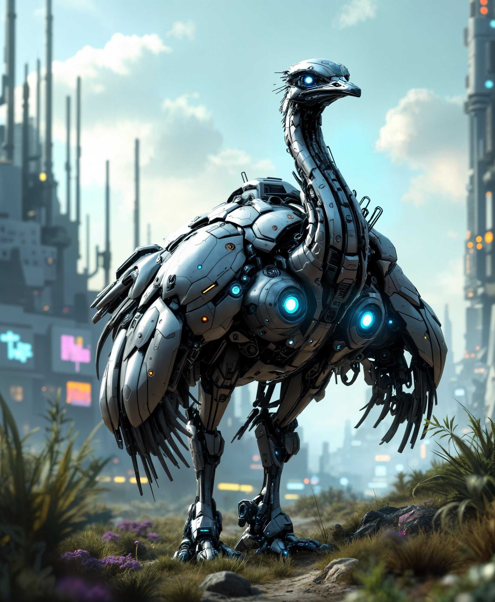 masterpiece, best quality, highres, sharp image, more detail, masterpiece, best quality, highres, sharp image, more detail, A highly detailed **portrait** of a **mecha ostrich** in the **futuristic wild**, showcasing:

- **Subject**: An intricately designed mecha ostrich with metallic feathers, glowing blue eyes, and sleek, aerodynamic body parts. The ostrich has visible mechanical enhancements like hydraulic legs, servo-driven joints, and a tail that ends in a high-tech sensor array.

- **Setting**: The background features a futuristic landscape with towering, bio-luminescent plants, holographic billboards, and a partially visible city skyline with neon lights reflecting off the horizon. The ground is covered with a mixture of natural grass and synthetic, metallic flora.

- **Lighting**: A mix of natural sunlight filtering through an artificial sky with the addition of neon glow from the city, casting sharp shadows and highlighting the reflective surfaces of the mecha ostrich.

- **Visual Details**: 
  - **Textures**: The ostrich's feathers are made of a brushed metal, giving off a sheen; its body has panels of carbon fiber for strength and flexibility, with visible wiring and circuitry.
  - **Colors**: A palette dominated by cool blues, silvers, and occasional neon green highlights. The natural elements have a muted, earthy tone, contrasting with the high-tech elements.

- **Artistic Style**: The image should be rendered in a **cyberpunk** style, with elements reminiscent of Syd Mead's futuristic designs, blending organic forms with mechanical precision.

- **Composition**: The mecha ostrich stands in a three-quarter view, slightly turned to face the camera, with its head raised to show its full height against the backdrop. The framing should allow for a sense of depth, with the ostrich as the focal point, surrounded by the wild, futuristic environment.

- **Mood and Atmosphere**: The scene conveys a serene yet technologically advanced atmosphere, with a hint of adventure and exploration. The time of day is dusk, where the fading light of day meets the rising illumination of the city, creating a unique blend of natural and artificial light.

- **Technical Aspects**: Utilize **depth of field** to focus on the mecha ostrich while subtly blurring the distant cityscape. Employ **bokeh** effects from the city lights to enhance the futuristic feel. The image should have a high dynamic range (HDR) to capture the contrast between the bright highlights and dark shadows. 

This composition should work together to create a visually cohesive and believable scene of a futuristic wild inhabited by advanced robotic creatures.