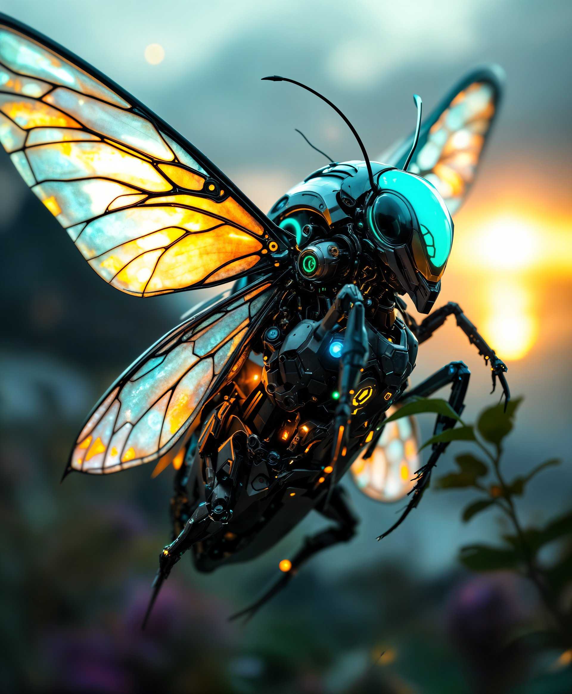 masterpiece, best quality, highres, sharp image, more detail, masterpiece, best quality, highres, sharp image, more detail, A highly detailed portrait of a mecha Moth, crafted with intricate metallic textures and glowing neon accents, set within the futuristic wild. **Visual Details:** The mecha Moth features a sleek, aerodynamic design with iridescent wings that shimmer in the light, and its body is covered in finely detailed mechanical components, including gears, pistons, and micro-circuitry. **Colors:** Predominantly in shades of metallic silver, gunmetal, with splashes of vibrant neon green and blue, highlighting the energy systems and lights. **Lighting:** The scene is illuminated by a soft, ambient light from a setting sun, casting long shadows and enhancing the reflective surfaces of the mecha Moth. **Style:** This image captures the essence of cyberpunk with a touch of surrealism, reminiscent of Syd Mead's futuristic designs mixed with the elegance of Art Nouveau. **Composition:** The mecha Moth is positioned centrally, its wings spread wide, taking up the majority of the frame, with its head turned slightly to the side, offering a profile view. The background subtly blends into a dense, futuristic forest, with hints of advanced technology integrated into the flora. **Mood and Atmosphere:** The atmosphere is serene yet charged with latent power; the calm before a technological storm. The time of day is dusk, with a slight fog adding to the ethereal quality. **Technical Aspects:** The image should exhibit a shallow depth of field, focusing sharply on the mecha Moth, while the background remains slightly blurred. Use techniques like rim lighting to outline the silhouette of the Moth against the darker backdrop, and incorporate lens flares to highlight the neon elements. **Cohesion:** All elements combine to create a scene where technology and nature harmonize, presenting a vision of the future where both can coexist in a visually compelling narrative.