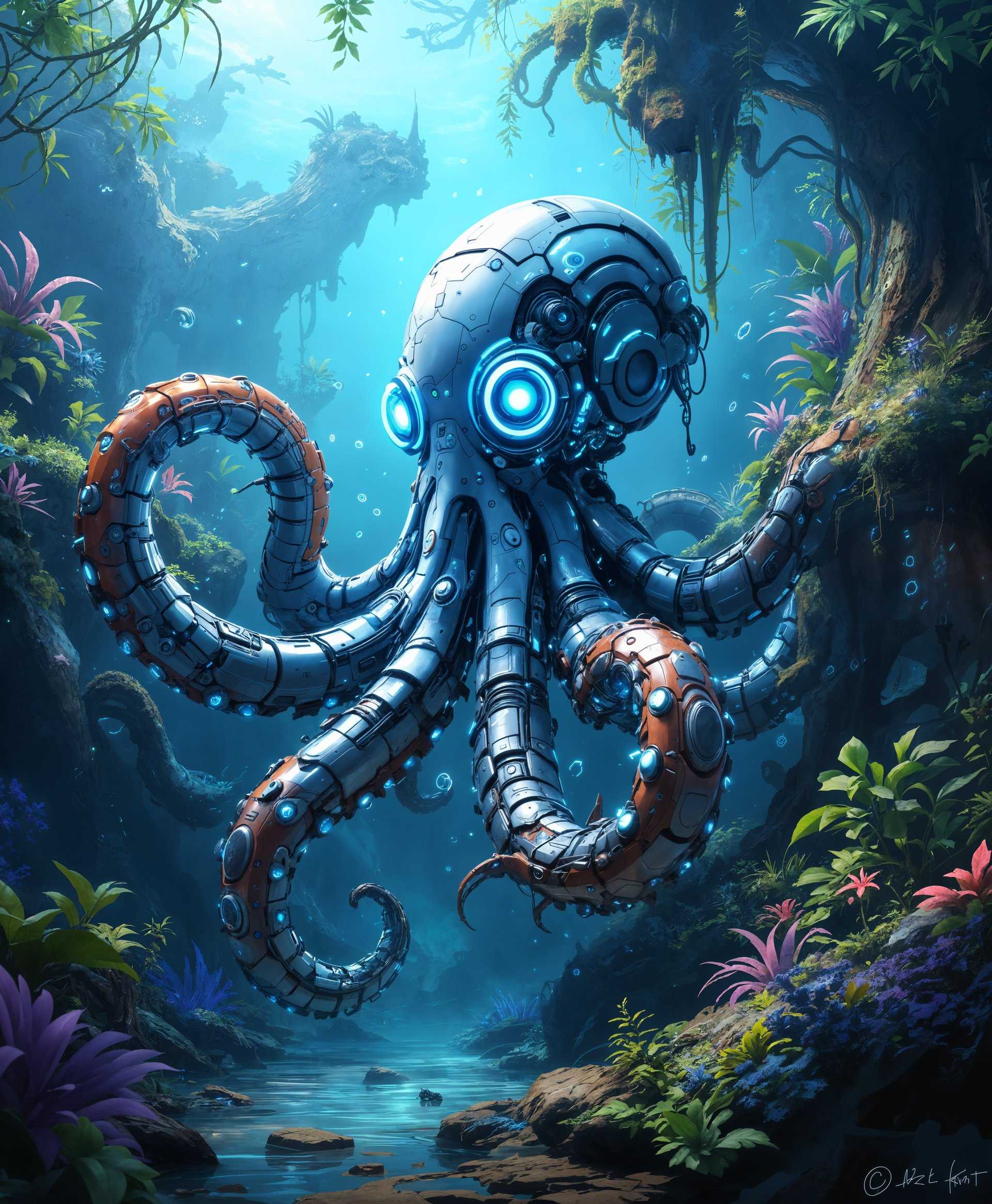masterpiece, best quality, highres, sharp image, more detail, masterpiece, best quality, highres, sharp image, more detail, Create a highly detailed digital painting of a **Mecha Octopus** in a **futuristic wild** setting:

- **Subject**: The mecha octopus, a blend of organic and mechanical forms, with intricate details on its metallic limbs and tentacles, showcasing advanced technology with visible gears, pistons, and glowing energy circuits. Its eyes are large, glowing with a neon blue light, reflecting intelligence and sentience.

- **Setting**: The scene is set in a lush, overgrown jungle that has reclaimed technology. The foliage is a mix of vibrant greens, electric blues, and neon pinks, with bioluminescent plants lighting up the area. Rusted remnants of old machines and futuristic structures are intertwined with the flora, creating a harmonious yet eerie juxtaposition.

- **Artistic Style**: Utilize a **cyberpunk** aesthetic with elements of **biopunk**, emphasizing contrast between organic and synthetic elements. The style should be hyper-realistic with a touch of surrealism, reminiscent of Syd Mead's futuristic designs mixed with H.R. Giger's biomechanical art.

- **Composition**: The mecha octopus should be the focal point, positioned centrally or slightly off-center, with its tentacles interacting with the environment, perhaps climbing or manipulating the surrounding tech. Use a low camera angle to emphasize its size and grandeur, with a wide-angle lens to capture the depth and scale of the wild environment.

- **Mood and Atmosphere**: Convey a sense of wonder, mystery, and slight danger. The time is dusk, with the last rays of sunlight filtering through the canopy, casting long shadows and highlighting the glowing elements of both the mecha and the flora. The air is thick with moisture, creating a misty, almost otherworldly ambiance.

- **Technical Aspects**: Employ **ray tracing** for realistic lighting and shadow effects, **bokeh** for depth of field to blur the background foliage, and **HDR** to capture the dynamic range between dark shadows and bright highlights. Use **motion blur** subtly to suggest movement in the tentacles.

- **Cohesion**: Ensure that the mecha octopus integrates seamlessly with the futuristic wild, where technology has become part of the natural world. The scene should feel like a snapshot of a living, evolving ecosystem where nature and technology coexist in an uneasy balance.