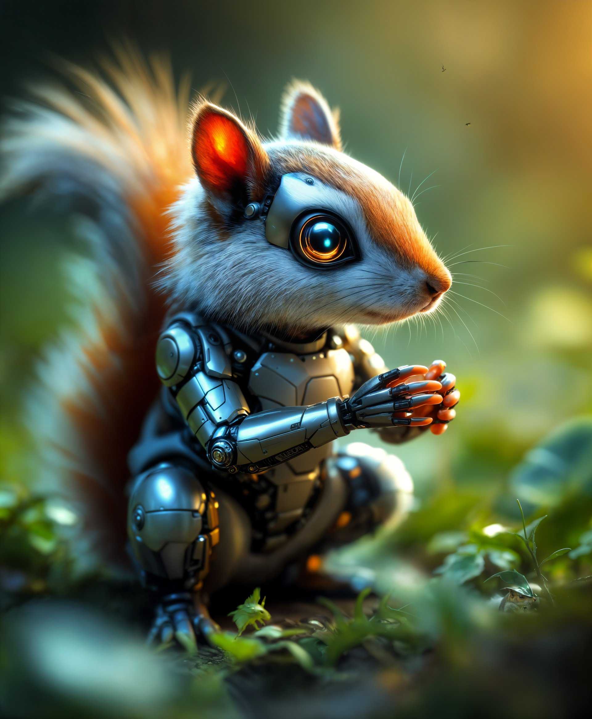 masterpiece, best quality, highres, sharp image, more detail, masterpiece, best quality, highres, sharp image, more detail, **Prompt:**

Create a highly detailed, ultra-realistic portrait of a *mecha squirrel* in the **futuristic wild**. The mecha squirrel should exhibit:

- **Visual Details:** 
  - A sleek, metallic body with intricate mechanical parts, showcasing advanced engineering and futuristic technology.
  - Fur that blends real textures with metallic accents, giving a sense of both natural beauty and artificial enhancements.
  - Eyes with a holographic glow, reflecting the environment with digital precision.

- **Style:**
  - Emulate the style of **cyberpunk art**, with a fusion of organic and mechanical elements, reminiscent of artists like Syd Mead or Tsutomu Nihei.
  - Use a **high dynamic range** (HDR) technique to capture the stark contrast between light and shadow, enhancing the futuristic atmosphere.

- **Composition:**
  - The mecha squirrel is positioned centrally, with its body angled slightly to the side, displaying its intricate design from multiple angles.
  - The camera angle is **low**, emphasizing the grandeur and imposing presence of the mecha squirrel against the wild backdrop.
  - Framing includes elements of the environment, like futuristic flora or remnants of old technology, to contextualize the setting.

- **Mood and Atmosphere:**
  - Set in a **dystopian forest** with neon lights piercing through the canopy, creating an eerie, otherworldly ambiance.
  - The time of day is twilight, with the sky exhibiting a mix of deep purples, oranges, and blues, highlighting the contrast between nature and technology.
  - The atmosphere is dense with a light mist, adding depth and mystery to the scene.

- **Technical Aspects:**
  - Use **bokeh** effect to blur the background slightly, keeping focus on the mecha squirrel.
  - Employ **ray tracing** to simulate realistic light reflection and refraction on the metallic surfaces of the squirrel.
  - Apply **digital painting** techniques to enhance the texture and detail of both the mechanical and organic parts.

- **Cohesion:**
  - All elements should work together to create a scene where technology and nature coexist in a seamless, believable manner, evoking a sense of awe and wonder at the integration of advanced technology into the natural world.