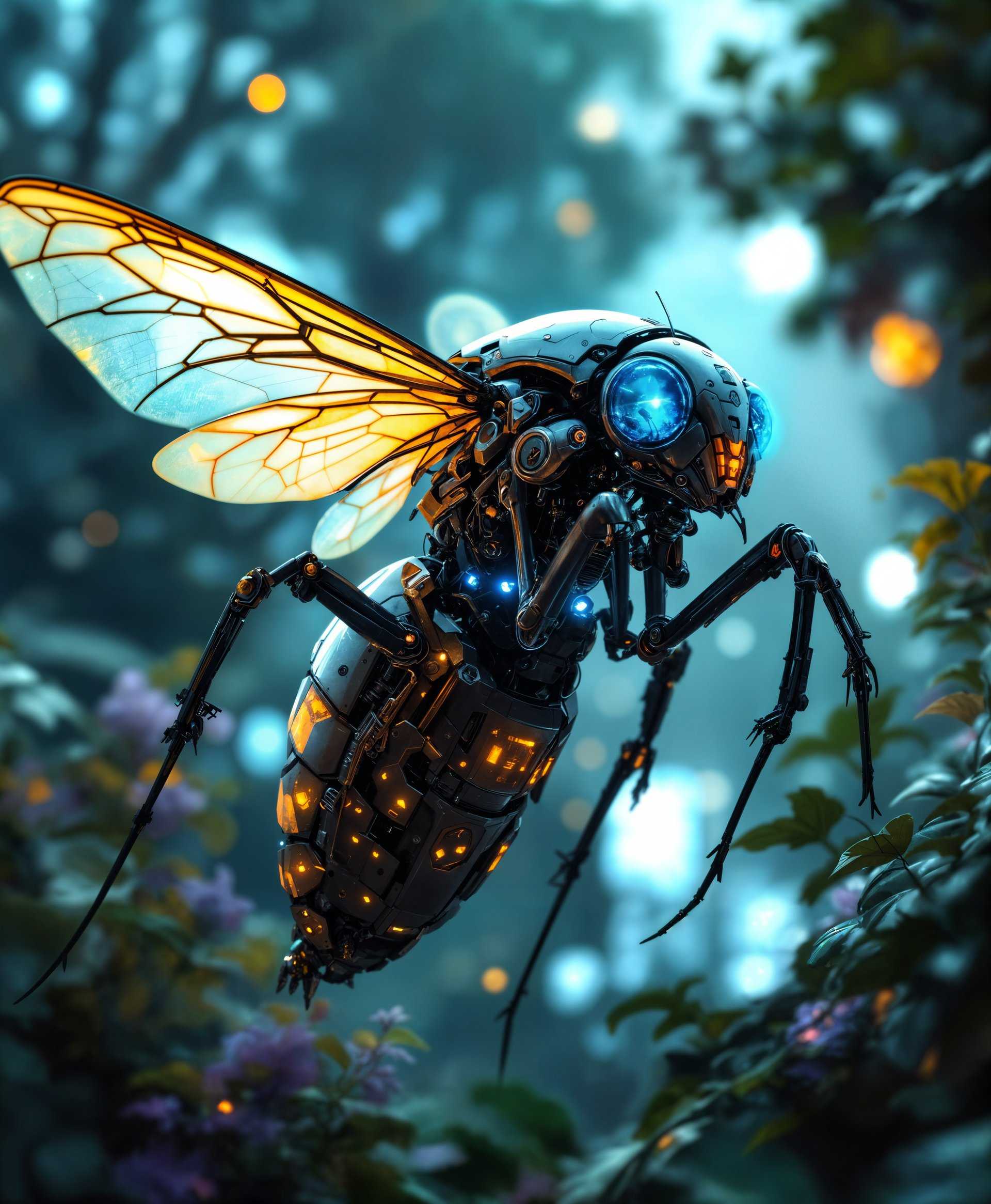 masterpiece, best quality, highres, sharp image, more detail, masterpiece, best quality, highres, sharp image, more detail, **Subject:** A highly detailed portrait of a mecha mosquito, featuring intricate mechanical parts and futuristic technology.

**Environment:** Set in the heart of a futuristic wilderness, where nature and advanced technology coexist in harmony. The background showcases towering trees with metallic leaves, glowing flora, and a sky with both stars and digital screens.

**Visual Details:**
- **Mecha Mosquito:** Crafted with precision, its body is made of sleek, chrome-colored metal with intricate engravings. Its wings are transparent with a subtle iridescent glow, showcasing internal circuitry. The eyes are multifaceted, glowing with a soft blue light, reflecting the environment. 
- **Textures:** The mosquito's body has a mix of smooth surfaces and rugged, weathered parts, suggesting a long life in the wild. The foliage around has a mix of organic and synthetic textures, with vines intertwined with fiber optic cables.
- **Lighting:** The scene is illuminated by a mix of natural moonlight and artificial light sources from the surrounding technology, creating dramatic shadows and highlights that emphasize the mecha mosquito's features.

**Style:** Inspired by cyberpunk aesthetics with a touch of bio-mechanical art, reminiscent of H.R. Giger's work but with a more vibrant and hopeful tone. 

**Composition:**
- **Camera Angle:** A low-angle shot looking up at the mecha mosquito, making it appear larger and more imposing, yet majestic in its environment.
- **Framing:** The mosquito is framed between two futuristic trees, with its body slightly angled towards the viewer, one wing extended as if about to take flight. 

**Mood and Atmosphere:**
- **Mood:** A blend of awe, respect, and slight trepidation, highlighting the coexistence of nature and technology.
- **Atmosphere:** Nighttime, with a gentle breeze causing the metallic leaves to rustle, creating an eerie yet mesmerizing sound. The air feels electric, charged with the energy of the surrounding tech.

**Technical Aspects:**
- **Focus:** Sharp focus on the mecha mosquito with a slight depth of field to blur the background, emphasizing the subject.
- **Color Palette:** Predominantly cool tones (blues, greens, silvers) with accents of vibrant neon colors from the technology.
- **Art Terms:** Employing chiaroscuro for dramatic lighting effects, with elements of steampunk and cyberpunk design. 

**Cohesion:** The scene merges advanced technology with the natural world, creating a believable ecosystem where the mecha mosquito thrives, showcasing the beauty of adaptation and symbiosis in a futuristic