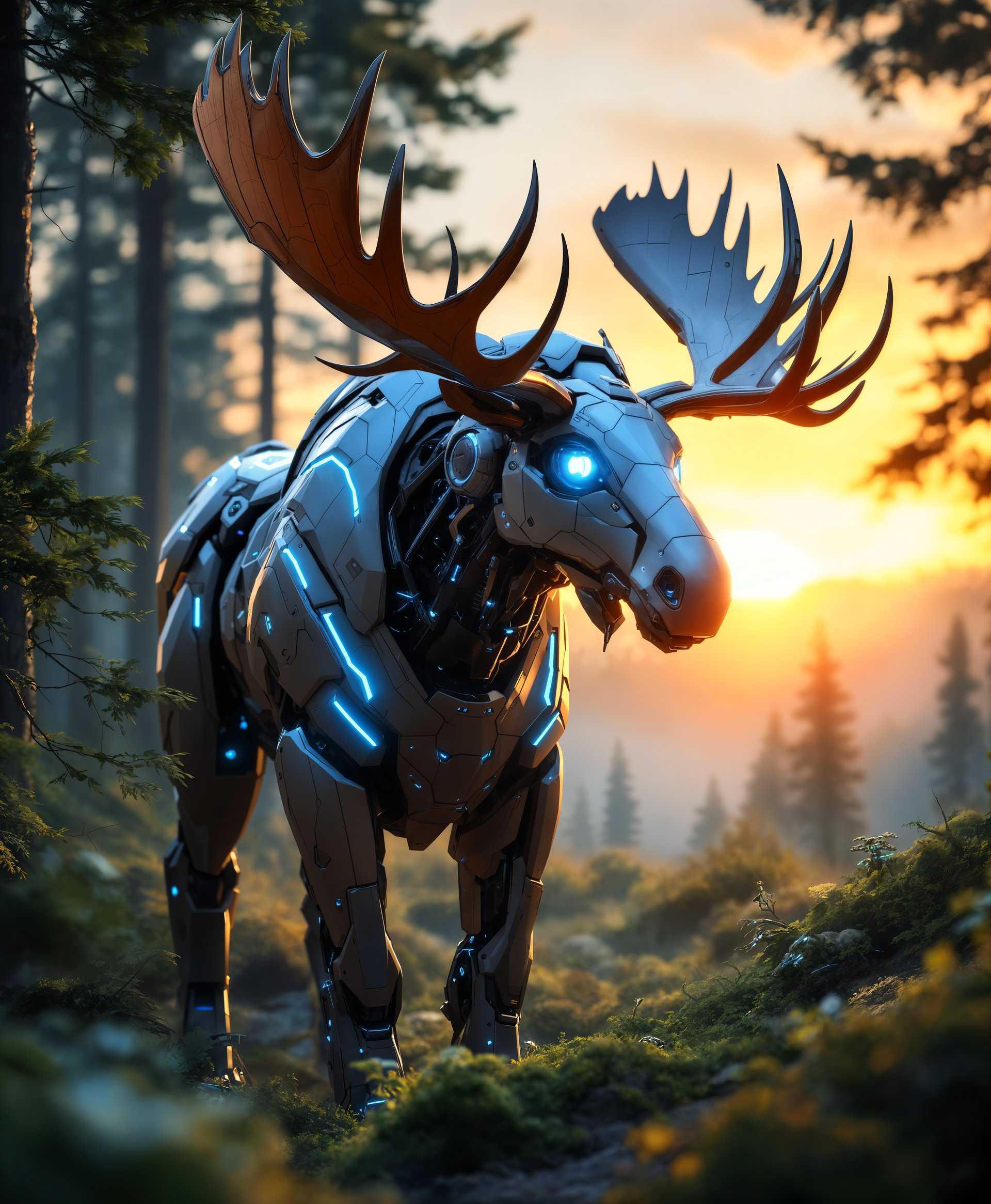 masterpiece, best quality, highres, sharp image, more detail, masterpiece, best quality, highres, sharp image, more detail, A highly detailed portrait of a **Mecha Moose** in the **futuristic wild**:

- **Subject**: A majestic, robotic moose with sleek, metallic armor plating that mimics the natural texture of fur, glowing blue lines tracing its mechanical joints, and large, expressive, digital eyes that convey a sense of intelligence.

- **Environment**: Surrounding the Mecha Moose is an expansive, futuristic wilderness. This includes towering, bio-luminescent trees with leaves that emit a soft, neon glow, reflecting off the mech's armor. The ground is covered with synthetic moss and small robotic critters.

- **Lighting**: The scene is bathed in the golden hour light, with the sun setting behind the silhouette of the Mecha Moose, casting long shadows and highlighting the intricate details of its design.

- **Style**: The image should be rendered in a **hyper-realistic style** with elements of **cyberpunk aesthetics**. Think of a blend between the detailed, photorealistic work of artists like Simon Stålenhag and the futuristic, tech-infused environments of movies like "Blade Runner 2049".

- **Composition**: The Mecha Moose is the central focus, standing at the edge of a clearing, looking towards the camera. The camera angle is slightly low to give the mech a dominant, imposing presence. The background should blur slightly to draw attention to the moose, creating a **bokeh effect** with the glowing flora.

- **Mood and Atmosphere**: The atmosphere is serene yet tinged with a sense of mystery and impending change. The lighting suggests the end of an era, perhaps the last of its kind, standing alone in a world where nature and technology have merged.

- **Technical Aspects**: Utilize **deep depth of field**, **high dynamic range (HDR) lighting** to capture the contrast between the mech's shiny surface and the ambient light, and **macro focus** on the mechanical details to emphasize the craftsmanship. 

This prompt should generate an image where the Mecha Moose appears almost as if it's part of the landscape, a guardian of the new, technologically advanced wilderness.