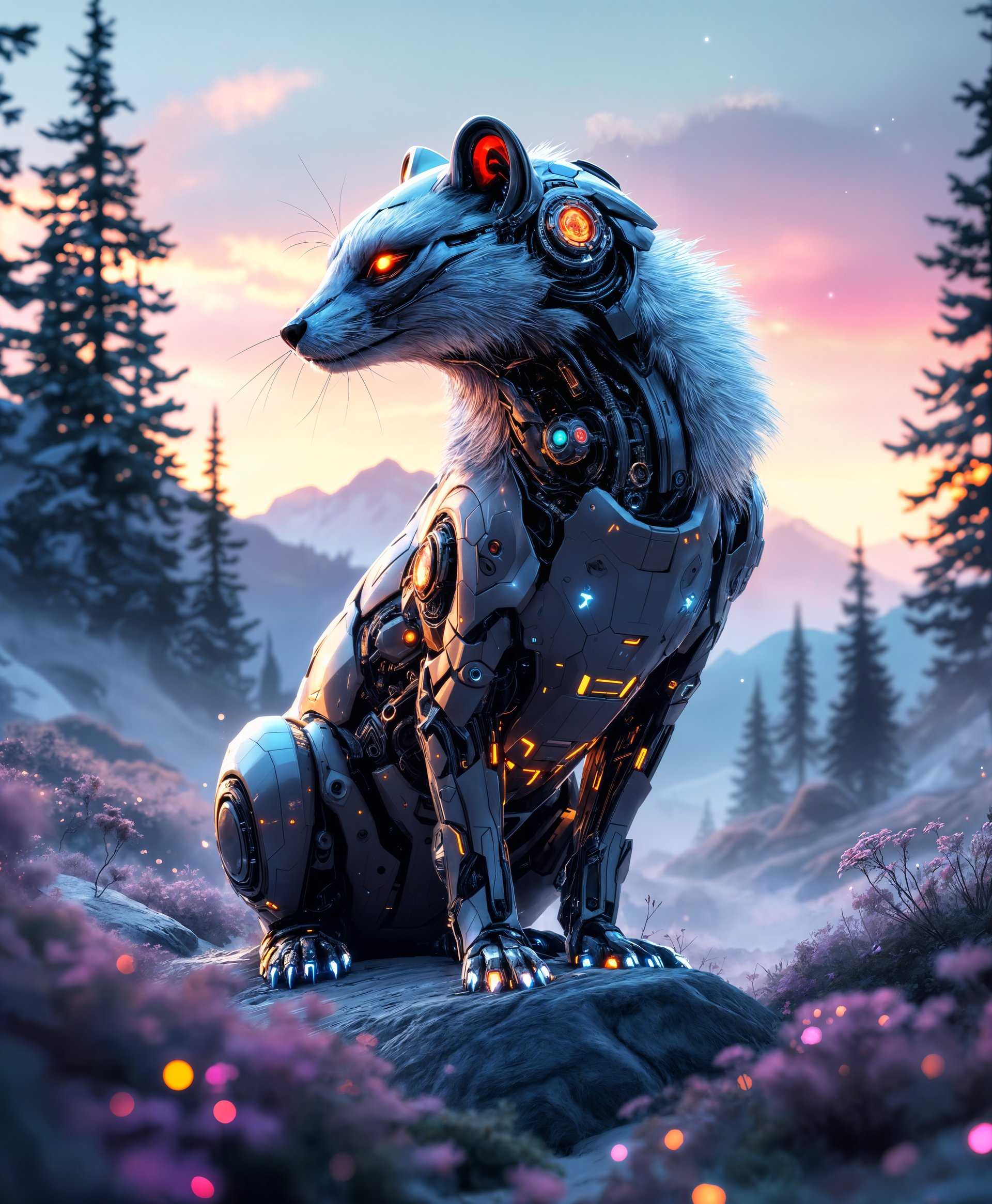 masterpiece, best quality, highres, sharp image, more detail, masterpiece, best quality, highres, sharp image, more detail, Generate a highly detailed portrait of a mecha Mink in a futuristic wild landscape:

**Subject**: A sleek, metallic mecha Mink with intricate mechanical details, such as gears and hydraulic systems visible through transparent panels. Its fur is made of a shimmering, silver nanofiber material, reflecting light in a way that mimics the natural sheen of a mink's coat.

**Environment**: The wild is reimagined with futuristic elements. Towering trees have bioluminescent leaves casting an ethereal glow, while the ground is covered with a carpet of small, glowing plants. In the distance, a cybernetic mountain range looms, its peaks obscured by a perpetual, neon-hued mist.

**Lighting**: The scene is lit by a setting sun, casting long shadows and highlighting the mecha Mink's form with a warm, golden light. The sky is painted in vibrant hues of pink and purple, with the stars beginning to twinkle, indicating an advanced, possibly terraformed environment.

**Style**: The image should evoke a blend of cyberpunk and naturalistic art, reminiscent of Syd Mead's detailed machine designs combined with the lush, vibrant ecosystems depicted in James Cameron's "Avatar."

**Composition**: The mecha Mink is positioned centrally, its head turned slightly to look towards the camera, creating an intimate connection with the viewer. The background elements are arranged to frame the Mink, with the trees and mountains creating a natural vignette effect.

**Mood and Atmosphere**: There's a serene yet mysterious atmosphere, with the quiet hum of machinery and the gentle rustle of the futuristic flora. The scene suggests a world where technology and nature coexist in harmony, creating a sense of awe and wonder.

**Technical Aspects**: Use a shallow depth of field to focus on the mecha Mink, with the background softly blurred to emphasize its prominence. Employ high dynamic range imaging (HDRI) to capture the rich colors and contrast between the artificial and natural elements.