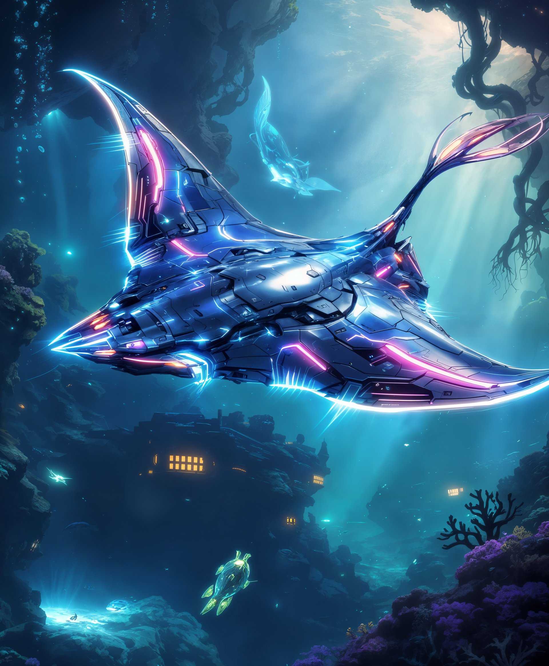 masterpiece, best quality, highres, sharp image, more detail, masterpiece, best quality, highres, sharp image, more detail, Create an ultra-high-resolution digital painting of a **Mecha Manta Ray** gracefully gliding through the **futuristic sea**. The mecha's sleek, metallic body should reflect the **neon lights** from the underwater cityscape, casting **dynamic light and shadows** across its surface. 

**Visual Details:**
- The mecha's exterior features **intricate mechanical patterns** reminiscent of high-tech circuitry, with **glowing lines of energy** running along its body, illuminating the surrounding water with **vibrant hues** of blue, purple, and green.
- The manta ray's **wings** are adorned with **mechanical fins and thrusters**, providing propulsion and stability, with **water droplets** beading off in the wake of its movement.
- **Coral-like structures** and **seaweed** are intertwined with **futuristic buildings**, creating a **symbiotic environment** where technology and nature coexist.

**Style:**
- The image should evoke a **cyberpunk aesthetic**, blending **organic forms** with **advanced technology**, in a style reminiscent of **digital concept art** by artists like **Katsuya Terada** or **Moebius**.

**Composition:**
- The mecha Manta Ray is **center-framed**, with the camera positioned at a **slight angle below** to capture its majesty and scale against the underwater cityscape.
- Use **rule of thirds** to balance the subject with the vibrant, futuristic underwater environment, ensuring the viewer's eye is drawn to the mecha while still appreciating the backdrop.

**Mood and Atmosphere:**
- The scene should exude a **sense of wonder** and **serenity**, with the **mysterious, alien-like beauty** of an underwater city at twilight, where the **lights create an ethereal glow**.
- The atmosphere is **calm** yet **technologically advanced**, with **subtle bubbles** and **distant, glowing structures** hinting at the city's life below the surface.

**Technical Aspects:**
- Utilize **depth of field** to focus on the mecha while allowing the background to blur slightly, emphasizing the subject's detail.
- Implement **HDR techniques** to capture the wide range of lighting from the dark depths to the illuminated cityscape.

**Cohesion:**
- Ensure the **color palette** harmoniously blends **cool underwater tones** with **neon accents**, creating a unified visual narrative of a futuristic, underwater civilization.