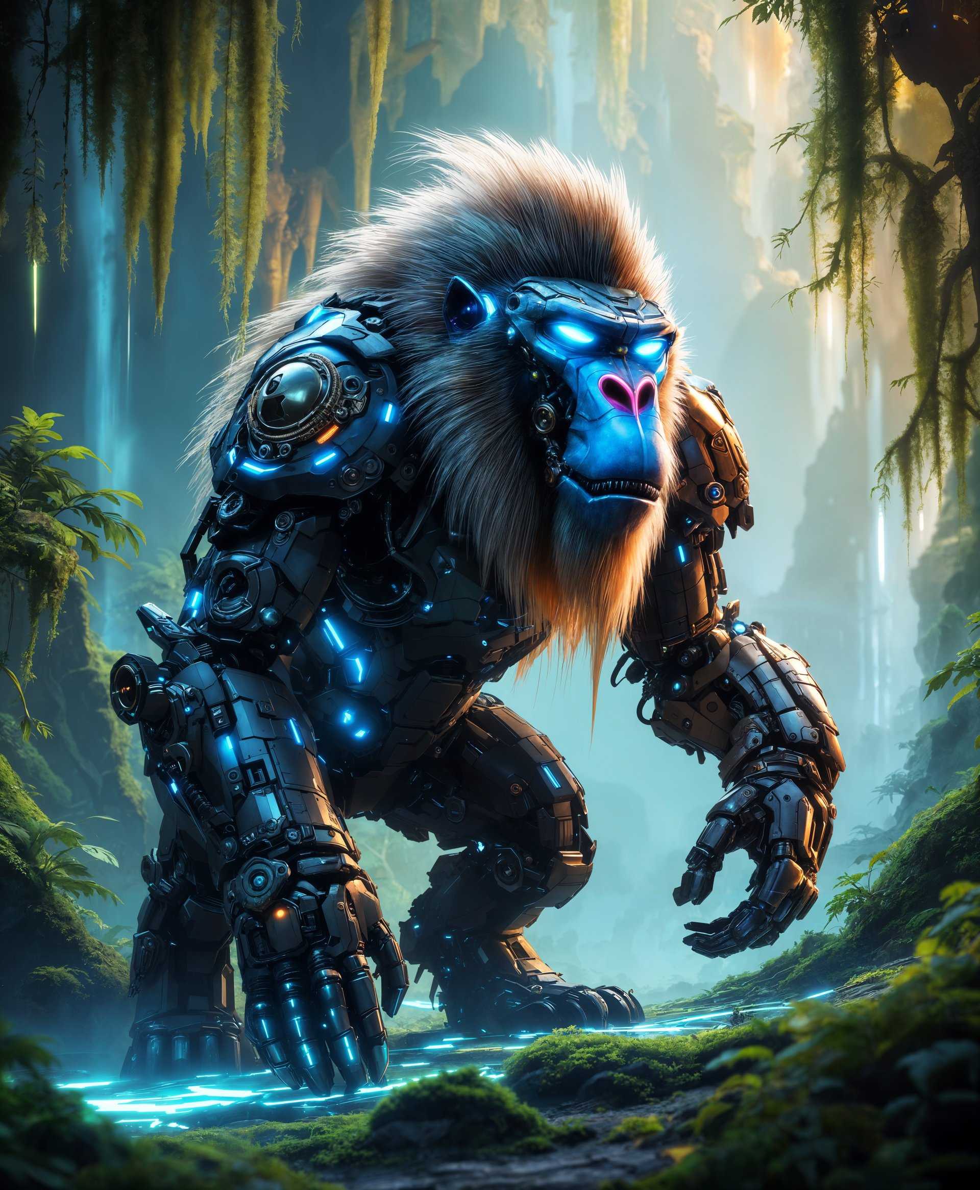 masterpiece, best quality, highres, sharp image, more detail, masterpiece, best quality, highres, sharp image, more detail, Create a highly detailed portrait of a **Mecha Mandrill** in the **futuristic wild**:

- **Subject**: A majestic mandrill transformed into a mechanical marvel, with intricate gears, pistons, and metallic fur, capturing the essence of its natural beauty and power through robotic enhancements. Its eyes glow with a vibrant, electric blue, and its fur shimmers with a metallic sheen under the futuristic lighting.

- **Environment**: The mandrill stands amidst a landscape of towering, neon-lit trees and lush, cybernetic foliage. The ground is covered with a carpet of glowing moss, and the atmosphere is thick with the mist from nearby waterfalls powered by unseen technology.

- **Composition**: The mecha mandrill is the focal point, positioned in a three-quarters view to showcase its mechanical complexity and regal stance. The camera angle is slightly below eye level, emphasizing its grandeur against the backdrop of the futuristic jungle.

- **Style**: The image should evoke the feel of a **cyberpunk** art piece, with influences from **steampunk** detailing. The style should blend organic elements with mechanical precision, resembling the work of Syd Mead's futuristic landscapes combined with the detailed, mechanical beauty of H.R. Giger's biomechanical designs.

- **Lighting**: Use dramatic, high-contrast lighting with neon glows and soft, ambient light from the jungle's artificial flora, creating deep shadows that accentuate the mandrill's mechanical features and the depth of the jungle.

- **Mood and Atmosphere**: The scene exudes a sense of awe and wonder, with an undercurrent of mystery and the unknown. The time is twilight, where the sky is painted with hues of purple and pink, blending into the artificial lights of the wild.

- **Technical Aspects**: Utilize techniques like **bokeh** to focus on the mandrill while allowing the background to softly blur, enhancing the depth of field. Employ **hyper-detail** rendering to capture every gear, bolt, and circuit on the mandrill, ensuring it looks both functional and fantastical.

- **Cohesion**: All elements should harmonize to create a believable, immersive scene where technology and nature have intertwined to form a new ecosystem, with the mecha mandrill as its pinnacle predator.