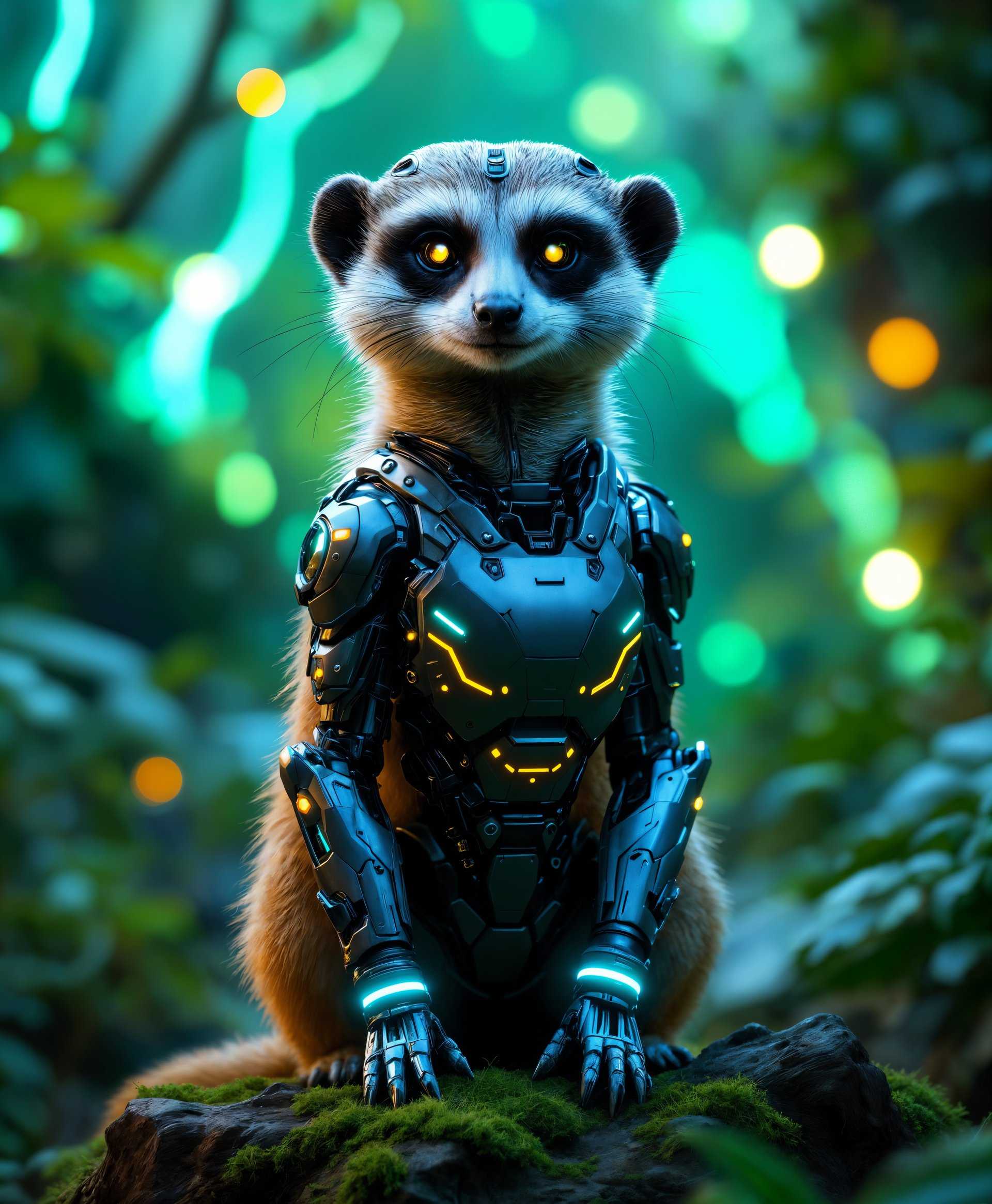 masterpiece, best quality, highres, sharp image, more detail, **Prompt:** Create a highly detailed portrait of a *Mecha Meerkat* in a futuristic wild setting:

- **Visual Details:** The mecha meerkat should have a sleek, metallic body with intricate mechanical parts and vibrant LED lighting accents in blue and green. Its eyes should glow with a soft, yellow light, and its fur should be replaced by segmented armor plates that mimic the texture of real meerkat fur. The background should feature a dense, overgrown jungle with futuristic, neon-lit plants and vines that glow in the dark, casting an eerie, yet beautiful light on the meerkat.

- **Style:** Combine elements of cyberpunk art with hyper-realistic rendering techniques. Use a high-definition, photorealistic approach to capture the intricate details of both the mecha meerkat and the futuristic flora.

- **Composition:** The mecha meerkat should be positioned in the center of the frame, standing alertly on a moss-covered log. The camera should be at eye level with the meerkat, providing a close-up view that emphasizes its mechanical features while still allowing the futuristic jungle to frame the scene in the background.

- **Mood and Atmosphere:** The scene should evoke a sense of mystery and awe. The time of day should be dusk, with the sky transitioning into a deep indigo, punctuated by the glow of the neon plants. This setting should convey a serene yet slightly ominous atmosphere, highlighting the contrast between nature and technology.

- **Technical Aspects:** Use a shallow depth of field to blur the background slightly, focusing on the mecha meerkat. Employ techniques like HDRI to enhance the lighting and shadow details, making the metallic surfaces reflect light realistically. Consider using a 50mm lens for a natural perspective.

- **Cohesion:** The overall image should blend seamlessly the elements of cyberpunk technology with the untouched beauty of nature, creating a believable, immersive environment where advanced technology and the wild coexist harmoniously.