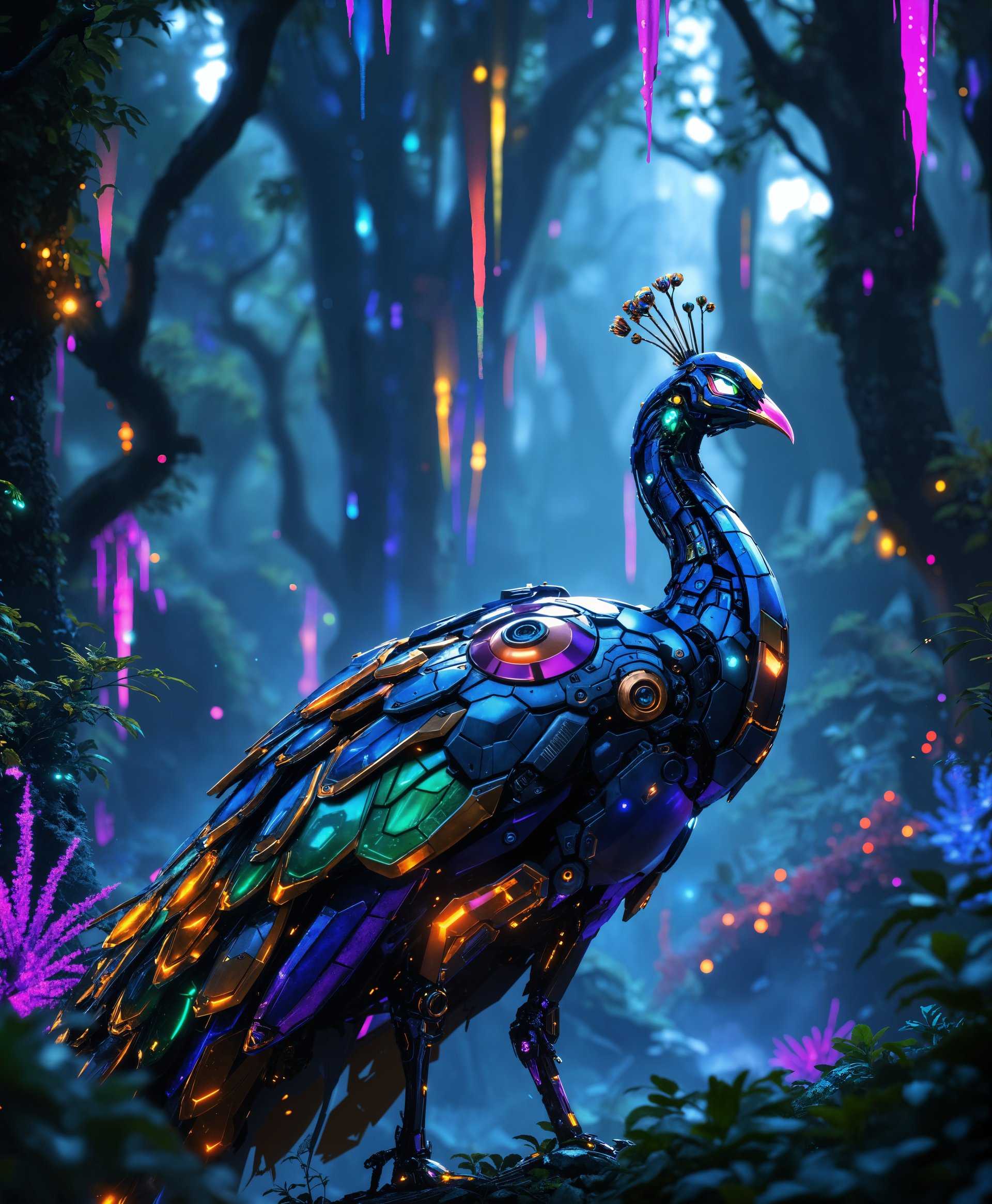 masterpiece, best quality, highres, sharp image, more detail, masterpiece, best quality, highres, sharp image, more detail, Create a highly detailed, ultra-realistic portrait of a **mecha peacock** set against the backdrop of a **futuristic wild**:

- **Subject**: A majestic mecha peacock, its metallic feathers intricately designed to mimic the iridescent colors and patterns of a real peacock, with an emphasis on:
  - **Colors**: Reflective surfaces showcasing a spectrum of blues, greens, and hints of gold.
  - **Textures**: Smooth, polished metal contrasting with rough, weathered parts from its adventures in the wild.
  - **Lighting**: Dynamic light and shadow play to highlight the mechanical complexity and the futuristic setting.

- **Setting**: A dense, alien jungle with:
  - **Vegetation**: Bioluminescent plants and towering, metallic trees that blend organic and synthetic elements.
  - **Time of Day**: Twilight, where the last light of day mixes with the glow of the plants, creating a surreal atmosphere.
  - **Atmosphere**: A thin mist hovers, enhancing the mysterious and otherworldly feel.

- **Composition**:
  - **Camera Angle**: Low angle, looking up at the peacock to emphasize its grandeur and the towering trees around it.
  - **Framing**: The mecha peacock is positioned centrally, with its tail fanned out, dominating the frame, while the background subtly fades into a soft focus.

- **Style**: Inspired by **cyberpunk aesthetics** with influences from:
  - **Art Movement**: Post-modern futurism, incorporating elements of **steampunk** for the mechanical design.
  - **Photography Technique**: Use of **bokeh** to blur the background, focusing on the subject, and **long exposure** to capture the motion of the tail.

- **Mood and Atmosphere**: Convey a sense of awe, mystery, and the sublime beauty of nature meeting technology, with:
  - **Lighting**: Backlit to create a silhouette effect, with the peacock's eyes glowing, hinting at its advanced AI.

- **Technical Aspects**: 
  - **Depth of Field**: Shallow, to isolate the mecha peacock from the intricate background.
  - **Exposure**: Balanced to capture the details of the metalwork while preserving the ambient lighting of the scene.

This portrait should evoke a harmonious blend of nature, technology, and the unknown, encapsulating the essence of a futuristic wild where mechanical life forms thrive alongside organic ones.