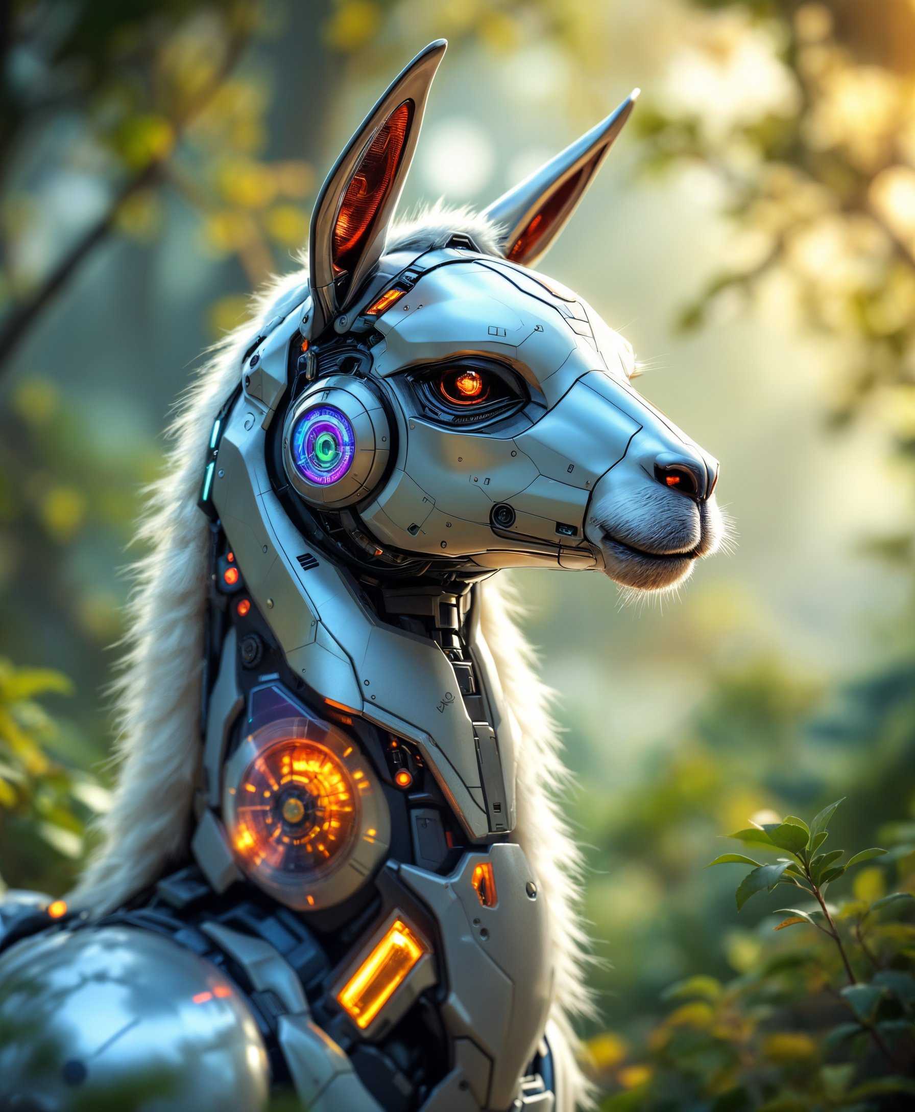 masterpiece, best quality, highres, sharp image, more detail, A highly detailed **portrait** of a **mecha Llama** in the **futuristic wild**, with:

- **Visual Details**: 
  - The mecha Llama's sleek, metallic exterior with **intricate mechanical components** visible through **translucent armor panels**, reflecting the **vivid colors** of the environment.
  - **Textures**: Smooth, high-gloss surfaces contrasted with **textured, rugged** landscapes.
  - **Lighting**: **Soft, diffused sunlight** filtering through **cybernetic trees**, creating **dynamic shadows** and **reflections** on the mecha Llama's body.

- **Style**: 
  - **Photorealistic** with elements of **cyberpunk aesthetics**, capturing the **high-tech** nature of the mecha Llama against an **overgrown, post-apocalyptic wilderness**.

- **Composition**: 
  - The mecha Llama is **centered** in the frame, **facing slightly to the left**, suggesting movement through the terrain. 
  - **Camera Angle**: Low to emphasize the grandeur and scale of the mecha Llama, with a **wide angle** to capture the **expansive, futuristic landscape**.
  - **Depth of Field**: Shallow focus to keep the mecha Llama sharp, with the background **softly blurred**, enhancing the **sense of depth**.

- **Mood and Atmosphere**: 
  - The scene exudes **mystique and wonder**, set in the **early morning** with **misty, vibrant colors** of a **futuristic dawn**. 
  - **Weather**: A light **fog** envelops the scene, creating an **otherworldly atmosphere**.

- **Technical Aspects**: 
  - **Bokeh** effect in the background to **isolate the subject**.
  - **High Dynamic Range** (HDR) to capture the contrast between the **mecha's bright, reflective surfaces** and the **darker, mysterious wild**.
  - **Motion Blur** subtly added to the mecha Llama's legs to imply **movement**.

- **Cohesion**: 
  - All elements contribute to a **harmonious blend** of **futuristic technology** and **untamed nature**, creating a **believable, immersive scene** where technology and nature coexist.