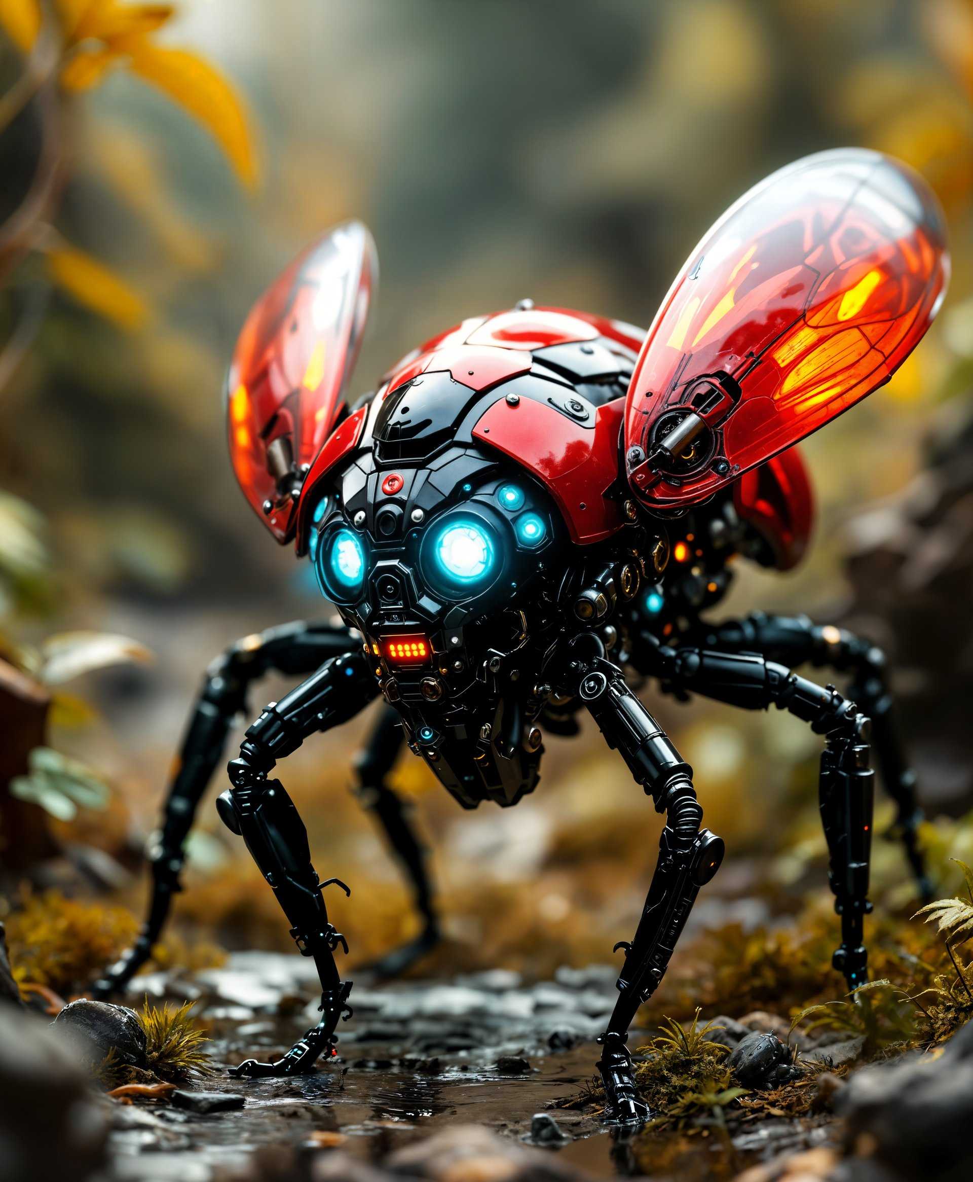 masterpiece, best quality, highres, sharp image, more detail, masterpiece, best quality, highres, sharp image, more detail, Generate an ultra-high-definition portrait of a **Mecha Ladybug** designed with futuristic aesthetics. The ladybug robot should be:

- **Visual Details**: Constructed with glossy metallic surfaces in a vibrant red and black color scheme, with intricate mechanical details like gears, pistons, and hydraulic systems visible. Its eyes are glowing with a soft, luminous blue light, and its wings are articulated, featuring a translucent, iridescent material that catches the light.

- **Style**: The portrait should evoke the essence of **Steampunk** with elements of **Cyberpunk** design, showcasing a blend of Victorian machinery with advanced technology. The image should have a **hyper-realistic** quality, focusing on minute textures and reflections.

- **Composition**: The mecha ladybug is the focal point, positioned in the center of the frame with a slight tilt, suggesting movement. The background consists of lush, overgrown vegetation with hints of futuristic ruins, suggesting a **post-apocalyptic** setting. Use a **macro lens effect** to capture the details of the mecha ladybug, with a shallow depth of field to blur the wild surroundings.

- **Mood and Atmosphere**: The scene should convey a sense of **serenity amidst chaos**, with the mecha ladybug appearing as a guardian in the wild. The lighting should mimic **golden hour** with warm, soft light filtering through the foliage, casting long shadows and creating a **mystical ambiance**.

- **Technical Aspects**: Employ **bokeh** to emphasize the subject, **high dynamic range (HDR)** imaging to capture both the bright and dark areas effectively, and **ray tracing** for realistic light reflections on the mecha ladybug's surface. Use **composite photography** techniques to blend the mechanical elements with the organic environment seamlessly.

This portrait should blend **futuristic technology** with **nature**, creating a harmonious yet surreal image that highlights the juxtaposition of the wild and the mechanical.