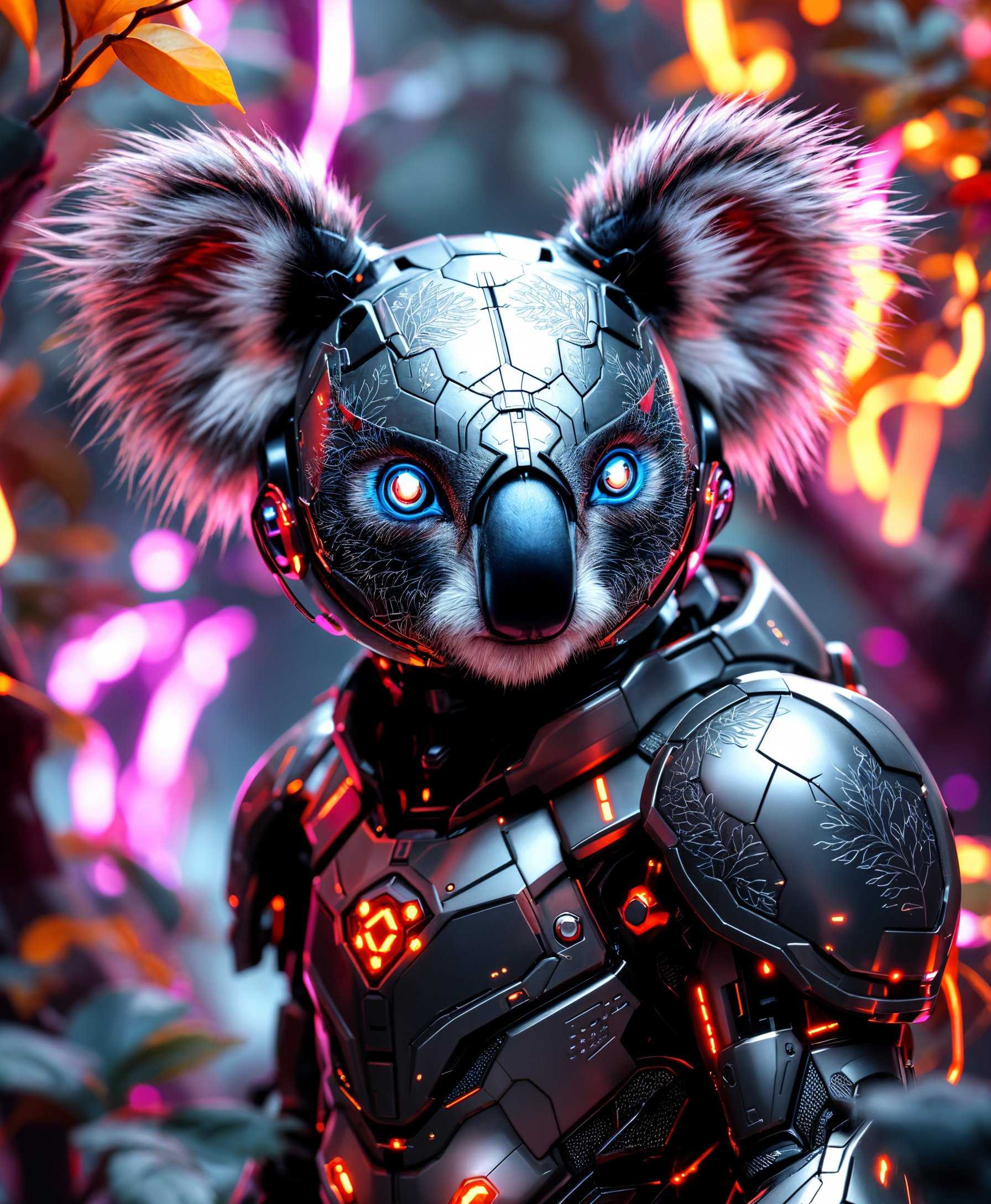 masterpiece, best quality, highres, sharp image, more detail, **Prompt:**

Imagine a highly detailed portrait of a **mecha Koala** set in the **futuristic wild**. 

**Visual Details:**
- The Koala's fur is replaced by a sleek, metallic armor with intricate engravings mimicking eucalyptus leaves, colored in shades of **iridescent green** and **gunmetal gray**.
- Its eyes are glowing with a **soft blue light**, reflecting an advanced AI.
- The background is filled with **futuristic flora**; trees with metallic leaves and glowing, neon vines, creating a **cybernetic forest** ambiance.

**Style:**
- The image is rendered in a **cyberpunk** style, with a touch of **hyperrealism** to emphasize the mechanical details and organic integration.

**Composition:**
- The mecha Koala is positioned slightly to the side, looking towards the viewer, with its head turned at a three-quarter angle for depth.
- The camera is at eye level with the Koala, creating an intimate connection between the subject and the viewer.

**Mood and Atmosphere:**
- The scene captures the **dusk** in the futuristic wild, with the **horizon line just visible** through the metallic forest, casting long, **violet shadows**.
- A **hazy, digital fog** enhances the mood, suggesting a blend of nature and technology.

**Technical Aspects:**
- **Depth of field** is shallow, focusing sharply on the Koala while the background is slightly blurred to highlight its features.
- Use **bokeh** to create a soft, out-of-focus background, emphasizing the subject's mechanical beauty.
- Employ **high dynamic range** to capture both the bright metallic sheen and the darker, shadowed areas of the forest.

**Cohesion:**
- The entire scene exudes a sense of **peaceful coexistence** between technology and nature, where the mecha Koala is both a guardian and a part of this new ecosystem.