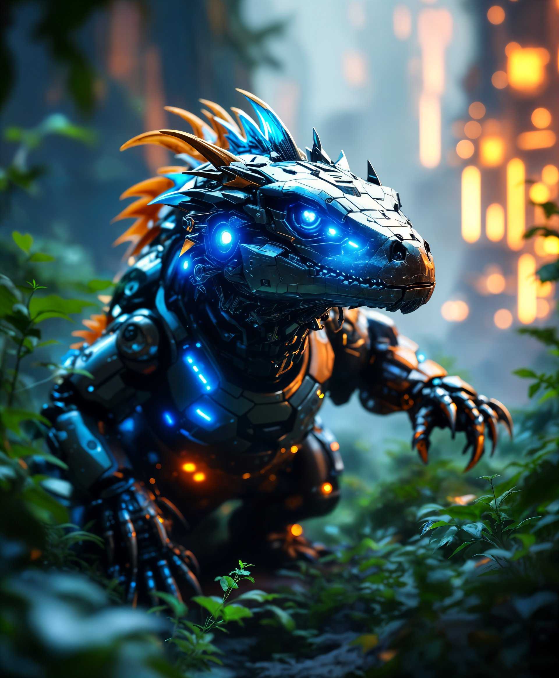 masterpiece, best quality, highres, sharp image, more detail, masterpiece, best quality, highres, sharp image, more detail, Create an ultra-high-resolution portrait of a **futuristic mecha Komodo Dragon** in its **natural, wild environment**. 

**Visual Details:**
- The Komodo Dragon should have **sleek, metallic scales** that reflect light, with intricate mechanical components visible beneath a transparent armor. 
- Its eyes should glow with an **eerie, neon blue light**, and its claws should be **razor-sharp, articulated metal**.
- The background features **lush, overgrown vegetation** with **vibrant, neon colors** highlighting bioluminescent flora, contrasting with the **dystopian, metallic structures** in the distance.

**Style:**
- Employ a **cyberpunk aesthetic**, blending organic elements with **futuristic technology**. 
- Use **hyper-realistic rendering** with **high contrast lighting** to emphasize the textures of both the natural and mechanical elements.

**Composition:**
- The mecha Komodo Dragon is **front and center**, filling the frame, with its head slightly turned to face the viewer.
- Camera angle is **low, looking up** at the creature, accentuating its power and dominance in this futuristic setting.

**Mood and Atmosphere:**
- The scene is set at **twilight**, with a **hazy, purple sky** and **neon lights** casting long shadows. 
- The atmosphere should be **mysterious and slightly ominous**, with the **hum of machinery** in the background.

**Technical Aspects:**
- Focus on **depth of field** to blur the background while keeping the Komodo Dragon sharply in focus.
- Use **bokeh effects** to enhance the neon lights and **lens flares** to add to the futuristic feel.

**Cohesion:**
- The image should seamlessly blend the **untamed nature** of the Komodo Dragon with **advanced, futuristic technology**, creating a **believable, immersive scene** where the two elements coexist harmoniously.